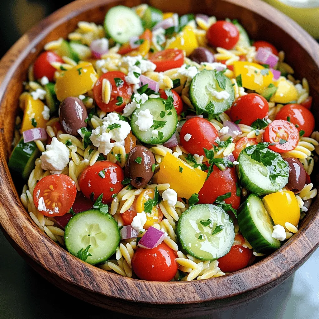 To make an Easy Greek Orzo Salad, gather these fresh ingredients. Each one adds flavor and texture to the dish. - 1 cup orzo pasta - 1 large cucumber, diced - 1 cup cherry tomatoes, halved - 1/2 red onion, finely chopped - 1 bell pepper (choose red or yellow), diced - 1/2 cup Kalamata olives, pitted and sliced - 1/2 cup feta cheese, crumbled - 1/4 cup fresh parsley, chopped For the dressing, you will need: - 3 tablespoons extra virgin olive oil - 2 tablespoons freshly squeezed lemon juice - 1 teaspoon dried oregano - Salt and freshly ground pepper to taste These ingredients create a bright and delicious salad that is both healthy and filling. The orzo pasta serves as a great base, while the colorful veggies bring crunch and freshness. The feta cheese gives a creamy touch, and the olives add a salty kick. This mix makes every bite exciting! Using fresh herbs, like parsley, brightens the dish even more. The dressing is simple but adds a lot of flavor. The olive oil and lemon juice balance each other perfectly. You can find the full recipe to guide you through this fun cooking process. Start by boiling a large pot of salted water. Once the water bubbles, add 1 cup of orzo pasta. Cook it according to the package instructions until it's al dente. This usually takes about 8 to 10 minutes. When done, drain the orzo in a colander. Rinse it under cold water to stop the cooking. Set the orzo aside to cool. While your orzo cooks, wash and chop the vegetables. Dice 1 large cucumber into small cubes. Finely chop 1/2 red onion. Dice 1 bell pepper, either red or yellow works great. Cut 1 cup of cherry tomatoes in half. This helps to release their sweet juices, adding flavor to the salad. In a big mixing bowl, add your cooled orzo. Toss in the diced cucumber, halved cherry tomatoes, chopped red onion, diced bell pepper, and 1/2 cup of sliced Kalamata olives. Crumble in 1/2 cup of feta cheese and add 1/4 cup of chopped fresh parsley. This mix of colors and textures will make your salad pop. Grab a small bowl for the dressing. Whisk together 3 tablespoons of extra virgin olive oil, 2 tablespoons of freshly squeezed lemon juice, and 1 teaspoon of dried oregano. Add a pinch of salt and pepper. Whisk until everything blends well together. This dressing will tie all the flavors in your salad. Drizzle the dressing over your salad mix. Gently toss all the ingredients so they coat evenly. Be careful not to break the feta cheese too much, as you want those lovely crumbles in your salad. To boost the flavors, cover the salad and pop it into the fridge for at least 30 minutes. This resting time helps the ingredients meld beautifully. Serve the salad chilled or at room temperature. For a nice touch, serve it in a large, colorful bowl and garnish with extra feta and whole olives on top. Enjoy this refreshing Greek orzo salad! For the full recipe, check out the [Full Recipe]. To cook orzo well, use a large pot. Fill it with water and add salt. This adds flavor to the pasta. Bring the water to a boil. Then, add the orzo and stir. Cook it until it is al dente. This usually takes about 8-10 minutes. Drain the orzo in a colander. Rinse it under cold water to stop the cooking. This keeps the orzo firm. Fresh ingredients make your salad shine. Look for bright-colored vegetables. Choose cucumbers that are firm and crunchy. For tomatoes, pick ones that are plump and juicy. Red onions should feel solid and have a nice color. Select bell peppers that are smooth and vibrant. When picking olives, go for Kalamata for their rich taste. Fresh parsley adds a nice touch too. Use herbs that are bright and fragrant. Seasonings bring your salad to life. Start with olive oil and lemon juice for a fresh taste. Use extra virgin olive oil for its rich flavor. Fresh lemon juice keeps it bright and zesty. Add dried oregano for a hint of earthiness. Don’t forget to sprinkle salt and pepper to taste. Taste your salad before serving. Adjust the seasonings to suit your preference. This makes a big difference in flavor. For a twist, try adding a little garlic powder or red pepper flakes for heat. {{image_4}} You can boost the protein in your Greek Orzo Salad easily. Grilled chicken adds a savory touch. Simply slice it thinly and mix it in. Chickpeas are another great choice. They add a nice, nutty flavor and texture. Use canned chickpeas for quick prep. Just rinse and toss them in. This way, you make your salad heartier and more filling. If you want a vegan version, swap out the feta cheese. Use cubes of avocado for creaminess. You can also try vegan feta made from nuts. It gives a nice taste without any dairy. This keeps your salad light while still being rich in flavor. Don’t forget to check the dressing. Use a dairy-free oil and lemon mix for the best taste. Get creative with your veggies! Spinach adds a fresh, leafy crunch. You can mix in baby spinach right before serving. Artichokes bring a unique taste. Add marinated artichokes for extra zest. Bell peppers can also be switched for other colors. Each veggie brings its own flavor, so feel free to explore. You can find many options to make your salad unique. For more ideas, check out the Full Recipe. After enjoying your Easy Greek Orzo Salad, you may have some leftovers. To store them, place the salad in an airtight container. Cover it tightly to keep air and moisture out. This helps keep the salad fresh. You can store it in the fridge for up to three days. Using glass containers works best for storage. They are safe and easy to clean. You can also use BPA-free plastic containers. Make sure they have a secure lid to prevent spills. Avoid using metal containers, as they can react with the ingredients. This salad is best served cold and does not need reheating. If you prefer it warm, try gently warming it on the stove over low heat. Stir often to avoid overcooking the vegetables. You can also add a splash of olive oil for extra flavor. Easy Greek Orzo Salad can last up to five days in the fridge. Make sure to store it in an airtight container. After a day or two, the veggies may get a bit softer, but the taste stays fresh. Yes, you can make this salad ahead of time. It tastes even better after sitting for a few hours. Making it the night before works well too. Just remember to cover it and keep it in the fridge. If you can't find feta cheese, try using goat cheese or a dairy-free option. Crumbled cotija cheese also adds a nice touch. These options keep the flavor creamy and rich. No, orzo is not gluten-free. It is made from wheat. If you need a gluten-free option, consider using quinoa or gluten-free pasta instead. Both have a similar texture and work well in salads. Absolutely! Adding nuts or seeds can give your salad a great crunch. Try almonds, walnuts, or sunflower seeds. They also add healthy fats and protein, making the dish even better. For the full recipe, click [Full Recipe]. In this blog post, we explored the tasty and fresh Easy Greek Orzo Salad. We covered the ingredients, step-by-step instructions, and helpful tips for perfecting the dish. I also shared variations to suit your taste and ideas for storing leftovers. This salad is easy to make and is great for any meal. Enjoy the flavors and feel free to get creative with it. Simple meals can bring joy, and this one stands out. Try making it today!