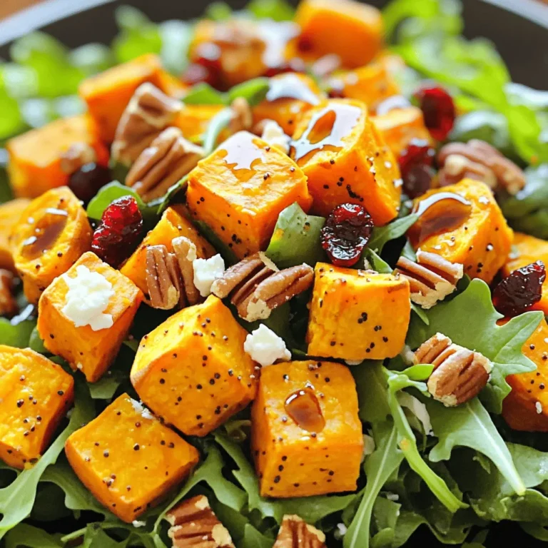 - Essential ingredients for Roasted Sweet Potato Salad - 2 large sweet potatoes, peeled and cut into bite-sized cubes - 3 cups mixed greens (including arugula, spinach, and kale) - 1/2 cup pecans, coarsely chopped - 2 tablespoons olive oil, divided - 3 tablespoons pure maple syrup - 1 teaspoon ground cinnamon - 1/2 teaspoon sea salt - 1/4 teaspoon freshly ground black pepper - 1/4 cup feta cheese, crumbled (optional) - 1/4 cup dried cranberries - Optional ingredients for customization - Add avocado for creaminess - Toss in sliced apples for crunch - Substitute walnuts for pecans - Use goat cheese instead of feta - Nutritional benefits of each ingredient - Sweet potatoes provide fiber and vitamin A, promoting good vision and skin health. - Mixed greens are low in calories yet high in vitamins and minerals. - Pecans add healthy fats, protein, and antioxidants, supporting heart health. - Olive oil offers healthy monounsaturated fats, aiding in nutrient absorption. - Maple syrup adds a natural sweetness, with antioxidants that may help reduce inflammation. - Cinnamon can help regulate blood sugar levels, providing extra health benefits. - Sea salt enhances flavor while maintaining electrolyte balance. - Black pepper may improve digestion and nutrient absorption. - Feta cheese gives calcium and adds a creamy texture. - Dried cranberries bring sweetness and are rich in vitamins and fiber. This salad is not just delicious but also packed with nutrients. For the full recipe, check out the details above! To start, peel the sweet potatoes carefully. Use a sharp peeler to avoid waste. After peeling, cut them into bite-sized cubes. Aim for uniform pieces to ensure even cooking. For seasoning, mix the cubes in a bowl with olive oil, ground cinnamon, sea salt, and black pepper. Make sure each piece is well-coated. This step adds flavor and enhances the natural sweetness of the potatoes. Preheat your oven to 425°F (220°C). This high heat helps caramelize the sweet potatoes. Spread the seasoned cubes on a baking sheet lined with parchment paper. Roast them for 25 to 30 minutes. Flip them halfway through so they cook evenly. To check for doneness, poke a cube with a fork. It should be tender inside and lightly browned outside. If they need more time, roast for an additional 5 minutes. To make the crunchy maple pecans, heat a skillet over medium heat. Add chopped pecans, the remaining olive oil, and maple syrup to the pan. Stir often to avoid burning. Cook for about 4 to 5 minutes. You want to see the pecans turn golden brown and caramelized. Once done, remove the skillet from heat. Allow the pecans to cool slightly. This cooling time helps them become crispier. These pecans add a lovely crunch to the salad, making each bite exciting. For the full recipe, check the earlier section. Enjoy your cooking! To avoid soggy sweet potatoes, ensure you cut them into even cubes. This helps them cook evenly. Next, don't overcrowd the baking sheet. Give them space to roast. Use parchment paper for easy cleanup and to prevent sticking. For best caramelization, preheat your oven to 425°F (220°C). Toss the sweet potatoes with olive oil and spices. This gives them a nice coat. Roast them for 25-30 minutes. Flip them halfway through to ensure they brown nicely. Layering your salad is key for great flavor. Start with the mixed greens as a base. Next, add the roasted sweet potatoes while they are warm. This helps the greens wilt slightly, enhancing the taste. Sprinkle the crunchy maple pecans, cranberries, and feta on top. For presentation, use a large platter for family-style serving. Divide into individual bowls for a personal touch. Add a few extra cranberries and whole pecans on top for a decorative finish. To complement the salad, I recommend a simple balsamic vinaigrette. It balances the sweetness of the sweet potatoes. You can make your own dressing easily. Just mix olive oil, balsamic vinegar, and a bit of honey. Shake well and drizzle over the salad before serving. For more options, try a citrus vinaigrette. The brightness works well with sweet potatoes. You can find the full recipe to see more ideas. {{image_4}} You can switch up the greens in this salad. Try using baby spinach or even romaine. Each green brings its own taste and texture. For added crunch, consider using sunflower seeds or pumpkin seeds instead of pecans. These swaps can change the flavor and keep things interesting. This salad shines in every season. In summer, add fresh berries like strawberries or blueberries. They add sweetness and color. For fall, toss in some roasted Brussels sprouts or apples for warmth. In winter, consider using roasted beets or citrus fruits like oranges for a refreshing twist. Using seasonal fruits or veggies not only boosts flavor but also nutrition. If you want a gluten-free version, this salad is already a great choice. Just make sure the maple syrup is pure and gluten-free. For a vegan option, skip the feta cheese or use a plant-based alternative. You can also swap out the pecans for any nut or seed you prefer. This way, you can avoid allergens without losing taste. For the full recipe, check the earlier sections to get all the steps and details! To store leftover roasted sweet potato salad, place it in the fridge. Use an airtight container to keep it fresh. This helps maintain the flavor and texture of the salad. Make sure to let it cool before sealing. You can enjoy the leftovers within 3 to 4 days. If you want to keep the salad longer, you can freeze the sweet potatoes. First, spread the cooled sweet potato cubes on a baking sheet. Freeze them for a few hours until firm. Then, transfer the cubes to a freezer-safe bag. They can last up to three months in the freezer. When you're ready to eat, thaw the sweet potatoes overnight in the fridge. To reheat, place them on a baking sheet and warm them in a preheated oven at 350°F (175°C) for about 15 minutes. This will help bring back their nice texture and flavor. Remember, you can’t freeze mixed greens, so add those fresh when you serve the salad. For the full recipe, check out the complete instructions above. You can serve this salad with many tasty proteins. Here are some ideas: - Grilled chicken - Baked salmon - Roasted chickpeas - Quinoa for a plant-based option These proteins will add great flavor and make your meal more filling. They pair well with the sweet and crunchy elements of the salad. Roasted sweet potato salad lasts about 3 to 5 days in the fridge. To store it safely: - Keep it in an airtight container. - Avoid adding dressing until you serve. This helps keep the greens fresh and crisp. Yes, you can make this salad ahead of time! Here are some tips: - Roast the sweet potatoes and pecans but wait to mix them with greens. - Store each part in separate containers. - Combine just before serving to keep everything fresh. This way, you can enjoy the salad without losing that great texture. Roasting sweet potatoes is simple and rewarding. Here are key steps for great results: 1. Cut evenly: Dice sweet potatoes into similar-sized cubes. This helps them cook evenly. 2. Use oil: Toss them with olive oil before roasting. This adds flavor and helps with browning. 3. High heat: Roast at 425°F (220°C). This temperature creates a nice caramelized edge. 4. Flip once: Halfway through cooking, flip the sweet potatoes. This ensures they roast evenly and get crispy. Follow these steps for perfectly roasted sweet potatoes in your salad. Roasted sweet potato salad is a tasty and healthy dish. We covered key ingredients, from essential to optional, and their benefits. You learned to prepare and roast sweet potatoes perfectly while creating crunchy maple pecans for added flavor. We discussed tips for assembling your salad nicely and dressing options that enhance its taste. Remember, you can customize this dish for any season or dietary need. Keep leftovers fresh, and you can enjoy them later. Make this salad a regular on your table. It’s easy and satisfying!