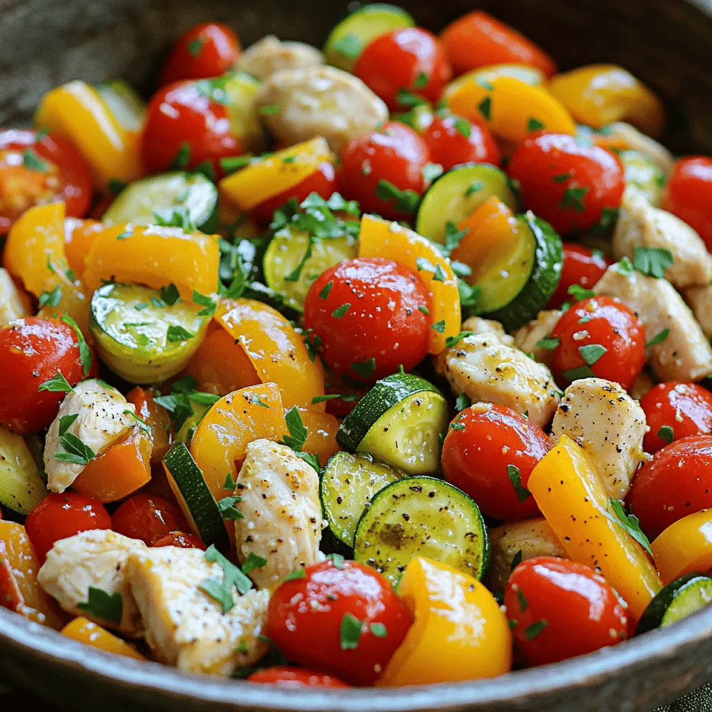 - 1 lb boneless, skinless chicken breasts - 2 tablespoons olive oil - 1 bell pepper, diced - 1 zucchini, sliced - 1 cup cherry tomatoes, halved - 2 cloves garlic, minced - 1 teaspoon dried Italian herbs - Salt and pepper to taste - Fresh parsley for garnish For this easy chicken and veggie skillet, I focus on fresh and simple ingredients. The chicken breasts provide lean protein, while the colorful veggies add vitamins and fiber. Olive oil gives a nice flavor and healthy fats. This dish has about 350 calories per serving. You get around 30 grams of protein, 15 grams of fat, and 20 grams of carbs. The chicken is high in protein. Bell peppers offer vitamin C, and zucchini is full of water and fiber. Tomatoes add antioxidants, too. If you want to switch things up, you can try different veggies. Broccoli, asparagus, or spinach work well. For a protein substitute, use tofu or chickpeas. Both add great texture and flavor. You can also make it vegetarian by skipping the meat entirely! To start, gather your ingredients. You need: - 1 lb boneless, skinless chicken breasts, cut into bite-sized pieces - 2 tablespoons olive oil - 1 bell pepper (any color), diced - 1 zucchini, sliced into half-moons - 1 cup cherry tomatoes, halved - 2 cloves garlic, minced - 1 teaspoon dried Italian herbs - Salt and pepper to taste - Fresh parsley, chopped (for garnish) Next, wash and chop all the vegetables. Preparing them in advance makes cooking easier. You will need a large skillet, a cutting board, and a sharp knife. Now it’s time to cook. Heat the olive oil in the skillet over medium heat. Wait until it shimmers. Add the chicken pieces and spread them evenly. Sprinkle salt, pepper, and half of the dried herbs on top. Cook for about 5-7 minutes. Stir occasionally until the chicken is brown and cooked through. After the chicken is ready, add the minced garlic. Stir for about 30 seconds until it smells good. Then, add the diced bell pepper and sliced zucchini. Cook these for another 5 minutes. They should be soft but still crisp. Next, mix in the halved cherry tomatoes with the rest of the herbs. Let everything cook for about 3-4 minutes. The tomatoes should soften and release their juices. Taste and add more salt or pepper if you like. Once done, take the skillet off the heat. Garnish with fresh parsley before serving. For a nice look, serve the chicken and veggie skillet in a large bowl. This shows off the colorful veggies. You can also dish it onto individual plates. Top with more parsley for color. Pair this meal with crusty bread for dipping or serve it over fluffy rice. This adds a nice touch and makes it filling. Enjoy your meal! Check out the Full Recipe for more details. To ensure chicken is cooked properly, cut it into small, even pieces. This helps it cook fast and evenly. Use a meat thermometer to check the inside temperature. It should reach 165°F (75°C). This ensures it is safe to eat. For crisp vegetables, don’t overcrowd the skillet. Give them space to brown. Cook them on medium-high heat. This keeps them tender yet firm. You can also add them in stages. Add the bell pepper first, then the zucchini. This way, each one gets the right cooking time. Prepping ingredients in advance saves time. Chop the veggies and chicken the night before. Store them in airtight containers in the fridge. This makes cooking a breeze on busy days. Utilizing frozen vegetables is another great tip. They are often just as nutritious as fresh ones. Plus, they require no washing or chopping. Just toss them in the skillet, and you’re good to go! To boost flavor, try adding different seasonings. A pinch of smoked paprika can add warmth. Cumin gives a nice, earthy taste. Experiment with your favorites to find new flavors. Incorporating fresh herbs can elevate your dish. Basil or thyme pairs well with chicken and veggies. Chop them fine and mix them in right before serving. This keeps their bright flavors intact. For more ideas, check the Full Recipe. {{image_4}} You can change the Easy Chicken and Veggie Skillet to suit your taste. For a spicy version, add chili flakes while cooking. This gives the dish a nice kick. You can also try a Mediterranean twist. Just mix in olives and feta cheese for a tangy flavor. These small changes can make the dish feel new and exciting. If you're looking for gluten-free options, this recipe works well. Just ensure your chicken broth and any added sauces are gluten-free. For those on a low-carb diet, skip the zucchini and use only low-carb veggies. Bell peppers and broccoli are great choices. These adjustments help you enjoy the dish while sticking to your diet. Using fresh vegetables based on the season can change the flavor. In spring, add asparagus or peas for a light touch. Summer is perfect for fresh corn or green beans. In fall, try butternut squash or carrots. In winter, root veggies like sweet potatoes work well. Adjusting your recipe with seasonal produce keeps your meals fresh and vibrant. To keep your Easy Chicken and Veggie Skillet fresh, store leftovers in an airtight container. Place it in the fridge within two hours of cooking. This keeps the food safe and tasty. For later use, you can freeze the dish. Use a freezer-safe container or bag to avoid freezer burn. Make sure to label it with the date, so you remember when you made it. When you want to eat your leftovers, the best way to reheat them is on the stove. This method helps keep the chicken and veggies juicy. Heat on medium-low and stir often. If you use a microwave, place the food in a microwave-safe dish. Cover it with a lid or microwave-safe wrap to trap steam. Heat in short bursts, stirring in between to ensure even warming. To refresh your meal, add a splash of broth or a drizzle of olive oil. This adds moisture and flavor back to the dish. Your Easy Chicken and Veggie Skillet will last for about three to four days in the fridge. In the freezer, it can stay good for up to three months. Always check for signs of spoilage before eating. Look for off-smells, strange colors, or a slimy texture. If you see any of these signs, it’s best to toss it out. Enjoy your meal with confidence! What can I serve with Easy Chicken and Veggie Skillet? You can serve this dish with simple sides like rice, quinoa, or crusty bread. These pair well and soak up the juices. A fresh salad also works great to add a crisp touch. Can I make this meal ahead of time? Yes, you can prepare this skillet meal ahead. Cook and cool it, then store it in the fridge. Just reheat it when you’re ready to eat. This helps save time on busy days. Can I use frozen chicken or vegetables? Yes, you can use frozen chicken or vegetables. Just make sure to thaw the chicken before cooking. The veggies can go in frozen but may need extra cooking time to soften. How to adjust cooking time for larger portions? For larger portions, increase the cooking time slightly. Always check the chicken’s doneness. Use a meat thermometer to ensure it reaches 165°F (75°C) for safe eating. How to get chicken tender and juicy? To get tender chicken, don’t overcook it. Cook until it’s no longer pink inside. Marinating the chicken beforehand also helps keep it juicy and adds flavor. Alternatives for skillet cooking method If you don’t have a skillet, you can use a wok or a large pot. Both can cook the ingredients evenly. You can also bake the chicken and veggies in the oven for a hands-off approach. This blog post covered a simple and tasty chicken and veggie skillet recipe. We looked at ingredients and nutrients, offering tips for good meals and storage. Cooking steps were clear, making it easy to follow along. Don’t forget to try different veggies or add spices for fun twists. Eating healthy can be easy and enjoyable. I hope you feel ready to cook and experiment with your meals. Enjoy your cooking adventure!