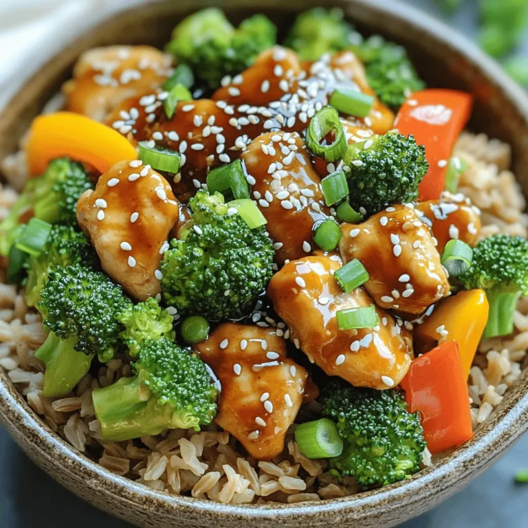 - 2 boneless, skinless chicken breasts - 1 cup broccoli florets - 1 cup assorted bell peppers - 3 tablespoons low-sodium soy sauce - 2 tablespoons honey or maple syrup - 1 tablespoon rice vinegar - 1 tablespoon sesame oil - 1 tablespoon sesame seeds - 2 green onions When I prepare teriyaki chicken bowls, I like to keep it simple. Using fresh ingredients makes a big difference. I choose two boneless, skinless chicken breasts for the protein. You can cut them into bite-sized cubes for quick cooking. I always add a cup of broccoli florets. They give a nice crunch and color to the dish. I also mix in a cup of assorted bell peppers. The red, yellow, and green peppers add sweetness and flavor. For the sauce, I rely on pantry staples. I use three tablespoons of low-sodium soy sauce for that salty, umami taste. I add two tablespoons of honey or maple syrup for sweetness. A tablespoon of rice vinegar adds a nice tang. To finish the dish, I drizzle a tablespoon of sesame oil for richness. I sprinkle sesame seeds on top for texture and garnish with two chopped green onions. This creates a tasty meal that looks great on the table. You can find the full recipe linked above. Start by making your marinade. In a mixing bowl, combine the following ingredients: - 3 tablespoons low-sodium soy sauce - 2 tablespoons honey or pure maple syrup - 1 tablespoon rice vinegar - 1 tablespoon sesame oil - 2 cloves of garlic, finely minced - 1/2 teaspoon ground ginger Whisk these ingredients together until they blend well. This mix gives the chicken its sweet and savory flavor. Next, add the cubed chicken to the marinade. Make sure each piece is coated well. Cover the bowl and let it sit for at least 15 minutes. This step is key. Marinating the chicken helps it soak up all those tasty flavors. Now, heat a large skillet over medium heat. Once the skillet is hot, add the marinated chicken. Pour in half of the reserved marinade too. Cook the chicken for 5 to 7 minutes. Stir occasionally. You want it to be fully cooked and slightly caramelized. After the chicken is done, toss in the broccoli florets and sliced bell peppers. Stir-fry the veggies for about 3 to 5 minutes. They should be tender but still a bit crunchy. Finally, pour in the remaining marinade and cook for another minute. This allows the flavors to mix. Then add your cooked brown rice or quinoa. Gently toss everything together until it's heated through. You can find the full details with the complete recipe for perfecting your Easy Teriyaki Chicken Bowls. Marinating the chicken is key for rich flavor. I suggest at least 15 minutes. If you have more time, go for 30 minutes or even overnight. This makes the chicken super tasty! Want to mix it up? Try different marinades! You can use orange juice for a citrus twist. A splash of sriracha adds heat. You can also try a miso-based marinade for umami flavors. To ensure juicy and tender chicken, cook it on medium heat. If the heat is too high, the chicken may dry out. Stir often to help it cook evenly. For a nice caramelization, let the chicken sit in the skillet without stirring for a minute or two. This helps build color and flavor. Pair your teriyaki chicken bowls with extra sauces or sides. A drizzle of spicy mayo or a sprinkle of chili flakes can add some kick. For sides, steamed edamame or a fresh salad work well. Serve your dish in bowls for a fun look. Garnish with sesame seeds and green onions for a pop of color and crunch. {{image_4}} You can switch the chicken for tofu, shrimp, or beef. If you use tofu, press it to remove excess water. For shrimp, cook until they turn pink. When using beef, slice it thin for quick cooking. Adjust the marinade if needed. For tofu, keep the same marinade. For shrimp, reduce the soy sauce to avoid a salty taste. If you choose beef, add a bit more honey for balance. Many veggies work well in teriyaki bowls. Try snap peas, carrots, or zucchini. They all add great flavor and crunch. You can also use mushrooms for a meaty texture. If it’s summer, use fresh corn or tomatoes. In winter, you might like using kale or Brussels sprouts. Always pick what’s fresh and in season for the best taste. You can swap brown rice for quinoa, rice noodles, or cauliflower rice. Quinoa cooks in about 15 minutes. Rice noodles only need a quick soak in hot water. Cauliflower rice cooks fast too, about 5 minutes in a skillet. Each grain adds a unique texture and flavor. Just adjust cooking times and methods to suit your choice. For the full recipe, check the link above. To keep your teriyaki chicken bowls fresh, store leftovers in airtight containers. This helps prevent any odors from mixing. Place the containers in the fridge within two hours of cooking. They will stay fresh for about three to four days. If you want to eat them later, make sure to label the container with the date. Freezing is a great option if you want to save some meals for later. First, let the chicken bowls cool completely. Then, pack them into freezer-safe bags or containers. Squeeze out as much air as possible before sealing. You can freeze them for up to three months. When you're ready to eat, thaw the bowls in the fridge overnight. To keep the texture and flavor, reheat your chicken bowls gently. You can use a microwave or a skillet. If using a microwave, heat in short bursts at medium power. Stir the bowl every minute to ensure even heating. If you prefer the skillet, add a splash of water to help steam the dish. Aim for a temperature of 165°F to ensure it's hot throughout. Enjoy your meal just like the first time! To make teriyaki sauce, you need just a few simple ingredients. Combine: - 3 tablespoons low-sodium soy sauce - 2 tablespoons honey or maple syrup - 1 tablespoon rice vinegar - 2 cloves of minced garlic - 1/2 teaspoon ground ginger Mix these together in a bowl until smooth. This sauce gives your chicken a sweet and savory taste. You can adjust the sweetness or saltiness by changing the amount of honey or soy sauce. Making it fresh adds a nice touch to your meal. Yes, you can use frozen vegetables! They are a great time-saver. Just keep in mind that frozen veggies may need a bit more cooking time. They can also release water, which may alter the sauce's thickness. Stir-fry them a little longer to ensure they heat through and stay crisp. You can serve your teriyaki chicken bowls with various side dishes. Here are some tasty options: - Steamed edamame - A side salad with a light dressing - Pickled vegetables for a tangy bite - Sliced cucumbers with sesame seeds These sides add color and texture to your meal. They also balance the flavors of the teriyaki chicken. For the full recipe, check the earlier section. Teriyaki chicken bowls are easy to make and full of flavor. We explored key ingredients like chicken, veggies, and a tasty marinade. I shared simple steps to prepare, cook, and serve this dish. Remember, you can customize it with different proteins and grains. Store leftovers properly to enjoy later. Whether you use homemade sauce or frozen veggies, this dish remains delicious. Embrace the joy of cooking and make this recipe your own!