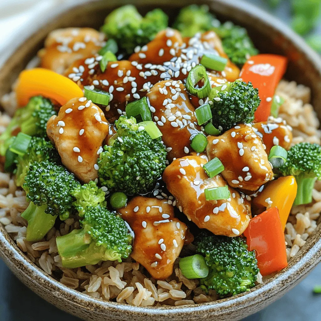 - 2 boneless, skinless chicken breasts - 1 cup broccoli florets - 1 cup assorted bell peppers - 3 tablespoons low-sodium soy sauce - 2 tablespoons honey or maple syrup - 1 tablespoon rice vinegar - 1 tablespoon sesame oil - 1 tablespoon sesame seeds - 2 green onions When I prepare teriyaki chicken bowls, I like to keep it simple. Using fresh ingredients makes a big difference. I choose two boneless, skinless chicken breasts for the protein. You can cut them into bite-sized cubes for quick cooking. I always add a cup of broccoli florets. They give a nice crunch and color to the dish. I also mix in a cup of assorted bell peppers. The red, yellow, and green peppers add sweetness and flavor. For the sauce, I rely on pantry staples. I use three tablespoons of low-sodium soy sauce for that salty, umami taste. I add two tablespoons of honey or maple syrup for sweetness. A tablespoon of rice vinegar adds a nice tang. To finish the dish, I drizzle a tablespoon of sesame oil for richness. I sprinkle sesame seeds on top for texture and garnish with two chopped green onions. This creates a tasty meal that looks great on the table. You can find the full recipe linked above. Start by making your marinade. In a mixing bowl, combine the following ingredients: - 3 tablespoons low-sodium soy sauce - 2 tablespoons honey or pure maple syrup - 1 tablespoon rice vinegar - 1 tablespoon sesame oil - 2 cloves of garlic, finely minced - 1/2 teaspoon ground ginger Whisk these ingredients together until they blend well. This mix gives the chicken its sweet and savory flavor. Next, add the cubed chicken to the marinade. Make sure each piece is coated well. Cover the bowl and let it sit for at least 15 minutes. This step is key. Marinating the chicken helps it soak up all those tasty flavors. Now, heat a large skillet over medium heat. Once the skillet is hot, add the marinated chicken. Pour in half of the reserved marinade too. Cook the chicken for 5 to 7 minutes. Stir occasionally. You want it to be fully cooked and slightly caramelized. After the chicken is done, toss in the broccoli florets and sliced bell peppers. Stir-fry the veggies for about 3 to 5 minutes. They should be tender but still a bit crunchy. Finally, pour in the remaining marinade and cook for another minute. This allows the flavors to mix. Then add your cooked brown rice or quinoa. Gently toss everything together until it's heated through. You can find the full details with the complete recipe for perfecting your Easy Teriyaki Chicken Bowls. Marinating the chicken is key for rich flavor. I suggest at least 15 minutes. If you have more time, go for 30 minutes or even overnight. This makes the chicken super tasty! Want to mix it up? Try different marinades! You can use orange juice for a citrus twist. A splash of sriracha adds heat. You can also try a miso-based marinade for umami flavors. To ensure juicy and tender chicken, cook it on medium heat. If the heat is too high, the chicken may dry out. Stir often to help it cook evenly. For a nice caramelization, let the chicken sit in the skillet without stirring for a minute or two. This helps build color and flavor. Pair your teriyaki chicken bowls with extra sauces or sides. A drizzle of spicy mayo or a sprinkle of chili flakes can add some kick. For sides, steamed edamame or a fresh salad work well. Serve your dish in bowls for a fun look. Garnish with sesame seeds and green onions for a pop of color and crunch. {{image_4}} You can switch the chicken for tofu, shrimp, or beef. If you use tofu, press it to remove excess water. For shrimp, cook until they turn pink. When using beef, slice it thin for quick cooking. Adjust the marinade if needed. For tofu, keep the same marinade. For shrimp, reduce the soy sauce to avoid a salty taste. If you choose beef, add a bit more honey for balance. Many veggies work well in teriyaki bowls. Try snap peas, carrots, or zucchini. They all add great flavor and crunch. You can also use mushrooms for a meaty texture. If it’s summer, use fresh corn or tomatoes. In winter, you might like using kale or Brussels sprouts. Always pick what’s fresh and in season for the best taste. You can swap brown rice for quinoa, rice noodles, or cauliflower rice. Quinoa cooks in about 15 minutes. Rice noodles only need a quick soak in hot water. Cauliflower rice cooks fast too, about 5 minutes in a skillet. Each grain adds a unique texture and flavor. Just adjust cooking times and methods to suit your choice. For the full recipe, check the link above. To keep your teriyaki chicken bowls fresh, store leftovers in airtight containers. This helps prevent any odors from mixing. Place the containers in the fridge within two hours of cooking. They will stay fresh for about three to four days. If you want to eat them later, make sure to label the container with the date. Freezing is a great option if you want to save some meals for later. First, let the chicken bowls cool completely. Then, pack them into freezer-safe bags or containers. Squeeze out as much air as possible before sealing. You can freeze them for up to three months. When you're ready to eat, thaw the bowls in the fridge overnight. To keep the texture and flavor, reheat your chicken bowls gently. You can use a microwave or a skillet. If using a microwave, heat in short bursts at medium power. Stir the bowl every minute to ensure even heating. If you prefer the skillet, add a splash of water to help steam the dish. Aim for a temperature of 165°F to ensure it's hot throughout. Enjoy your meal just like the first time! To make teriyaki sauce, you need just a few simple ingredients. Combine: - 3 tablespoons low-sodium soy sauce - 2 tablespoons honey or maple syrup - 1 tablespoon rice vinegar - 2 cloves of minced garlic - 1/2 teaspoon ground ginger Mix these together in a bowl until smooth. This sauce gives your chicken a sweet and savory taste. You can adjust the sweetness or saltiness by changing the amount of honey or soy sauce. Making it fresh adds a nice touch to your meal. Yes, you can use frozen vegetables! They are a great time-saver. Just keep in mind that frozen veggies may need a bit more cooking time. They can also release water, which may alter the sauce's thickness. Stir-fry them a little longer to ensure they heat through and stay crisp. You can serve your teriyaki chicken bowls with various side dishes. Here are some tasty options: - Steamed edamame - A side salad with a light dressing - Pickled vegetables for a tangy bite - Sliced cucumbers with sesame seeds These sides add color and texture to your meal. They also balance the flavors of the teriyaki chicken. For the full recipe, check the earlier section. Teriyaki chicken bowls are easy to make and full of flavor. We explored key ingredients like chicken, veggies, and a tasty marinade. I shared simple steps to prepare, cook, and serve this dish. Remember, you can customize it with different proteins and grains. Store leftovers properly to enjoy later. Whether you use homemade sauce or frozen veggies, this dish remains delicious. Embrace the joy of cooking and make this recipe your own!