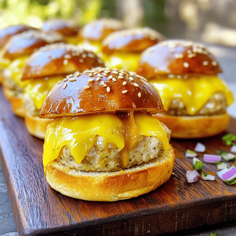 To make delicious Turkey and Swiss sliders, gather these ingredients: - 1 lb ground turkey - 8 slider buns - 8 slices Swiss cheese - 1/4 cup finely chopped onion - 1/4 cup breadcrumbs - 1 large egg, beaten - 1 teaspoon garlic powder - 1 teaspoon dried thyme - Salt and pepper to taste - 1/4 cup honey - 2 tablespoons Dijon mustard - 2 tablespoons mayonnaise - 2 tablespoons unsalted butter, melted - Sesame seeds for topping These ingredients create a tasty mix. Ground turkey is lean and full of flavor. Swiss cheese adds creaminess and a mild taste. The onion gives a nice crunch and sweetness. Breadcrumbs help bind everything together, while the egg keeps it moist. Garlic powder and thyme add depth to the flavor. Honey and Dijon mustard make a sweet and tangy glaze that enhances the sliders. Using fresh ingredients makes a big difference. I always recommend using high-quality ground turkey. It gives the best taste and texture. You can also switch up the cheese or add spices to suit your taste. For the full recipe, check the details provided. Set your oven to 350°F (175°C). This will help the sliders cook evenly. In a large bowl, combine all the turkey ingredients. Add the ground turkey, chopped onion, breadcrumbs, beaten egg, garlic powder, thyme, salt, and pepper. Use your hands or a spatula to mix until everything is well blended. Divide the mixture into 8 equal parts. Shape each part into a small patty. Make sure the patties match the size of your slider buns. Heat a skillet over medium heat. Place the patties in the skillet, cooking them for about 4-5 minutes on each side. Check that they reach 165°F (75°C) inside. Just before taking the patties off the heat, add a slice of Swiss cheese on top of each. Cover the skillet for a minute. This helps the cheese melt perfectly over the patties. In a small bowl, whisk together the honey, Dijon mustard, and mayonnaise. This glaze gives your sliders a sweet and tangy flavor that makes them special. Lay the slider buns flat on a baking sheet. Put each turkey patty with melted cheese on the bottom half of the buns. Drizzle the honey mustard glaze generously over each patty. Top with the upper halves of the buns. Brush melted butter on top of the buns and sprinkle sesame seeds for extra flavor. Place the baking sheet in the oven and bake for about 10 minutes. Your sliders should heat through and the tops should turn golden brown. Now, you can serve these warm sliders and enjoy every bite! For the full recipe, check out the recipe section. To ensure even cooking, make your patties the same size as the buns. This helps them cook at the same rate. Use a kitchen scale if you want exact portions. I usually make mine about two ounces each. When you cook in a skillet, don’t crowd the patties. Leave space between them so heat can flow. Cook them for about 4-5 minutes on each side. Use a meat thermometer to check the internal temperature. It should reach 165°F for safe eating. You can switch up the glaze for new flavors. Try adding hot sauce for a spicy kick. If you want a sweet twist, mix in some maple syrup instead of honey. For a tangier taste, use apple cider vinegar with the Dijon mustard. You can even add herbs like thyme or rosemary to change the flavor profile. This glaze adds a unique touch to every bite. These sliders pair well with many sides. Serve them with crispy sweet potato fries for a fun twist. A simple green salad balances the richness of the sliders. You can also offer pickles on the side for a crunchy contrast. For a heartier meal, try coleslaw. It adds a nice crunch and creaminess. Enjoy the sliders warm and fresh from the oven for the best experience. {{image_4}} You can use different meats instead of ground turkey. Ground chicken works well for a lighter option. Beef is a classic choice that adds richness. If you like pork, ground pork will give you a juicy slider. You can also try mixing meats, like turkey and beef, for a unique taste. If you want a vegan or vegetarian slider, there are tasty substitutes. Use black beans or lentils as a base for the patty. You can mash them up and mix with breadcrumbs and spices. For cheese, try vegan Swiss or avocado slices. Nutritional yeast adds a cheesy flavor too. These options keep the sliders delicious and plant-based. Adding local spices can change the flavor of your sliders. If you love spice, try adding chipotle or jalapeño. For an Italian twist, mix in Italian herbs like oregano and basil. You can even use BBQ sauce for a southern flavor. Each region has its own special tastes, so feel free to experiment! To store leftover sliders, let them cool first. Place the sliders in an airtight container. This keeps them fresh and prevents them from drying out. You can also wrap them tightly in plastic wrap. Store them in the fridge for up to three days. This way, you can enjoy them later without losing any flavor. When you want to reheat the sliders, preheat your oven to 350°F (175°C). Place the sliders on a baking sheet. Cover them with aluminum foil to keep them moist. Heat for about 10-15 minutes. This helps the cheese melt and the turkey warm up nicely. You can also use the microwave, but it may make the buns a bit soggy. If you want to freeze the sliders, wrap each one in plastic wrap. Then, place them in a freezer-safe bag. Remove as much air as possible to avoid freezer burn. You can freeze them for up to three months. When ready to eat, thaw them in the fridge overnight before reheating. This keeps the flavors fresh and tasty. For the full recipe, check out the details to make these delicious sliders! You can store Turkey and Swiss Sliders in the fridge for up to three days. Keep them in an airtight container. This keeps them fresh and tasty. Yes, you can make these sliders ahead of time. Prepare the patties and glaze. Then, store them separately in the fridge. You can bake them later when you are ready to eat. These sliders go well with many sides. Try serving them with: - Sweet potato fries - Coleslaw - Garden salad - Chips These sides add balance and crunch to your meal. Yes, you can use other types of cheese. Cheddar, provolone, or pepper jack will work well. Each cheese gives a different flavor to the sliders. Each slider has about 200 calories. They provide protein from turkey and calcium from the cheese. They also contain healthy fats from the butter and mayo. You can find the full recipe for Turkey and Swiss Sliders [Full Recipe]. This will guide you through each step to make these tasty treats. Turkey and Swiss sliders are simple and tasty. We covered the key ingredients, smart tips, and easy steps to make them. You can customize flavors and even switch meats. Store and reheat them well for great leftovers. Whether you make them for a party or a cozy night, they will impress everyone. I hope you feel ready to try this recipe and enjoy every bite.