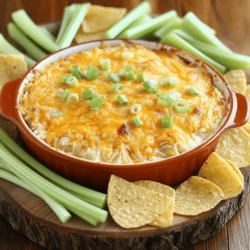 - 2 cups shredded cooked chicken - 1 cup cream cheese, softened - 1/2 cup plain Greek yogurt - 1/2 cup buffalo sauce - 1 cup shredded sharp cheddar cheese - 1/2 cup crumbled blue cheese (optional) - 1 tablespoon ranch seasoning - 1 green onion, finely chopped - Celery sticks and tortilla chips (for serving) When picking buffalo sauce, look for one that suits your taste. Some sauces are mild, while others pack a punch. You can try different brands to find your favorite. For a milder dip, use less sauce. If you have dietary needs, you can swap ingredients. Use low-fat cream cheese and yogurt for a lighter version. For a dairy-free option, try vegan cream cheese and yogurt. You can also use shredded rotisserie chicken to save time. These ingredient swaps can make the dip fit your needs without losing flavor. Now you can enjoy a tasty dip that works for everyone at your party! If you want the full recipe, click here. - Preheat your oven to 350°F (175°C). This helps cook the dip evenly. - In a large bowl, mix cream cheese, Greek yogurt, and buffalo sauce. Beat them until smooth. - Now, fold in the shredded chicken. Make sure every piece gets coated well. - Next, add shredded sharp cheddar cheese, blue cheese, and ranch seasoning. Stir gently until mixed. - Pour the dip mixture into a baking dish. Spread it evenly for best results. - Bake for 20-25 minutes. Look for a bubbly dip with a golden top. This easy recipe will have your guests coming back for more. For the full recipe, check the earlier section. To make the best Buffalo Chicken Dip, focus on a few key steps. First, avoid over-mixing. When you blend the chicken into the creamy mix, do it gently. Over-mixing can lead to a grainy texture. You want it creamy and smooth. Next, adjust the spice levels. If you love heat, add more buffalo sauce. If you prefer it milder, use less. Taste the mix before baking. You can always tweak it to fit your palate. When it’s time to serve, think about what you can dip. Tortilla chips are a classic choice. They add crunch and contrast. Celery sticks also work well. They bring a fresh bite that pairs nicely. For presentation, serve the dip warm. Use a decorative bowl or the baking dish. Arrange the chips and celery around the dip. This makes your spread look inviting and fun. Your guests will love it! For the Full Recipe, check back to create this delightful treat. {{image_4}} You can easily adjust the heat of your buffalo chicken dip. If you want it milder, use less buffalo sauce. You can also mix in some ranch dressing. This cools it down and adds creaminess. For a spicier kick, add more buffalo sauce or some diced jalapeños. Another option is to try different sauces. For example, a spicy barbecue sauce can change the flavor. You can even mix buffalo sauce with sriracha for a unique twist. Always taste as you go to find what you love. Want a lighter version? Use low-fat cream cheese and Greek yogurt instead of full-fat versions. This keeps the dip creamy while cutting calories. You can also try plant-based options. For a vegan dip, use cashew cream or tofu instead of cream cheese. A plant-based yogurt can replace Greek yogurt. These swaps make your dip healthier without losing flavor. Plus, they can cater to different diets. Always remember to balance taste and health in your cooking! To store leftovers of your buffalo chicken dip, place it in an airtight container. This helps keep it fresh and tasty. You can store it in the fridge for up to three days. Make sure it cools before sealing the container. If you plan to use it later, check for any changes in smell or texture before serving. Freezing buffalo chicken dip is a great way to save it for later. First, let the dip cool completely. Then, transfer it to a freezer-safe container. You can freeze it for up to three months. To thaw, move it from the freezer to the fridge for a day before using. For the best texture, reheat it slowly in the oven or on the stove. Avoid microwaving it, as it may become watery. Can I make buffalo chicken dip ahead of time? Yes, you can make buffalo chicken dip ahead of time. Prepare it and store it in the fridge. Just bake it when you are ready to serve. This makes it easy for parties and gatherings. What are some good side dishes to serve with it? You can serve buffalo chicken dip with: - Celery sticks - Carrot sticks - Tortilla chips - Crackers - Pita bread These sides add crunch and freshness to your meal. How do I reheat buffalo chicken dip? To reheat, you can: - Place it in the oven at 350°F (175°C) for 15-20 minutes. - Use a microwave for 2-3 minutes, stirring halfway. Make sure it is hot all the way through before serving. Can I substitute chicken with another protein? Yes, you can use other proteins. Try shredded turkey or diced tofu for a vegetarian option. Both will work well in this tasty dip. Is buffalo chicken dip gluten-free? Buffalo chicken dip can be gluten-free. Use gluten-free soy sauce if you want to add that flavor. Always check your labels to ensure all ingredients are gluten-free. What is the Full Recipe for Buffalo Chicken Bliss Dip? The Full Recipe includes: - 2 cups shredded cooked chicken - 1 cup cream cheese, softened - 1/2 cup plain Greek yogurt - 1/2 cup buffalo sauce - 1 cup shredded sharp cheddar cheese - 1/2 cup crumbled blue cheese (optional) - 1 tablespoon ranch seasoning - 1 green onion, finely chopped - Celery sticks and tortilla chips (for serving) Following these steps will help you create a delicious dip. Can I use canned chicken for this recipe? Yes, canned chicken works well in this recipe. It saves time and still gives great flavor. Drain it well before mixing it into the dip. How do I make this recipe in a slow cooker? To make it in a slow cooker: 1. Combine all ingredients in the slow cooker. 2. Cook on low for 2-3 hours or until hot. 3. Stir occasionally. This method keeps the dip warm for longer, making it perfect for parties. This buffalo chicken dip combines tasty ingredients for a crowd-pleasing treat. You learned about the right mix of chicken, cheeses, and sauces. I shared tips on making it your own and served with fun sides. Remember, you can adjust flavors and even make it healthier. Store leftovers well to enjoy later. This dip is great for any gathering and is sure to delight. So, gather your ingredients and start creating your perfect buffalo chicken dip today!