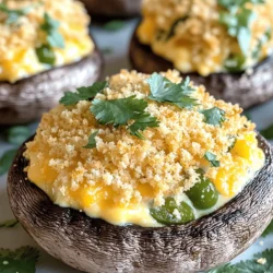 To make delicious Jalapeño Popper Stuffed Mushrooms, you will need the following: - 12 large portobello mushrooms, stems removed - 4 oz cream cheese, room temperature - 1 cup shredded sharp cheddar cheese - 1/2 cup diced jalapeños (fresh for spice, pickled for tanginess) - 1/4 cup green onions, finely chopped - 1/2 cup panko breadcrumbs - 2 tablespoons olive oil - 1 teaspoon garlic powder - Salt and black pepper to taste - 1 tablespoon fresh cilantro, chopped (for garnish) You can enhance the flavor of your stuffed mushrooms in many ways. Try adding: - A pinch of smoked paprika for a smoky flavor - A dash of cayenne pepper for extra heat - Fresh herbs like thyme or parsley for brightness If you have dietary preferences, here are some easy swaps: - Use vegan cream cheese and cheese for a plant-based version. - Replace panko breadcrumbs with crushed gluten-free crackers for a gluten-free dish. - Swap portobello mushrooms with large button mushrooms if preferred. These adjustments help everyone enjoy this tasty treat! For the full recipe, check out the comprehensive cooking instructions. First, preheat your oven to 375°F (190°C). This step is key for even cooking. Next, line your baking sheet with parchment paper. This helps prevent sticking and makes cleanup easy. It is also important to use cream cheese at room temperature. This way, it mixes well with the other ingredients. In a large bowl, combine the softened cream cheese, sharp cheddar cheese, diced jalapeños, and green onions. Use a spatula or fork to blend these ingredients until smooth. Make sure there are no lumps. This will help create a rich and creamy filling. Season the mixture with garlic powder, salt, and pepper. Stir well to mix all flavors evenly. Take each portobello mushroom cap and fill it with the cheese mixture. Use the back of a spoon to press down firmly. This ensures the filling stays in place while baking. Don't overfill them, as the filling may spill out. Make sure your caps are well packed, but not overflowing. Place your stuffed mushrooms on the baking sheet with space between them. Bake for 20 to 25 minutes. You’ll know they’re done when the mushrooms are tender and the breadcrumbs are golden brown. Keep an eye on them to avoid burning. Once out of the oven, let them cool for a few minutes. Enjoy the wonderful aroma as you prepare to serve these delicious bites. For more details, check the Full Recipe. To balance flavors in your jalapeño popper stuffed mushrooms, use fresh jalapeños for heat. If you prefer less spice, try pickled jalapeños instead. For creaminess, make sure to blend the cream cheese and cheddar well. This mix should be smooth and easy to spread. To avoid soggy mushrooms, ensure they are dry before stuffing. You can pat them with a paper towel after rinsing. This step keeps your dish tasty. Achieving a crispy topping is key. Mix panko breadcrumbs with olive oil. This will help them brown nicely in the oven. Try adding spices like paprika or garlic powder to the breadcrumb mix for extra flavor. For crumb topping variations, consider using crushed tortilla chips or even grated Parmesan cheese. These options add crunch and depth to your dish. Presentation can elevate your dish. Serve the stuffed mushrooms on a bright platter. Garnish with extra cilantro or chili flakes for a pop of color. Pair these mushrooms with a cold drink, like a light beer or a refreshing lemonade. They also go well with sides like a fresh salad or crunchy veggie sticks. This combo makes for a fun and tasty meal. For the full recipe, check out the details above! {{image_4}} You can mix up the flavors in your jalapeño popper stuffed mushrooms. Sweet jalapeños give a nice twist to the dish. If you want more heat, use spicy jalapeños. For meat lovers, adding bacon or sausage will take these mushrooms to the next level. The savory meat adds depth and richness that pairs well with the creamy filling. If you need a gluten-free option, swap out the regular breadcrumbs for gluten-free ones. This keeps the crunch while being safe for gluten-free diets. For those on a low-carb plan, try using zucchini or bell peppers instead of mushrooms. They provide a great base for the filling and keep the dish fresh and light. You can also change the herbs and spices based on the season. In spring, fresh herbs like basil or parsley work well. In winter, try adding warm spices like nutmeg or cinnamon for a cozy feel. For festive occasions, consider adding holiday spices, such as thyme or sage, to give your stuffed mushrooms a seasonal flair. For the complete method to make these tasty treats, check the Full Recipe. To keep your Jalapeño Popper Stuffed Mushrooms fresh, follow these steps: - Allow the mushrooms to cool completely after baking. - Place them in an airtight container. - Store the container in the fridge. - They stay good for about 3-4 days. The best containers are glass or plastic with tight lids. These help keep the mushrooms from drying out. If you use a bowl, cover it with plastic wrap. This keeps moisture in and flavors locked. When you want to enjoy your leftovers, reheating correctly matters. Here’s how to do it: - Oven: Preheat to 350°F (175°C). Place mushrooms on a baking sheet. Heat for about 10-15 minutes. This method keeps the texture crisp. - Microwave: Place stuffed mushrooms on a microwave-safe plate. Heat for 1-2 minutes. Watch closely to avoid sogginess. For best results, use the oven. It helps retain that crunchy topping. You can freeze Jalapeño Popper Stuffed Mushrooms for later. Here’s how: - Prepare the mushrooms but do not bake them. - Place them on a baking sheet lined with parchment paper. - Freeze them for about 1-2 hours until solid. - Then, transfer them to a freezer bag. This method prevents them from sticking together. When ready to eat, thaw in the fridge overnight. Bake them straight from the fridge. Add a few extra minutes to the baking time. Enjoy your tasty treat! For the complete recipe, check out the Full Recipe section. To boost the heat, use fresh jalapeños instead of pickled ones. You can also add more diced jalapeños. If you dare, try adding a dash of cayenne pepper or a splash of hot sauce to the cheese filling. These additions will give your stuffed mushrooms a nice kick. Yes, you can make the filling in advance! Store it in an airtight container in the fridge for up to two days. Just remember to bring it back to room temperature before you stuff the mushrooms. This will help the filling blend well when you bake. These stuffed mushrooms pair well with many options. Try serving them with a fresh salad or some crunchy tortilla chips. For drinks, a cold beer or a zesty margarita complements the spicy flavors perfectly. These choices make for a great party spread. Absolutely! While portobello mushrooms are great, you can use large cremini or button mushrooms too. Each type brings a different flavor. If you want a smaller bite, mini mushrooms can work well, just adjust the baking time. Each variety will add its own twist to the dish. Jalapeño Popper Stuffed Mushrooms offer a tasty dish you can easily customize. We explored ingredients, preparation steps, and tips to perfect your recipe. You can adapt flavors and dietary needs while ensuring deliciousness. Remember to store and reheat leftovers properly for maximum enjoyment. These mushrooms are great for any gathering. Enjoy experimenting and sharing this fun recipe with friends and family!