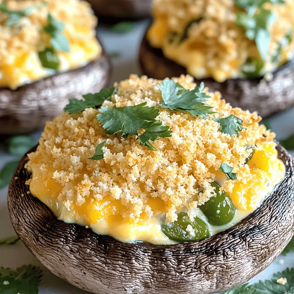 To make delicious Jalapeño Popper Stuffed Mushrooms, you will need the following: - 12 large portobello mushrooms, stems removed - 4 oz cream cheese, room temperature - 1 cup shredded sharp cheddar cheese - 1/2 cup diced jalapeños (fresh for spice, pickled for tanginess) - 1/4 cup green onions, finely chopped - 1/2 cup panko breadcrumbs - 2 tablespoons olive oil - 1 teaspoon garlic powder - Salt and black pepper to taste - 1 tablespoon fresh cilantro, chopped (for garnish) You can enhance the flavor of your stuffed mushrooms in many ways. Try adding: - A pinch of smoked paprika for a smoky flavor - A dash of cayenne pepper for extra heat - Fresh herbs like thyme or parsley for brightness If you have dietary preferences, here are some easy swaps: - Use vegan cream cheese and cheese for a plant-based version. - Replace panko breadcrumbs with crushed gluten-free crackers for a gluten-free dish. - Swap portobello mushrooms with large button mushrooms if preferred. These adjustments help everyone enjoy this tasty treat! For the full recipe, check out the comprehensive cooking instructions. First, preheat your oven to 375°F (190°C). This step is key for even cooking. Next, line your baking sheet with parchment paper. This helps prevent sticking and makes cleanup easy. It is also important to use cream cheese at room temperature. This way, it mixes well with the other ingredients. In a large bowl, combine the softened cream cheese, sharp cheddar cheese, diced jalapeños, and green onions. Use a spatula or fork to blend these ingredients until smooth. Make sure there are no lumps. This will help create a rich and creamy filling. Season the mixture with garlic powder, salt, and pepper. Stir well to mix all flavors evenly. Take each portobello mushroom cap and fill it with the cheese mixture. Use the back of a spoon to press down firmly. This ensures the filling stays in place while baking. Don't overfill them, as the filling may spill out. Make sure your caps are well packed, but not overflowing. Place your stuffed mushrooms on the baking sheet with space between them. Bake for 20 to 25 minutes. You’ll know they’re done when the mushrooms are tender and the breadcrumbs are golden brown. Keep an eye on them to avoid burning. Once out of the oven, let them cool for a few minutes. Enjoy the wonderful aroma as you prepare to serve these delicious bites. For more details, check the Full Recipe. To balance flavors in your jalapeño popper stuffed mushrooms, use fresh jalapeños for heat. If you prefer less spice, try pickled jalapeños instead. For creaminess, make sure to blend the cream cheese and cheddar well. This mix should be smooth and easy to spread. To avoid soggy mushrooms, ensure they are dry before stuffing. You can pat them with a paper towel after rinsing. This step keeps your dish tasty. Achieving a crispy topping is key. Mix panko breadcrumbs with olive oil. This will help them brown nicely in the oven. Try adding spices like paprika or garlic powder to the breadcrumb mix for extra flavor. For crumb topping variations, consider using crushed tortilla chips or even grated Parmesan cheese. These options add crunch and depth to your dish. Presentation can elevate your dish. Serve the stuffed mushrooms on a bright platter. Garnish with extra cilantro or chili flakes for a pop of color. Pair these mushrooms with a cold drink, like a light beer or a refreshing lemonade. They also go well with sides like a fresh salad or crunchy veggie sticks. This combo makes for a fun and tasty meal. For the full recipe, check out the details above! {{image_4}} You can mix up the flavors in your jalapeño popper stuffed mushrooms. Sweet jalapeños give a nice twist to the dish. If you want more heat, use spicy jalapeños. For meat lovers, adding bacon or sausage will take these mushrooms to the next level. The savory meat adds depth and richness that pairs well with the creamy filling. If you need a gluten-free option, swap out the regular breadcrumbs for gluten-free ones. This keeps the crunch while being safe for gluten-free diets. For those on a low-carb plan, try using zucchini or bell peppers instead of mushrooms. They provide a great base for the filling and keep the dish fresh and light. You can also change the herbs and spices based on the season. In spring, fresh herbs like basil or parsley work well. In winter, try adding warm spices like nutmeg or cinnamon for a cozy feel. For festive occasions, consider adding holiday spices, such as thyme or sage, to give your stuffed mushrooms a seasonal flair. For the complete method to make these tasty treats, check the Full Recipe. To keep your Jalapeño Popper Stuffed Mushrooms fresh, follow these steps: - Allow the mushrooms to cool completely after baking. - Place them in an airtight container. - Store the container in the fridge. - They stay good for about 3-4 days. The best containers are glass or plastic with tight lids. These help keep the mushrooms from drying out. If you use a bowl, cover it with plastic wrap. This keeps moisture in and flavors locked. When you want to enjoy your leftovers, reheating correctly matters. Here’s how to do it: - Oven: Preheat to 350°F (175°C). Place mushrooms on a baking sheet. Heat for about 10-15 minutes. This method keeps the texture crisp. - Microwave: Place stuffed mushrooms on a microwave-safe plate. Heat for 1-2 minutes. Watch closely to avoid sogginess. For best results, use the oven. It helps retain that crunchy topping. You can freeze Jalapeño Popper Stuffed Mushrooms for later. Here’s how: - Prepare the mushrooms but do not bake them. - Place them on a baking sheet lined with parchment paper. - Freeze them for about 1-2 hours until solid. - Then, transfer them to a freezer bag. This method prevents them from sticking together. When ready to eat, thaw in the fridge overnight. Bake them straight from the fridge. Add a few extra minutes to the baking time. Enjoy your tasty treat! For the complete recipe, check out the Full Recipe section. To boost the heat, use fresh jalapeños instead of pickled ones. You can also add more diced jalapeños. If you dare, try adding a dash of cayenne pepper or a splash of hot sauce to the cheese filling. These additions will give your stuffed mushrooms a nice kick. Yes, you can make the filling in advance! Store it in an airtight container in the fridge for up to two days. Just remember to bring it back to room temperature before you stuff the mushrooms. This will help the filling blend well when you bake. These stuffed mushrooms pair well with many options. Try serving them with a fresh salad or some crunchy tortilla chips. For drinks, a cold beer or a zesty margarita complements the spicy flavors perfectly. These choices make for a great party spread. Absolutely! While portobello mushrooms are great, you can use large cremini or button mushrooms too. Each type brings a different flavor. If you want a smaller bite, mini mushrooms can work well, just adjust the baking time. Each variety will add its own twist to the dish. Jalapeño Popper Stuffed Mushrooms offer a tasty dish you can easily customize. We explored ingredients, preparation steps, and tips to perfect your recipe. You can adapt flavors and dietary needs while ensuring deliciousness. Remember to store and reheat leftovers properly for maximum enjoyment. These mushrooms are great for any gathering. Enjoy experimenting and sharing this fun recipe with friends and family!