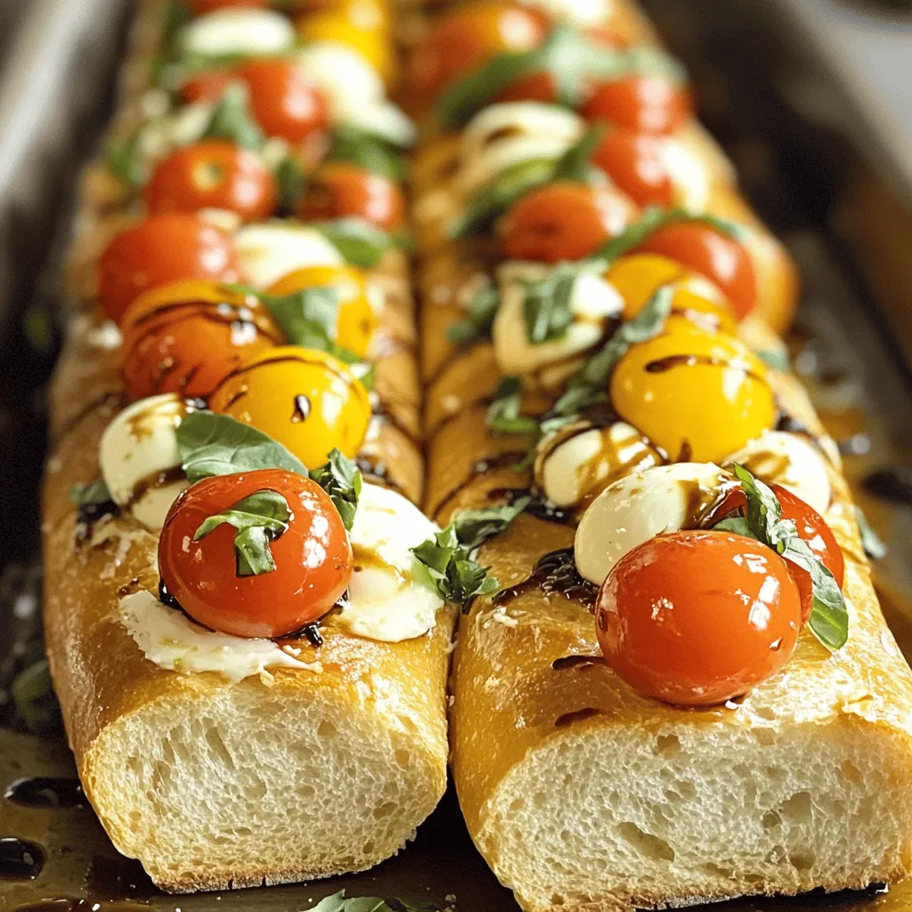 To make Caprese Garlic Bread, gather these key ingredients: - 1 large baguette or ciabatta loaf - 1/2 cup unsalted butter, softened - 4 cloves garlic, finely minced - 1 cup cherry tomatoes, halved - 1 cup fresh mozzarella balls, halved - 1/2 cup fresh basil leaves, finely chopped - 1 tablespoon balsamic glaze - Salt and freshly ground black pepper, to taste You can add some extra flavor with these optional items: - Red pepper flakes for a spicy kick - A pinch of dried oregano for herbal notes - A drizzle of olive oil for richness If you need to change things up, try these substitutions: - Use whole wheat bread instead of white for more fiber - Swap mozzarella for feta cheese for a tangy taste - Replace fresh basil with arugula for a peppery twist This recipe is flexible, so feel free to mix and match! You can find the full recipe above. First, preheat your oven to 400°F (200°C). This step is key for even baking. Next, grab a medium bowl. Mix 1/2 cup of softened unsalted butter with 4 cloves of minced garlic. Blend well to spread the garlic flavor evenly. Set this tasty mixture aside for later. Now, take your large baguette or ciabatta loaf. Slice it in half lengthwise. Place the halves cut-side up on a baking sheet lined with parchment paper. This makes clean-up easy. Take the garlic butter mix and spread it generously over both halves. Make sure every spot gets a taste. Then, in another bowl, combine 1 cup of halved cherry tomatoes, 1 cup of halved fresh mozzarella balls, and 1/2 cup of finely chopped fresh basil leaves. Add a pinch of salt and freshly ground black pepper. This mix adds freshness and color to your bread. Once your bread is ready, spoon the tomato and mozzarella mix onto the garlic buttered halves. Spread it evenly for balanced bites. Now, it’s time to bake. Place the baking sheet in your preheated oven. Bake for about 12-15 minutes. Look for melted mozzarella and golden brown edges. This is when the magic happens! After baking, carefully remove your garlic bread from the oven. Drizzle it with balsamic glaze for sweetness. If you want some heat, sprinkle red pepper flakes on top. Adjust the amount based on your taste. Slice the garlic bread into serving-sized pieces. Serve it warm for the best experience. To make it look great, arrange the slices on a rustic board or colorful platter. Add some fresh basil leaves for a pop of color. This way, your Caprese Garlic Bread looks as good as it tastes! If you want the full recipe, just refer to the details above. Enjoy your cooking adventure! To make great garlic butter, start with softened unsalted butter. This ensures it spreads easily. Add finely minced garlic. Use fresh garlic for the best taste. Mix both well until you see no lumps. For an extra kick, add salt and a pinch of red pepper flakes. Taste it to see if you want more garlic or salt. This butter will make your bread shine! Balsamic glaze adds sweetness and tang. Drizzle it on after baking. This keeps the glaze from burning. Use a spoon or small bottle for control. Aim for even coverage across the bread. Don't overdo it; a little goes a long way. If you like a stronger flavor, you can add more glaze at the table. This way, everyone can enjoy it their way. A crispy crust makes all the difference! Preheat your oven to 400°F (200°C). Bake the bread for 12-15 minutes. Keep an eye on it towards the end. Look for golden-brown edges and melted cheese. If you want it extra crunchy, leave it in for a couple more minutes. Just be careful not to burn it! Remember, the best garlic bread is golden and bubbly. This will make everyone want a piece! {{image_4}} To make a vegan version of Caprese garlic bread, swap the butter for a plant-based alternative. You can use vegan margarine or olive oil. For the cheese, try using vegan mozzarella shreds. This keeps the creamy texture while being dairy-free. The rest of the recipe stays the same. You still get all those bright flavors without any animal products. If you need a gluten-free option, choose gluten-free bread. Look for gluten-free baguettes or ciabatta at your local store. Just check the label for gluten-free certification. The rest of the ingredients remain the same. You still enjoy the garlic, tomatoes, and basil. Your gluten-free guests will love this tasty treat! You can change the toppings based on the season. In summer, add fresh zucchini or grilled peppers. In fall, think about roasted butternut squash or caramelized onions. Winter is great for adding sautéed mushrooms or spinach. Each change brings new flavors to your Caprese garlic bread. Experiment and find your favorite combination! For the full recipe, check out Caprese Garlic Bread Delight. To keep your leftover garlic bread fresh, wrap it tightly in plastic wrap or foil. Place it in an airtight container. This keeps the bread moist and prevents it from drying out. Store it in the fridge for up to three days. If you want to keep it longer, freezing is a great option. When you're ready to enjoy your garlic bread again, preheat your oven to 350°F (175°C). Place the garlic bread on a baking sheet. Cover it loosely with foil to keep it from browning too much. Heat for about 10-15 minutes, or until warmed through. This method keeps the bread soft and tasty. To freeze your garlic bread, slice it first. Wrap each slice in plastic wrap or foil. Then, place the wrapped slices in a freezer bag. This way, you can grab one or two slices at a time. Your garlic bread can last in the freezer for up to three months. When you want to eat it, just follow the reheating tips above. Enjoy your Caprese Garlic Bread whenever you like with these simple storage methods! Yes, you can use many types of bread. A baguette gives a nice crunch. Ciabatta is soft and airy. You might also try sourdough for a tangy twist. Each type adds its own flavor and texture. Just make sure the bread can hold the toppings well. You can store Caprese Garlic Bread for about 2-3 days. Wrap it tightly in plastic wrap or foil to keep it fresh. This helps avoid drying out. If you plan to keep it longer, consider freezing it. Frozen bread can last up to 3 months. To reheat, use an oven for the best results. Preheat your oven to 350°F (175°C). Place the bread on a baking sheet and cover it with foil. This keeps it from getting too hard. Heat for about 10 minutes or until warm. You can also use a toaster oven for smaller pieces. For extra crispiness, remove the foil for the last few minutes. For the full recipe, you can check the Caprese Garlic Bread Delight. This blog post covered how to make delicious Caprese Garlic Bread. We discussed the necessary ingredients, optional flavor boosters, and smart substitutions. I shared step-by-step instructions for preparation and baking, along with tips for serving. You learned ways to perfect your garlic butter and use balsamic glaze. We also explored vegan and gluten-free variations. Finally, we looked at storing and reheating tips. Enjoy experimenting with this tasty recipe, and let your kitchen creativity thrive!