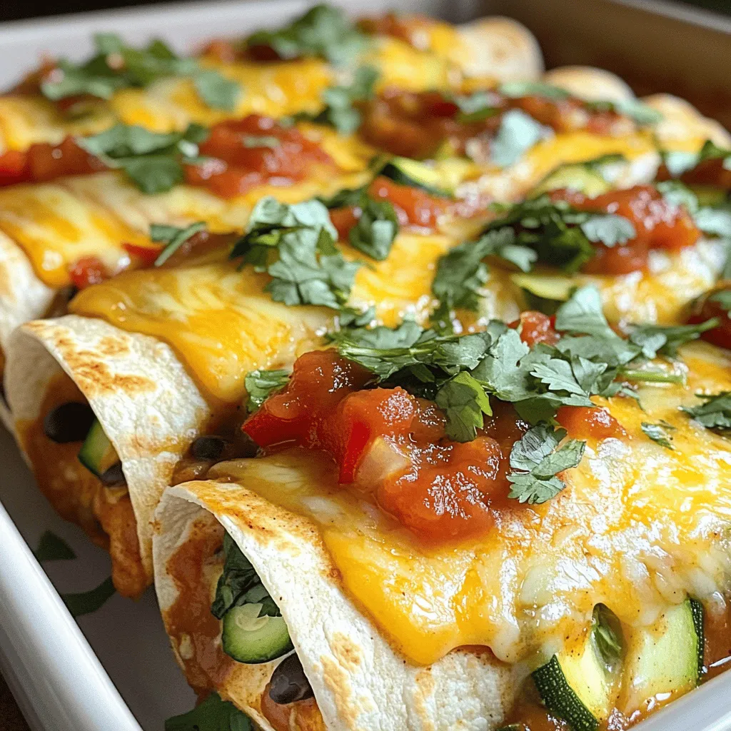 - 8 small corn tortillas - 1 can (15 oz) black beans, rinsed and drained - 1 cup corn kernels (fresh or frozen) - 1 red bell pepper, diced - 1 medium zucchini, diced - 1 cup fresh spinach, chopped - 1 cup of your favorite salsa - 1 teaspoon ground cumin - 1 teaspoon chili powder - 1 cup shredded cheese (cheddar or Mexican blend) - 2 tablespoons extra virgin olive oil - Salt and freshly cracked pepper to taste - Fresh cilantro leaves for garnish (optional) These ingredients make the base of your easy veggie enchiladas. Each one adds great taste and nutrition. Corn tortillas hold the filling well. Black beans give protein and fiber. The corn adds sweetness, while bell peppers and zucchini bring crunch. Fresh spinach adds color and vitamins. Using your favorite salsa makes a big difference. It adds moisture and flavor. Cumin and chili powder spice things up. The cheese on top melts beautifully, giving a nice finish. Feel free to adjust the ingredients to your taste. You can swap vegetables or change the cheese. This recipe is flexible and fun! For the full recipe, check out the details above. - Preheat the oven to 375°F (190°C). - Prepare and chop vegetables. Start with washing your red bell pepper and zucchini. Dice them into small pieces. Chop the spinach into bite-sized bits. This helps everything blend well in the enchiladas. - Heat olive oil in a skillet. - Sauté red bell pepper and zucchini for 5 minutes. Add two tablespoons of olive oil to your skillet. Heat it over medium heat. Once the oil is hot, toss in the diced bell pepper and zucchini. Cook them for about five minutes. They should become tender and smell nice. - Add spinach, black beans, and corn to the skillet. - Fill tortillas with vegetable mixture and cheese. Now, add the chopped spinach, rinsed black beans, and corn to the skillet. Sprinkle in one teaspoon of ground cumin and one teaspoon of chili powder. Season with salt and pepper to taste. Stir everything for about three to four minutes until it’s heated through. Take a tortilla and place a scoop of this mix in the center. Sprinkle some cheese on top. Roll it tightly and place it seam-side down in a baking dish. Repeat this until all tortillas are filled and arranged. - Pour salsa over rolled enchiladas. - Cover with foil and bake for 20 minutes. Pour your favorite salsa over the rolled enchiladas, making sure to cover them well. Top with any remaining cheese. Cover the dish with foil to keep them moist. Bake for 20 minutes. After that, remove the foil and bake for an extra 10 minutes, until the cheese is melted and bubbly. Enjoy your Easy Veggie Enchiladas! For more details, check the Full Recipe. - To melt cheese perfectly, bake for 30 minutes total. - Avoid soggy tortillas by heating them briefly before filling. When you heat tortillas in a dry skillet for a few seconds, they stay strong. This simple step lets you fill them with veggies without tearing. Make sure to keep an eye on them; too much heat can make them crispy. - Garnish with fresh cilantro for a bright look. - Serve with sour cream and extra salsa for a tasty meal. Plating matters! I love to arrange the enchiladas neatly. A sprinkle of cilantro adds color. A dollop of sour cream gives a creamy touch, making each bite better. - Overfilling tortillas makes them hard to roll. - Always season your veggies well for full flavor. Keep the filling modest. If you stuff too much, it can spill out while baking. Also, seasoning is key. Don’t skip salt and pepper, as they bring out the best in your veggies. For the full recipe, check out the [Full Recipe]. {{image_4}} For gluten-free options, use corn tortillas instead of wheat ones. Corn tortillas are naturally gluten-free and provide a great texture. If you want to make your enchiladas vegan, try using plant-based cheese and skip the sour cream. Look for dairy-free versions at your store. These swaps let everyone enjoy this dish! You can add different beans or veggies to change the taste. Try pinto or kidney beans for a new twist. You can also toss in mushrooms, carrots, or even sweet potatoes. If you like heat, spice it up with jalapeños or other peppers. This will give your enchiladas a nice kick! Switch up your sauces for fun! Use different salsas, like mango or green salsa, to add unique flavors. You can also try enchilada sauces with different heat levels. Feeling adventurous? Experiment with ranch dressing or barbecue sauce instead of salsa. These options can transform your meal into something new and exciting. To store your veggie enchiladas, place them in an airtight container. Cover them tightly to keep moisture in. They can last in the fridge for up to 3 days. If you want to enjoy them later, freezing is a great option. To freeze uncooked enchiladas, tightly wrap them in plastic wrap after assembling. Place them in a freezer-safe bag or container. They can stay good for up to 3 months. When you’re ready to cook, thaw them in the fridge overnight. This way, they will cook evenly. For reheating, the oven is best. Preheat it to 350°F (175°C) and bake for about 20 minutes. This method keeps the enchiladas warm and crispy. If you use the microwave, heat them in short bursts. This prevents sogginess and keeps the texture nice. For both methods, check if they are heated through before serving. Easy veggie enchiladas take about 55 minutes in total. You will spend 15 minutes prepping your ingredients. Then, cooking and baking takes an additional 40 minutes. This quick timeline makes it easy to fit into your busy week. Yes, you can make easy veggie enchiladas ahead of time. You can prepare them and store them in the fridge for up to three days. Just cover them tightly with foil or plastic wrap. For longer storage, freeze them for up to two months. Allow them to thaw before baking. You can serve veggie enchiladas with many tasty sides. Here are some ideas: - Mexican rice or cilantro lime rice - Refried beans or black beans - Fresh guacamole and tortilla chips - A light salad with avocado and lime dressing These sides will enhance your meal and add more flavor. To reheat leftover enchiladas, use your oven for the best results. Preheat it to 350°F (175°C). Place the enchiladas in a baking dish and cover them with foil. Bake for about 20 minutes until heated through. This way, they stay moist and tasty. You can also use the microwave, but be careful not to dry them out. Enjoy your meal again! In this article, I shared a simple recipe for easy veggie enchiladas. You learned about the key ingredients, step-by-step instructions, and helpful tips. Experiment with different flavors and dietary options to make this dish your own. Proper storage ensures your leftovers stay fresh. I hope you feel inspired to create a tasty meal that everyone will enjoy. Try these enchiladas soon, and make them a part of your cooking routine!