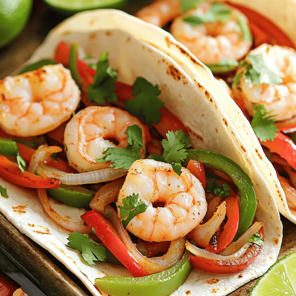 To make easy sheet pan shrimp fajitas, gather these main ingredients: - 1 pound large shrimp, peeled and deveined - 1 red bell pepper, sliced into strips - 1 green bell pepper, sliced into strips - 1 medium onion, sliced into wedges - 3 tablespoons extra virgin olive oil - 8 small flour or corn tortillas (your choice) - Fresh cilantro, chopped (for garnish) - Lime wedges (for a zesty finish) These fresh ingredients create a colorful dish that bursts with flavor. Spices add depth to this dish. Here are the spices you need: - 2 teaspoons chili powder (adjust for heat preference) - 1 teaspoon ground cumin - 1 teaspoon smoked paprika - 1/2 teaspoon garlic powder - 1/2 teaspoon fine sea salt - 1/4 teaspoon freshly ground black pepper These spices enhance the shrimp and vegetables, making every bite tasty. You can choose different types of tortillas for your fajitas. Consider these options: - Small flour tortillas for a soft texture - Small corn tortillas for a gluten-free choice Both options work well, so pick what you like best. For the full recipe, check out the detailed steps provided. First, set your oven to 400°F (200°C). This heat gets the shrimp and veggies nice and crispy. Next, take a large baking sheet and line it with parchment paper. This makes cleanup easy and stops food from sticking. In a big bowl, add 1 pound of peeled and deveined shrimp. Then, toss in your sliced bell peppers and onion wedges. Pour 3 tablespoons of extra virgin olive oil over this mix. It helps to keep everything moist and adds flavor. Now, sprinkle in the spices: 2 teaspoons of chili powder, 1 teaspoon each of ground cumin and smoked paprika, along with 1/2 teaspoon of garlic powder, 1/2 teaspoon of sea salt, and 1/4 teaspoon of black pepper. Use your hands or a spoon to mix everything well. You want every piece to be coated in those tasty spices. Spread the shrimp and veggies out on your baking sheet in a single layer. This ensures they roast evenly. Pop the sheet in the oven and bake for 12-15 minutes. Keep an eye on them! The shrimp should turn pink and curl slightly. Halfway through, stir the mix to help them cook evenly. While they bake, warm 8 small tortillas in a skillet over medium heat, flipping them often. After baking, let the sheet cool for just a moment. Now, fill each tortilla with the shrimp and veggie mix. Top with chopped cilantro and serve with lime wedges. For the full recipe, check out the details provided earlier. To cook shrimp just right, start with fresh or thawed shrimp. Avoid overcooking, as shrimp can turn rubbery. Bake them until they are pink and curled. This usually takes about 12 to 15 minutes. Remember to spread them out on the pan. This helps them roast evenly. Stir halfway through for best results. Serve your fajitas on a bright platter. Arrange the shrimp and veggies in the center. Place warm tortillas on the side. Add lime wedges and fresh cilantro for color. This makes the dish look fresh and inviting. You can also serve with salsa or guacamole for extra flavor. To boost flavor, try marinating shrimp before cooking. Use lime juice, garlic, and spices for a zesty kick. You can also add chopped jalapeños for heat. Consider topping with sliced avocado or cheese. These add creaminess and richness to your fajitas. For more details, check the Full Recipe. {{image_4}} You can make this dish healthier by swapping some ingredients. Instead of shrimp, try using chicken breast or firm tofu. Both options provide great protein and flavor. Choose whole wheat tortillas for extra fiber. You can also use less oil, just enough to coat the veggies and shrimp. This keeps the dish light yet tasty. For a vegetarian or vegan option, replace the shrimp with black beans or chickpeas. Both add protein and texture. Use colorful veggies like zucchini and corn for a hearty mix. Instead of regular tortillas, opt for corn tortillas or lettuce wraps. These wraps are fresh and low in calories, perfect for a light meal. You can change the spices to suit your taste. Try adding cayenne pepper for heat or smoked paprika for a rich flavor. For something different, use taco seasoning to give your fajitas that classic south-of-the-border taste. You can also add fresh lime juice for brightness. Mixing in herbs like oregano or thyme can add depth too. Each variation brings a new twist to this easy dish. For more details on the full process, check out the Full Recipe. Store leftover fajitas in an airtight container. Let the dish cool down first. You can keep them in the fridge for up to three days. Make sure to separate the shrimp from the tortillas for best results. This keeps the tortillas from getting soggy. To reheat your fajitas, use a skillet over medium heat. Add a splash of water or oil to keep things moist. Stir often until the shrimp is warm. You can also reheat them in the microwave. Use a microwave-safe dish and cover it with a damp paper towel. Heat for 1-2 minutes, checking every 30 seconds. If you want to save fajitas for later, you can freeze them. Place the cooled shrimp and veggies in a freezer-safe bag. Squeeze out as much air as possible before sealing. Store them for up to three months. When you're ready to eat, thaw in the fridge overnight and reheat as mentioned above. It takes about 12 to 15 minutes to cook shrimp in the oven. The shrimp will turn pink and opaque when done. They should also curl slightly. This short cooking time helps keep the shrimp tender and juicy. You can check them halfway through and stir for even cooking. Yes, you can use frozen shrimp! Just remember to thaw them first. You can place them in cold water for about 15 minutes. Once thawed, peel and devein them if needed. Using frozen shrimp may slightly change the cooking time. Keep an eye on them to ensure they cook perfectly. If you want to skip tortillas, there are many tasty options. You can use lettuce leaves for a fresh wrap. Another choice is to serve the shrimp and veggies over rice or quinoa. You can also try using corn chips for a crunchy twist. Each option adds a unique flavor to your meal. In this post, we covered how to create easy sheet pan shrimp fajitas. You learned about essential ingredients, spices, and tortilla options. I shared step-by-step instructions for cooking, plus tips for perfect results and presentations. We explored variations for different diets and discussed storage and reheating methods. These fajitas are not only tasty but also flexible for your needs. Enjoy getting creative and savor every bite!