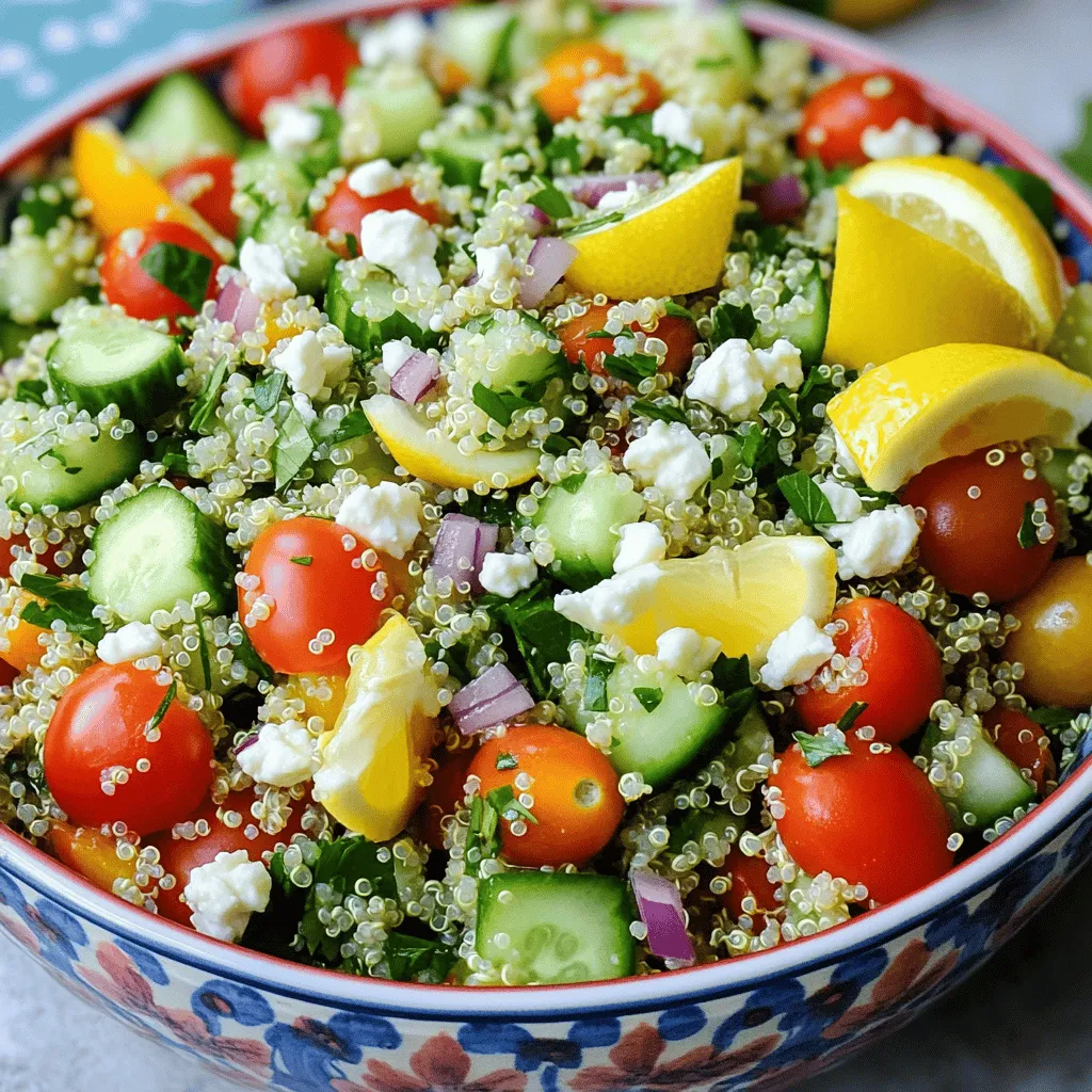 - 1 cup quinoa - 2 cups vegetable broth (or water) - 1 medium cucumber, diced - 1 cup cherry tomatoes, halved - 1 bell pepper, diced - 1/4 red onion, finely chopped - 1/4 cup fresh parsley, coarsely chopped - 1/4 cup fresh mint, coarsely chopped - Salt and freshly ground black pepper to taste - 1/4 cup extra virgin olive oil - 3 tablespoons freshly squeezed lemon juice - 1 teaspoon lemon zest To make my Lemon Herb Quinoa Salad, I start with the main ingredients. Quinoa is the star here. It is packed with protein and has a nice nutty flavor. I prefer to use vegetable broth when cooking quinoa. It adds depth to the taste. You can also use water if you like. Next, I chop up some fresh veggies. I love adding diced cucumber for crunch. Cherry tomatoes bring sweetness, and bell peppers add color. The red onion gives a nice bite, balancing the flavors. For herbs, I use parsley and mint. These herbs brighten the dish and add freshness. I like to chop them coarsely, so they stay vibrant in the salad. Now, let’s talk about the dressing. I whisk together olive oil, lemon juice, and lemon zest. This dressing is zesty and brings all the flavors together. I also add salt and pepper to taste. You can find the full recipe in the details above. Enjoy crafting this colorful and healthy salad! To start, boil 2 cups of vegetable broth or water in a medium pot. Once it boils, add 1 cup of rinsed quinoa. Give it a quick stir. Lower the heat to simmer. Cover the pot and cook for 15 minutes until the quinoa is tender. After that, take it off the heat and let it cool for a few minutes. This step makes your quinoa fluffy and ready to mix. While your quinoa cools, it’s time for the veggies. Dice 1 medium cucumber and 1 bell pepper into small pieces. Then, halve 1 cup of cherry tomatoes. Next, finely chop 1/4 of a red onion, along with 1/4 cup of fresh parsley and 1/4 cup of fresh mint. Mixing these fresh ingredients will give your salad a bright taste. Now, let’s make the dressing. In a small bowl, whisk together 1/4 cup of extra virgin olive oil, 3 tablespoons of freshly squeezed lemon juice, and 1 teaspoon of lemon zest. Add a pinch of salt and pepper. This zesty dressing will tie all the flavors together. If you like, you can add other seasonings to make it your own. Once your quinoa has cooled a bit, fluff it with a fork. Add the fluffed quinoa to your bowl of chopped vegetables. Drizzle the dressing over the top. Gently toss everything together until all the ingredients mix well. If you want to add a creamy touch, sprinkle in 1/4 cup of crumbled feta cheese. This step is optional, but it adds a nice flavor. Now your Lemon Herb Quinoa Salad is ready to serve! For the full recipe, check out the complete instructions above. To make great quinoa, rinse it first. This step removes any bitterness. After rinsing, cook it in vegetable broth. This adds a rich flavor that plain water cannot match. Add color to your salad by using different bell peppers. Red, yellow, and green peppers create a feast for the eyes. You can also try adding nuts or seeds for crunch. Almonds or sunflower seeds work well here. Presentation matters! Serve your salad in a bright bowl. Add fresh lemon wedges on the side for a pop of color. Finish with extra herbs on top. This makes your dish look fresh and inviting. {{image_4}} You can add a twist to your Lemon Herb Quinoa Salad with simple changes. Here are some ideas to make this dish your own. - Incorporate grilled chicken or shrimp: Adding grilled chicken or shrimp boosts protein. It also makes the salad more filling. Simply slice the grilled meat and toss it in. - Substitute quinoa with other grains like farro or bulgur: You can swap quinoa for farro or bulgur. Both grains offer different flavors and textures. - Make it vegan by omitting feta cheese: If you want a vegan option, just leave out the feta cheese. This keeps the salad fresh and plant-based. - Use gluten-free grains if needed: For those avoiding gluten, use gluten-free grains. Quinoa is already gluten-free, but you can also try brown rice or millet. - Swap vegetables with seasonal produce: Use seasonal veggies for a fresh taste. Try zucchini in summer or roasted squash in fall. - Experiment with citrus variations like lime or orange: You can change the citrus flavor. Swap lemon juice for lime or orange juice for a unique twist. These variations make the Lemon Herb Quinoa Salad adaptable to your taste and dietary needs. You can find the full recipe above to get started! You should store your lemon herb quinoa salad in an airtight container in the fridge. This keeps it fresh and tasty. It’s best to enjoy it within 3-5 days. After that, the flavors may fade and the veggies can get soggy. This salad is perfect for meal prep. You can make it ahead to enjoy quick lunches throughout the week. Just remember to store the dressing separately. This helps keep the salad fresh and crunchy until you are ready to eat. To cook quinoa, start by rinsing it under cold water. This removes a bitter coating called saponin. Next, bring two cups of vegetable broth or water to a boil in a medium pot. Once boiling, add one cup of rinsed quinoa. Stir it briefly, then reduce the heat to low. Cover the pot and let it simmer for about 15 minutes. The quinoa is done when it is fluffy, and all the liquid is absorbed. Yes, you can make this salad ahead of time! If you store it in the fridge, the flavors will blend overnight. Just keep it in an airtight container. This makes it a great option for meal prep. However, add the dressing just before serving to keep the salad fresh and crisp. If you need a substitute for quinoa, you have options. Couscous is a quick and easy choice. You can also use rice, bulgur wheat, or farro. Each alternative brings its own flavor and texture. Choose based on what you like or have on hand. Yes! This salad works great for meal prep. Store it in an airtight container in the fridge. It stays fresh for about 3 to 5 days. If you want to keep it even fresher, store the dressing separately. Just add it when you're ready to eat. This way, the salad stays crunchy and tasty. This blog post covered how to make a fresh quinoa salad. We discussed key ingredients, including vegetables, herbs, and a bright dressing. I shared a step-by-step guide for cooking quinoa and combining everything into a tasty dish. Remember, you can alter this salad for your needs, whether adding protein or using seasonal veggies. With proper storage, this dish stays fresh for days, perfect for meal prep. Experiment and enjoy your delicious salad!