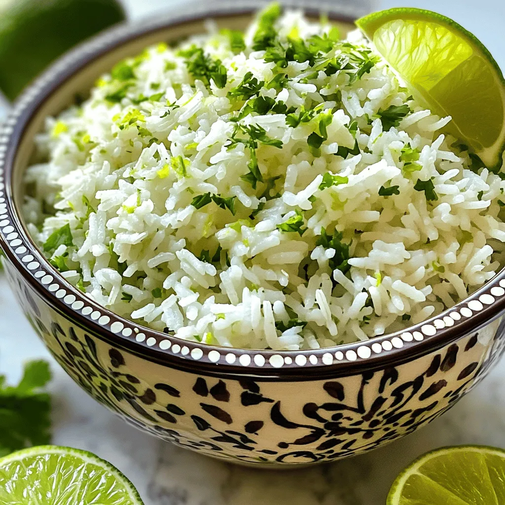 Here’s what you need to make cilantro lime rice. These fresh ingredients will bring bright flavors to your meal: - 1 cup long-grain white rice - 2 cups vegetable broth (or water) - 1 tablespoon olive oil - Juice and zest of 1 fresh lime - 1/2 cup fresh cilantro, finely chopped - 1 garlic clove, minced - 1/2 teaspoon salt (adjust to taste) - 1/4 teaspoon black pepper - Optional: 1/4 teaspoon chili powder (for a spicy kick) Each ingredient plays a key role. The rice forms the base, while the broth adds depth. Olive oil helps with cooking and flavor. Lime brightens the dish, and cilantro brings freshness. Garlic adds a nice savory note. Adjust salt and pepper to match your taste. If you like heat, add chili powder for some extra spice. For the full recipe, check out the details and enjoy making this easy and flavorful side dish! Rinsing the rice: Start by rinsing the long-grain white rice. Use a fine-mesh sieve to wash it under cold water. Keep rinsing until the water is clear. This step removes excess starch, leading to fluffier rice. Sautéing garlic: Next, heat one tablespoon of olive oil in a medium saucepan over medium heat. Add one minced garlic clove. Sauté for about 30 seconds until it smells good. Be careful not to burn the garlic, as it can taste bitter. Toasting the rice: Add the rinsed rice to the pot. Stir well to coat the grains with the garlic oil. Toast the rice for 1-2 minutes. This step enhances the rice's flavor and aroma. Adding liquid and seasonings: Pour in 2 cups of vegetable broth or water. Sprinkle in 1/2 teaspoon of salt, 1/4 teaspoon of black pepper, and if you like, 1/4 teaspoon of chili powder for some heat. Stir gently to mix everything. Bringing to a boil and simmering: Increase the heat to bring the mixture to a boil. Once it boils, lower the heat to low. Cover the pot tightly with a lid and let it simmer for about 15-18 minutes. The rice should be tender and absorb all the liquid. Resting the rice: After cooking, take the pot off the heat but keep it covered. Let it rest for 5 more minutes. This allows the rice grains to firm up and separate nicely. Fluffing the rice: Use a fork to fluff the rice gently. This breaks up any clumps and makes it light. Mixing in lime and cilantro: Now, stir in the juice and zest of one fresh lime and 1/2 cup of finely chopped cilantro. Mix until everything is well combined. Adjusting seasoning: Taste the rice. If you want, add more salt, pepper, or lime juice based on your liking. For the full recipe, check out the detailed instructions above! For a twist, you can swap olive oil for avocado oil or coconut oil. Both oils add unique taste. Fresh ingredients are key. Always use fresh lime and cilantro for the best flavor. To achieve fluffy rice, rinse it well before cooking. This removes extra starch. Cooking time is also important. Keep a close eye and adjust time if needed. If the rice is not tender, add a bit more liquid and cook longer. Garnishing adds beauty to your dish. Use extra cilantro leaves and lime wedges on top. Serve in a colorful bowl for a fun look. Pair the rice with grilled chicken or fish for a complete meal. {{image_4}} You can switch out the rice for other types. Brown rice adds a nutty flavor and more fiber. Jasmine or basmati rice can give it a fragrant touch. Just remember, cooking times may change. Instead of vegetable broth, you can use chicken stock for a richer taste. Stock adds depth and enhances the flavor of the rice. Water works too, but it lacks the extra flavor. To make your rice even more fun, add vegetables. Try mixing in peas, bell peppers, or corn. These colorful veggies not only taste great but also brighten the dish. If you want a spicy kick, sprinkle in some chili powder or cayenne pepper. Start with a little and taste as you go. This way, you can find your perfect heat level. Cilantro lime rice is easy to make vegan and gluten-free. Just use vegetable broth and check your rice brand to ensure it’s gluten-free. This way, everyone can enjoy it! For those watching sodium intake, use low-sodium broth. This simple swap helps keep the dish tasty without too much salt. Keeping an eye on health can still lead to delicious meals. To keep your cilantro lime rice fresh, use a sealed container. Glass or plastic containers work well. Make sure the rice cools to room temperature first. This step helps prevent moisture build-up. Store the rice in the fridge for up to four days. When you reheat, avoid drying out the rice. Use a microwave-safe bowl, add a splash of water, and cover it. Heat it for about one to two minutes. Stir halfway through to ensure even heating. You want the rice warm but not too hot. If you have more rice than you can eat, freezing is a great option. Pack the cooled rice in freezer bags. Try to remove as much air as possible. This keeps the rice from getting freezer burn. You can freeze it for up to three months. To thaw, place the bag in the fridge overnight or use the microwave. Reheat it as explained above. This way, you’ll enjoy great cilantro lime rice anytime! To make Cilantro Lime Rice from scratch, start with rinsing the rice. This helps remove extra starch. Next, sauté minced garlic in olive oil for flavor. Then, toast the rice for a minute or two. It adds depth to the dish. After that, add vegetable broth, salt, and pepper. Bring it to a boil, then cover and simmer until tender. Finally, fluff the rice and mix in lime juice, zest, and chopped cilantro. This process gives you that fresh, zesty flavor you crave. For a detailed guide, check the Full Recipe. Yes, you can use brown rice! It is a healthy option that adds a nutty flavor. Keep in mind that brown rice takes longer to cook. You will need to adjust the liquid and cooking time. Use about 2.5 cups of liquid for every cup of brown rice. Cook it for about 40-45 minutes instead of 15-18 minutes. The result will be just as tasty! Cilantro Lime Rice goes well with many dishes. It complements tacos, burritos, and grilled chicken. You can serve it alongside shrimp or fish for a fresh twist. It also pairs nicely with beans for a vegetarian meal. This rice adds a bright touch to any plate! Leftover Cilantro Lime Rice can last in the fridge for about 3-4 days. Store it in an airtight container to keep it fresh. If you want to keep it longer, consider freezing it. Frozen rice can last up to 2 months. Just thaw it in the fridge before reheating! Cilantro lime rice is simple yet tasty. We started by listing ingredients and then followed easy steps to cook. Enhancing flavors, adjusting texture, and creative serving can make this dish shine. You can mix in different ingredients or swap rice types based on your needs. Storing leftovers and reheating properly will keep flavors fresh. Remember, with this guide, you can make a delicious rice dish that fits your taste. Enjoy cooking and customizing this recipe to suit your meals. Trust me, it will be a hit!