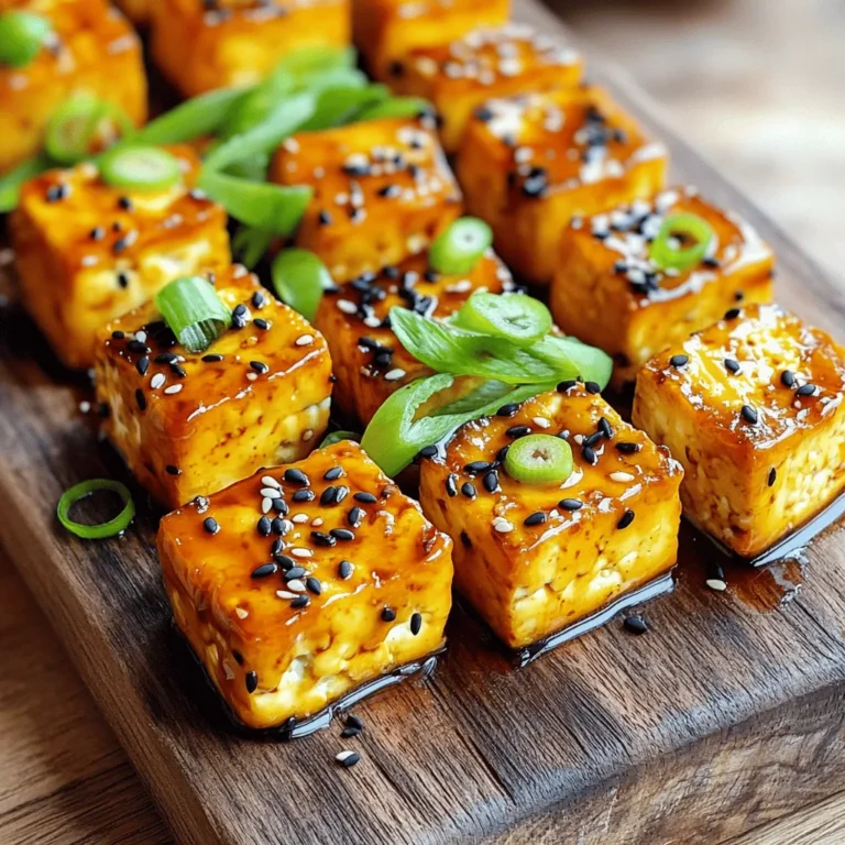 - 1 block (14 oz) firm tofu - 1/4 cup soy sauce (or tamari for gluten-free) - 2 tablespoons maple syrup - 2 tablespoons rice vinegar - 2 tablespoons sesame oil - 1 tablespoon fresh ginger, grated - 2 cloves garlic, minced - 1/2 teaspoon black sesame seeds - 2 green onions, sliced The ingredients for Oven Baked Teriyaki Tofu are simple and easy to find. Firm tofu is key to getting the right texture. You need soy sauce or tamari, depending on your diet. Maple syrup adds sweetness that balances the saltiness of the soy sauce. Rice vinegar gives a nice tang, while sesame oil adds a rich flavor. Fresh ginger brings a warm spice that enhances the dish. Minced garlic rounds out the sauce beautifully. For garnishes, black sesame seeds and sliced green onions add color and crunch. These ingredients not only taste great, but they also make your dish look lovely on the plate. You can find the full recipe in the article to guide you through cooking this delicious meal. Enjoy the blend of flavors while knowing you made something tasty and healthy! - Preheat the oven to 400°F (200°C). - Cut pressed tofu into 1-inch cubes. First, I find it important to press the tofu well. This helps remove excess water. After pressing, I like to cut the tofu into 1-inch cubes. This size helps the tofu cook evenly. - Whisk together soy sauce, maple syrup, rice vinegar, sesame oil, grated ginger, and minced garlic. - Marinate the tofu in half of the teriyaki sauce for 15 minutes. Next, I make the teriyaki sauce. I whisk together soy sauce, maple syrup, rice vinegar, sesame oil, grated ginger, and minced garlic. This mix gives the tofu a sweet and savory flavor. After mixing, I pour half of the sauce over the tofu cubes. I let it marinate for 15 minutes. This step is key, as it allows the tofu to soak up the flavors. - Coat marinated tofu with cornstarch. - Bake tofu for 25-30 minutes, flipping halfway. - Drizzle remaining teriyaki sauce and return to the oven for 5 minutes. Once the tofu is marinated, I coat it with cornstarch. This helps create a crispy texture. I then spread the tofu on a baking sheet. I make sure not to crowd the pieces. I bake the tofu for 25-30 minutes. I flip the pieces halfway to ensure even cooking. After baking, I drizzle the remaining teriyaki sauce over the tofu. I return it to the oven for another 5 minutes. This caramelizes the sauce, adding even more flavor. After all this, the tofu is ready to enjoy. For the full recipe, check the earlier section. To get that perfect crispy texture, start with firm tofu. Press it well to remove excess water. This step is key! If your tofu is too wet, it won't crisp up nicely. After pressing, cut the tofu into bite-sized cubes. Then, coat each piece evenly with cornstarch. This ensures they turn golden and crunchy when baked. Want to add a little spice? Sprinkle some chili flakes on your tofu before baking. It gives a nice kick! You can also add vegetables to the mix. Bell peppers and broccoli work great. They roast perfectly and add color to your dish. Serve your baked teriyaki tofu over a bed of rice or quinoa. This adds a nice base to soak up the sauce. For a beautiful finish, garnish with extra green onions and sesame seeds. These little touches make your meal look professional and inviting. For the full recipe, check out the provided link. Enjoy your cooking! {{image_4}} You can swap tofu for other proteins. Tempeh works well if you want a nuttier flavor. Chicken is another option for those who prefer meat. Each choice gives a unique texture and taste. Feel free to play with sauces. Try teriyaki mixed with pineapple juice for a sweet twist. Hoisin sauce can add a rich flavor, too. These changes can elevate your dish and keep it exciting. For a gluten-free dish, use tamari instead of soy sauce. This small swap keeps the flavor while making it safe for gluten-sensitive folks. If you want to cut carbs, serve the tofu with cauliflower rice. It’s a great way to enjoy the meal without the extra carbs. Store leftover teriyaki tofu in an airtight container in the fridge for up to 4 days. This keeps it fresh and tasty. Just make sure the lid seals well to avoid moisture loss. When ready to eat, it’ll still have great flavor. Freeze cooked teriyaki tofu for longer storage. This is a smart choice if you want to save some for later. Wrap it well in plastic wrap or place it in a freezer-safe bag. To enjoy, simply reheat it after thawing. It will still taste great! Use an oven or stove to reheat your tofu for the best texture. This method keeps the tofu crispy. Avoid using a microwave if possible. Microwaving can make it soggy and less enjoyable. Just pop it in the oven or on the stove for a few minutes, and you’re good to go! Use a tofu press or place tofu between plates with weight on top to remove excess water. Pressing tofu helps it absorb flavors better. It also gets a nice, crispy texture when cooked. If you don’t have a press, you can use heavy books or cans. Yes, this recipe is already vegan-friendly as it uses plant-based ingredients. Tofu is a great source of protein and fits well in many meals. The sauce is made with soy sauce, maple syrup, and other vegan items. Pair it with steamed vegetables, rice, or a fresh salad for a complete meal. You can also serve it over quinoa or with a side of noodles. Mixing colors and textures makes your dish more appealing and tasty. For more ideas, check out the Full Recipe. In summary, this blog post guides you through making delicious teriyaki tofu. You learned about the key ingredients, step-by-step instructions, and tasty tips to enhance flavor and texture. Remember, you can modify this dish to suit your taste or dietary needs. With practice, you’ll master crispy tofu and impress your friends and family. Enjoy cooking this simple, yet flavorful meal!