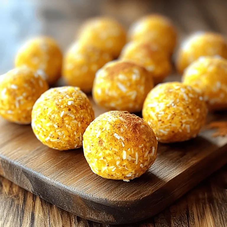 When making Pumpkin Spice Energy Balls, the right ingredients matter. You want a mix that provides energy and taste. Here’s what you need: - 1 cup rolled oats - ½ cup almond butter - ½ cup pumpkin puree - 1/4 cup honey or maple syrup - 2 teaspoons pumpkin spice blend - 1 tablespoon chia seeds - 1/4 cup unsweetened shredded coconut - Pinch of salt - Optional: 1/4 cup dark chocolate chips or raisins Each ingredient adds something special. Rolled oats provide fiber and help fill you up. Almond butter adds healthy fat and protein. Pumpkin puree brings moisture and a hint of sweetness. Honey or maple syrup sweetens the mix naturally. The pumpkin spice blend gives that classic fall flavor. Chia seeds are great for extra nutrition. Shredded coconut adds texture and a tropical touch. You can also add dark chocolate chips or raisins for a sweet surprise. These ingredients come together to create a fun and tasty snack. The full recipe shows you how to mix and shape them into delightful energy balls. Enjoy making your snack! Preparation Steps - Combine rolled oats, almond butter, pumpkin puree, and honey in a bowl. - Mix until smooth and fully blended. - Add pumpkin spice blend, chia seeds, shredded coconut, and salt. - Stir until well combined. Making these energy balls is simple. Start with your rolled oats and almond butter. I love using creamy almond butter for its nutty flavor. Then add in the pumpkin puree and honey. This mix gives a great taste and texture. Blend all these until smooth. You want everything mixed well. Next, sprinkle in your pumpkin spice blend. The aroma will make you excited! Then add chia seeds, shredded coconut, and a pinch of salt. This mix adds a nice crunch and flavor. Stir until everything is mixed evenly. Forming the Energy Balls - Scoop out portions of the mixture and roll into 1-inch balls. - Place on a parchment-lined baking sheet. Now it’s time to shape the energy balls! Take small scoops of the mixture. Roll each into a ball about 1 inch wide. They will be fun to make! Place these on a parchment-lined baking sheet. Spacing them out helps when they firm up. Chilling and Storing - Refrigerate for at least 30 minutes to firm up. - Store in an airtight container in the refrigerator for up to a week or freeze for longer storage. After shaping, chill the balls in the fridge. Let them sit for at least 30 minutes. This helps them become firmer. Once they are chilled, store them in an airtight container. They last up to a week in the fridge. For longer storage, freeze them. They will be great for a quick snack later! For the full recipe, you can check the details above. You can swap nut butters for different flavors. Try using peanut or cashew butter instead of almond butter. These options will change the taste but keep it yummy. For sweeteners, consider agave nectar or brown rice syrup. They add unique flavors and can make your energy balls even more delightful. Want to add some crunch? Toss in some chopped nuts or seeds. Almonds, walnuts, or pumpkin seeds work great. They will give your energy balls a nice bite. You can also use dried fruit like cranberries or apricots. Dried fruit adds natural sweetness and makes each ball chewy and fun to eat. When serving your energy balls, presentation matters. Place them in a pretty jar or on a wooden board. For a festive touch, sprinkle a bit of pumpkin spice on top before serving. These little treats pair well with drinks too. Try them with apple cider, coffee, or even a smoothie for a tasty snack combo. {{image_4}} You can easily switch up the flavors of your pumpkin spice energy balls. Try using chai spice instead of pumpkin spice for a warm twist. Apple pie spice also works well and adds a sweet, fruity note. If you're a chocolate lover, mix in cocoa powder. This will give the energy balls a rich chocolate taste that is hard to resist. Feel free to experiment with different nut butters. Almond butter is great, but peanut or cashew butter can change the flavor. You can also use honey or maple syrup as sweeteners. For a health boost, add superfoods like spirulina or protein powder. These ingredients can enhance the nutritional profile of your energy balls without changing the taste too much. You can adapt this recipe for different holidays. For Christmas, add a bit of peppermint extract or crushed candy canes. For Halloween, why not add some chopped nuts for texture? If you want a tropical vibe, mix in coconut flakes and pineapple. This twist gives your energy balls a fun and sunny taste, perfect for warm days. For the complete recipe, check out the [Full Recipe]. To keep your Pumpkin Spice Energy Balls fresh, store them in the fridge. Use an airtight container to seal in moisture. This way, they stay tasty and safe to eat. I recommend using glass containers or high-quality plastic ones. These options prevent any odors from affecting your snacks. Freezing energy balls is simple and great for long-term storage. First, place the energy balls on a baking sheet. Make sure they are spaced apart. Freeze them for about an hour until they are firm. Then, transfer them to an airtight container or a freezer bag. They can last up to three months in the freezer without losing their flavor. In the fridge, these energy balls stay fresh for about a week. If you freeze them, they can last for three months. Always check for signs of spoilage before eating. Look for any mold or an off smell. If you see any changes, it's best to throw them away. For more details on making these snacks, check the Full Recipe. These energy balls last about one week in the fridge. Store them in an airtight container. For longer storage, freeze them. They can last up to three months in the freezer. Just remember to label your container with the date. Yes, you can easily make these energy balls vegan. Use maple syrup instead of honey. For nut butter, you can choose sunflower seed butter or any other vegan option. Both will work well. If you need a substitute for almond butter, try these options: - Peanut butter - Cashew butter - Sunflower seed butter - Tahini Each of these will add its own unique flavor, so pick what you like best. Yes, these energy balls can be gluten-free. Use certified gluten-free oats. This ensures no cross-contamination with gluten grains. Check your nut butter and sweeteners too, as some may contain gluten. To adjust the sweetness, try these tips: - Add more honey or maple syrup for extra sweetness. - Use less if you prefer a less sweet snack. - You can also mix in dried fruits like dates or raisins to boost sweetness naturally. This way, you can match the flavor to your taste. For the full recipe, check the earlier sections. These Pumpkin Spice Energy Balls are simple to make and customize. We covered the easy steps for preparation, forming, and storing them. You can swap ingredients to suit your tastes and even try seasonal flavors. These snacks are great for gatherings or on-the-go. Enjoy them fresh from the fridge or store them for later. Remember to check for freshness and adjust sweetness as needed. I hope you enjoy making and sharing these tasty treats!