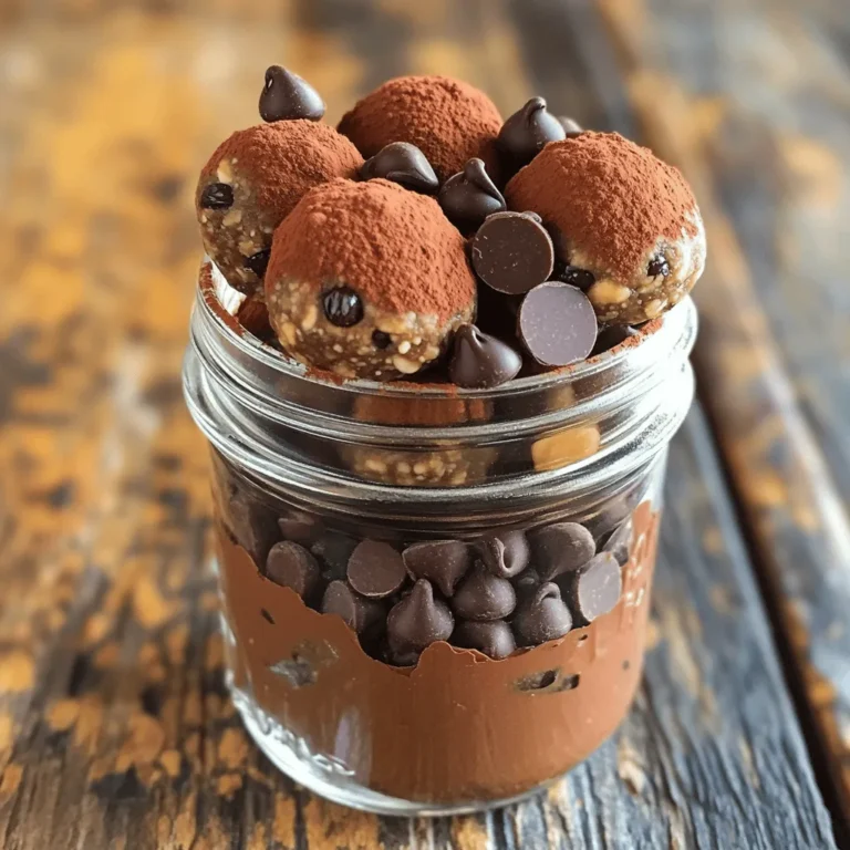 To make these delicious energy bites, you will need: - 1 cup rolled oats - 1/2 cup natural peanut butter (creamy or crunchy based on preference) - 1/3 cup honey or maple syrup (for a vegan option, use maple syrup) - 1/2 cup dark chocolate chips (use dairy-free if desired) - 1/4 cup ground flaxseed - 1/2 teaspoon vanilla extract - A pinch of sea salt If you have nut allergies, you can try sunflower seed butter instead of peanut butter. For a gluten-free option, ensure you use gluten-free oats. If you want to skip the sweeteners, try ripe bananas to add natural sweetness while keeping the bites moist. - Rolled oats: These provide fiber and long-lasting energy. - Natural peanut butter: It offers healthy fats and protein for satiety. - Honey or maple syrup: These sweeteners add flavor and quick energy. - Dark chocolate chips: They are rich in antioxidants and provide a treat. - Ground flaxseed: This is high in omega-3 fatty acids and fiber. - Vanilla extract: It enhances flavor and makes the bites taste gourmet. - Sea salt: Just a pinch balances sweetness and enhances all flavors. These ingredients work together to create tasty energy bites that are healthy and satisfying. For the full recipe, check out the earlier section! 1. Start with a large mixing bowl. Add 1 cup of rolled oats, 1/4 cup of ground flaxseed, and a pinch of sea salt. Mix these dry ingredients well. 2. In a medium bowl, combine 1/2 cup of natural peanut butter, 1/3 cup of honey or maple syrup, and 1/2 teaspoon of vanilla extract. Stir until smooth. 3. Pour the wet mixture into the dry ingredients. Use a spatula to fold them together well. Ensure everything is coated. 4. Fold in 1/2 cup of dark chocolate chips. Make sure they are evenly mixed throughout the dough. 5. Scoop small portions of the mixture. Roll them into balls about 1 inch wide. If sticky, wet your hands slightly to help. 6. Place the energy bites on a parchment-lined tray. Leave space between them to avoid sticking. 7. Cover the tray with plastic wrap. Chill in the fridge for at least 30 minutes. This will help them firm up. - Use a whisk for dry ingredients to mix them well. This helps distribute flavors. - When mixing wet ingredients, incorporate them slowly into the dry mix. This ensures even coating. - Don’t rush the folding process. Take your time to combine the mixtures fully. This ensures a consistent texture. - A large mixing bowl for combining dry ingredients. - A medium bowl for mixing wet ingredients. - A spatula for folding the mixtures together. - A whisk for the dry ingredients if you prefer. - Parchment paper to line your tray and prevent sticking. These steps make it easy to create delicious Chocolate Peanut Butter Energy Bites. For the full recipe, check the earlier section. Enjoy! To get the right texture, start with rolled oats. They add chewiness. Use natural peanut butter for creaminess. If you like crunch, go for crunchy peanut butter. Ground flaxseed helps bind the ingredients. You can adjust the amount of honey or maple syrup for sweetness and stickiness. If the mixture is too dry, add a splash of water. If too wet, add more oats. Store your energy bites in an airtight container. This keeps them fresh for longer. You can keep them in the fridge for up to a week. If you want them to last longer, freeze them. They can stay frozen for up to three months. Just let them thaw in the fridge before eating. Serve these bites on a pretty plate or in a mason jar. You can sprinkle cocoa powder on top for a nice touch. Try adding some sea salt flakes on top for a sweet and salty mix. These bites make a great snack for any time of day. They’re perfect for a quick breakfast or a post-workout treat. For the full recipe, check out the details above. {{image_4}} You can change the flavor of your energy bites easily. Adding shredded coconut gives a tropical twist. Just mix in about 1/2 cup of unsweetened coconut with the other dry ingredients. You can also add nuts like almonds or walnuts. Chop them into small pieces and mix them in for crunch. If you want a fruit flavor, try adding dried cranberries or raisins. They add a sweet touch that pairs well with chocolate. If you want to swap out honey, agave syrup is a great choice. It has a mild flavor and works well in this recipe. Maple syrup is another option. It makes your bites vegan and adds a rich taste. Use the same amount of sweetener as honey. If you prefer less sweetness, you can cut down on the amount. Just adjust it based on your taste. To make these bites vegan, simply use maple syrup and dairy-free chocolate chips. For a gluten-free option, check that your oats are labeled gluten-free. They can be made with ease, so no one will miss the gluten. There are also nut-free butters, like sunflower seed butter, to use instead of peanut butter. This way, everyone can enjoy these tasty treats! To keep your energy bites fresh, store them in an airtight container. Place a layer of parchment paper between the bites. This prevents them from sticking together. If you plan to freeze them, wrap each bite in plastic wrap. Then, place them in a freezer bag. This extra step keeps them fresh for longer. When you refrigerate energy bites, they last about one week. If you freeze them, they can stay good for up to three months. Just remember, the sooner you eat them, the better they taste. Always check for any signs of spoilage before enjoying. To thaw frozen energy bites, move them to the fridge overnight. If you're in a hurry, you can let them sit at room temperature for about 30 minutes. Serve them chilled or at room temp. They taste great either way! For extra fun, try serving with fresh fruit or yogurt. You can find the full recipe for these tasty bites in the article. Yes, you can use instant oats. Instant oats will change the texture a bit. They may make the bites softer and less chewy. Rolled oats give a better bite and keep the energy bites firm. If you want a chewy texture, stick with rolled oats. These energy bites stay fresh for about one week in the fridge. Store them in an airtight container to keep them from drying out. You can also freeze them for up to three months. Just make sure to thaw them in the fridge before eating. Yes, you can skip the chocolate chips. The bites will still taste great without them. You can add other mix-ins like dried fruits or nuts for more flavor. This way, you customize the energy bites to fit your taste and health goals. For the full recipe, check out the details in the earlier sections. You now have a clear guide for making Chocolate Peanut Butter Energy Bites. We covered ingredients, step-by-step instructions, and useful tips. You learned about substitutions for allergens, the benefits of each ingredient, and how to get the best texture. Feel free to try different flavors and storage methods. These energy bites are easy and fun to make! Enjoy the fresh flavors, and share them with friends or family. Keep experimenting to find your favorite combinations!