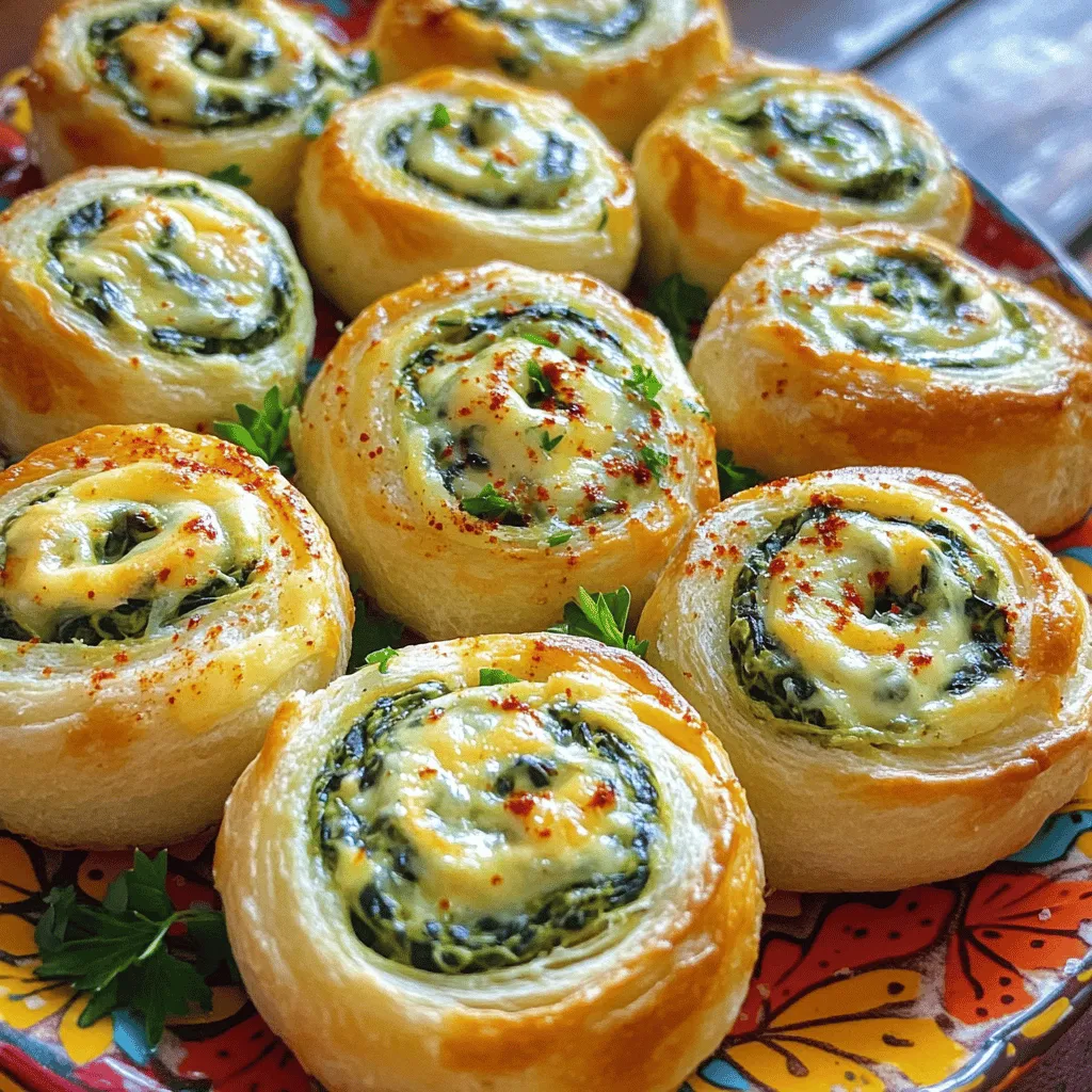 - Fresh spinach - Cream cheese - Shredded mozzarella cheese - Grated Parmesan cheese - Garlic powder - Onion powder - Red pepper flakes (optional) - Salt and black pepper - Flour tortillas - Alternative tortilla options When making Cheesy Spinach Pinwheels, fresh ingredients truly make a difference. I use fresh spinach to add a bright flavor. Cream cheese gives a rich and smooth base. Shredded mozzarella melts perfectly, while grated Parmesan adds a nice bite. For seasoning, I reach for garlic powder for a punch of taste. Onion powder adds depth, and I love a pinch of red pepper flakes if I want some heat. Salt and black pepper round it all out. Tortillas are key! I prefer large flour tortillas. They roll up well and hold the filling. If you want a twist, you can try whole wheat or spinach tortillas for extra flavor and nutrition. Using these ingredients helps create a tasty snack that everyone loves. You can find the full recipe above to get started on your Cheesy Spinach Pinwheels! 1. Preheat your oven to 350°F (175°C). This step is key for a good bake. 2. In a medium bowl, mix the filling. Combine 1 cup of finely chopped spinach, 1 cup of softened cream cheese, 1 cup of shredded mozzarella, and 1/2 cup of grated Parmesan cheese. Add 1 teaspoon of garlic powder, 1 teaspoon of onion powder, and a pinch of red pepper flakes if you want heat. Season with a little salt and black pepper. Stir until smooth. 1. Take a flour tortilla and lay it flat. Spoon about one quarter of the filling onto the center. Spread it evenly, leaving a little space around the edges. 2. Starting from one end, tightly roll the tortilla. Make sure the filling stays inside. Repeat this for the rest of the tortillas and filling. 1. Use a sharp knife to slice each roll into 1-inch thick pinwheels. You should get about 12-15 pieces. 2. Arrange the sliced pinwheels cut side up on a baking sheet lined with parchment paper. Brush the tops lightly with olive oil for a crispy finish. 3. Place the baking sheet in the oven. Bake for about 15-20 minutes, until golden brown and the cheese melts perfectly. 4. Once baked, take them out and let them cool for a few minutes before serving warm. For the full recipe, check out the earlier section. To make your cheesy spinach pinwheels shine, you can adjust the cheese blend. Try mixing in a bit of feta for a tangy kick. You might also swap mozzarella for a sharp cheddar to change the flavor profile. You can experiment with seasoning variations too. Add herbs like basil or oregano for freshness. If you want more heat, increase the red pepper flakes. A sprinkle of smoked paprika can add a fun twist. For presentation, arrange the pinwheels on a colorful platter. Garnish with freshly chopped parsley for a touch of green. You can also sprinkle chili flakes for a vibrant look. Dipping sauce options can enhance your pinwheels. Try serving them with marinara or ranch dressing. A garlic aioli also pairs well and adds a creamy finish. The optimal baking time is 15-20 minutes at 350°F (175°C). This ensures the pinwheels become golden brown and crispy. Keep an eye on them to avoid burning. For the right texture, allow them to cool for a few minutes after baking. This helps the cheese set, making each bite delicious and satisfying. Enjoy your tasty snack! {{image_4}} You can easily switch some ingredients in Cheesy Spinach Pinwheels to suit your taste. - Additional vegetables: Try adding finely chopped bell peppers, mushrooms, or artichokes for more flavor and texture. These veggies blend well with spinach and cheese. - Cheese alternatives: If you're not a fan of cream cheese, try ricotta or cottage cheese. They will give a unique taste and texture. You can also mix different cheeses like feta or gouda for a twist. Boost the taste of your pinwheels with some simple changes. - Spice additions: Add a pinch of cayenne pepper or chili powder for a spicy kick. You can also use smoked paprika for a subtle smoky taste. - Herbs for freshness: Fresh herbs like basil, dill, or parsley can brighten up your pinwheels. Just chop them finely and mix them into your filling. Want to cater to different diets? Here are some easy swaps. - Making it gluten-free: Use gluten-free tortillas instead of regular flour tortillas. This change keeps the flavor while making it safe for those with gluten sensitivities. - Vegan-friendly options: Substitute cream cheese with a plant-based cream cheese. You can also use vegan cheese instead of mozzarella and Parmesan. This way, everyone can enjoy the tasty pinwheels. For the full recipe, check out the detailed instructions above. To keep your cheesy spinach pinwheels fresh, store them in the fridge. Use an airtight container to lock in moisture. Place a paper towel inside to absorb any extra moisture. This will help prevent sogginess. You can also wrap them in plastic wrap for added protection. If you want to freeze them, wrap each pinwheel in plastic wrap or foil. Then, place them in a freezer bag. Make sure to remove as much air as possible. They will stay fresh in the freezer for up to three months. When ready to eat, thaw them in the fridge overnight. When reheating pinwheels, the oven works best. Preheat it to 350°F (175°C). Place the pinwheels on a baking sheet. Heat them for about 10-15 minutes. This keeps them crispy and tasty. You can also use an air fryer for a quick option. Set it to 350°F and heat for about 5-7 minutes. Avoid using the microwave if you can. It may make the pinwheels soggy. If you must use a microwave, heat them for short bursts. Check often to keep them from getting too soft. In the fridge, cheesy spinach pinwheels last about 3-5 days. Always check for signs of spoilage before eating. If they smell off or look discolored, it's time to toss them. When frozen, they can last up to three months. However, for the best taste, eat them within one month. Keep an eye out for freezer burn, which can affect flavor and texture. Yes, you can make Cheesy Spinach Pinwheels ahead of time. Prepare the filling and roll the tortillas. Wrap each roll in plastic wrap. Store them in the fridge for up to 24 hours. When ready to bake, just slice and cook as directed. This saves time and makes serving easier. To add spice, mix in more red pepper flakes or diced jalapeños. You can also use pepper jack cheese instead of mozzarella. These small changes can bring a nice kick to your pinwheels. Adjust the heat to suit your taste! These pinwheels pair well with a variety of dips. Try marinara sauce, ranch, or even a spicy aioli. Fresh veggies are also great on the side. They add crunch and balance the creaminess of the pinwheels. You can make a colorful platter for your guests. Yes, Cheesy Spinach Pinwheels are perfect for meal prep. You can batch-cook them and store leftovers easily. They freeze well, too. Wrap individual pinwheels in foil and store in a zip-top bag. This way, you can enjoy a quick snack or meal anytime! In this post, we covered how to make Cheesy Spinach Pinwheels. We looked at key ingredients, like fresh spinach and different cheeses. You learned the easy steps for preparation and baking, plus tips for serving and storing. Remember, you can mix flavors or adjust for dietary needs. These pinwheels are simple and fun. Enjoy them as a snack or a meal. With a few tweaks, your pinwheels can be just how you like them! Keep experimenting and have fun in the kitchen.