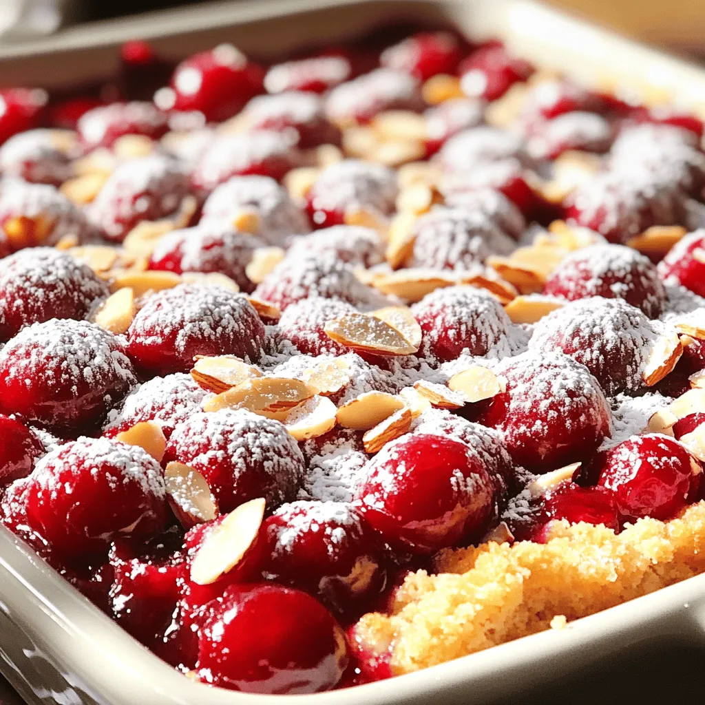 - 2 cans (14.5 oz each) cherry pie filling - 1 cup sliced almonds - 1 box vanilla cake mix (15.25 oz) - 1/2 cup unsalted butter, melted - 1 teaspoon almond extract - 1/2 teaspoon vanilla extract - 1/4 cup powdered sugar for dusting (optional) When I make Cherry Almond Dump Cake, I love using these simple ingredients. The cherry pie filling brings a burst of fruitiness, while the sliced almonds add a nice crunch. The vanilla cake mix gives the cake its soft and fluffy texture. The melted butter adds richness and helps the cake bake perfectly. Almond extract is key for that nutty flavor. I also like to add a little vanilla extract for depth. If you want a sweet finish, dusting with powdered sugar gives a lovely touch. You can find the full recipe above to guide you through each step. These ingredients come together to create a dessert that is both easy and delicious. Enjoy the bright flavors and textures in every bite! 1. Preheat your oven to 350°F (175°C). This ensures even baking. 2. Take a 9x13-inch baking dish. Spread two cans of cherry pie filling evenly across the bottom. Make sure it is smooth, so every bite has flavor. 1. In a medium bowl, combine one box of vanilla cake mix with one teaspoon of almond extract and half a teaspoon of vanilla extract. Stir gently until just mixed. Avoid overmixing to keep the cake light. 2. Pour the batter over the cherry filling. Use a spatula to cover as much fruit as you can. This helps mix the flavors. 3. Drizzle half a cup of melted butter over the top. If you see clumps of cake mix, gently spread them out. This ensures even baking. 1. Place the baking dish in the oven and bake for 30 to 35 minutes. The top should turn golden brown. To check if it’s done, insert a toothpick into the center. If it comes out clean, the cake is ready. 2. After baking, let the cake cool in the dish for about 10 minutes. This helps the layers set before you serve it. You can find the Full Recipe above for all the details! To make your Cherry Almond Dump Cake shine, avoid overmixing the batter. Stir just until the dry mix blends with the wet ingredients. Too much mixing can make the cake dense and tough. Next, ensure you have even butter coverage. Drizzle the melted butter across the top of the cake mix evenly. This helps it bake uniformly. If you notice clumps of mix, use a spatula to gently spread it out. This will give you a nice, golden crust. Serve your cake warm for the best experience. A scoop of vanilla ice cream on top adds a creamy touch. The warm cake and cold ice cream create a delightful contrast. For an elegant look, consider garnishing with extra sliced almonds. You might also sprinkle some powdered sugar on top for a sweet finish. These small touches make your dessert even more inviting. If you want to elevate it further, try pairing it with a drizzle of chocolate sauce. This adds a rich flavor that complements the cherries well. Try these tips, and enjoy your delicious Cherry Almond Dump Cake! For the full recipe, refer to the earlier section. {{image_4}} You can change the flavor of your Cherry Almond Dump Cake easily. One fun idea is to use different nuts. Try walnuts or pecans for a new crunch. Each nut has its own taste, which adds excitement. Consider using other fruit fillings too. Blueberries or apples work great. These fruits can give the cake a fresh twist and a different look. If you need a gluten-free option, look for gluten-free cake mixes. Many brands now make tasty mixes that work well. This way, you can enjoy the cake without worry. For those who are dairy-free, you can swap regular butter for a dairy-free alternative. Coconut oil or vegan butter can work well. Both options keep the cake moist and tasty. To store leftover Cherry Almond Dump Cake, let it cool completely. Once it's cool, cover the dish with plastic wrap or aluminum foil. You can also transfer slices to an airtight container. This keeps the cake fresh for up to five days in the fridge. The goal is to seal in the moisture, so it stays soft. I recommend using a glass container. Glass helps preserve flavors better than plastic. If you stack slices, place parchment paper between them. This prevents sticking and keeps the texture nice. When reheating the cake, the best method is the oven. Preheat it to 350°F (175°C). Place the cake in an oven-safe dish, cover it with foil, and heat for about 10-15 minutes. This warms the cake evenly without drying it out. If you're short on time, you can use a microwave. Heat individual slices on a microwave-safe plate. Start with 20 seconds, then check if it's warm. This method is quick but may make the cake a bit soggy. To keep a good texture, try to avoid microwaving for too long. Can I use fresh cherries instead of canned? Yes, you can use fresh cherries! Just pit and slice them. Fresh cherries give a great taste. They add a fun texture too. However, you may need to add some sugar. Fresh cherries are less sweet than canned ones. About 1/4 cup of sugar should work well. How do I know when the cake is done baking? Check the cake at 30 minutes. Insert a toothpick into the center. If it comes out clean, the cake is done! The top should be golden brown. You can also lightly press the top. If it springs back, it’s ready. What drinks pair well with Cherry Almond Dump Cake? This cake goes well with milk or coffee. A scoop of rich vanilla ice cream makes it even better. You can also try a sweet dessert wine for a fancy touch. For kids, cherry soda is a fun option! Can I make this cake a day in advance? Yes, you can! Make it the day before and keep it covered at room temperature. This allows the flavors to blend. Just warm it slightly before serving. You can follow the full recipe to ensure the best results. This Cherry Almond Dump Cake combines simple ingredients for a delightful dessert. We covered the main and additional ingredients, like cherry filling and almond extract, and shared easy steps to bake the cake. Tips for perfecting the recipe and variations help you customize to your taste. Remember to store leftovers properly and use the reheating tips to enjoy later. This dessert is fun and adaptable, making it a crowd-pleaser at any gathering. Enjoy every bite of your creation!