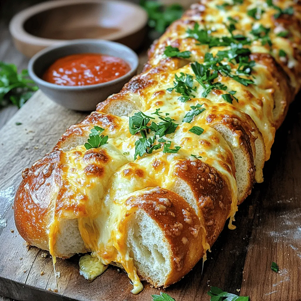 - 1 loaf of freshly baked sourdough bread - 1 cup shredded mozzarella cheese - 1 cup shredded sharp cheddar cheese - 1/2 cup unsalted butter (1 stick), softened to room temperature - 4 cloves garlic, finely minced - 1/4 cup fresh parsley, finely chopped - 1 teaspoon garlic powder - 1/2 teaspoon fine sea salt - 1/4 teaspoon freshly ground black pepper This recipe uses fresh sourdough bread for a soft and chewy base. The combination of mozzarella and cheddar gives a perfect melt and flavor. Butter adds richness and helps the garlic infuse deeply into the bread. For flavor, I love adding minced garlic and fresh parsley. Garlic powder enhances the taste, making it robust. A pinch of sea salt and black pepper rounds out the flavors, making every bite irresistible. You can find the full recipe above. It’s a simple yet delightful way to enjoy cheesy pull-apart garlic bread at home. 1. Preheat the Oven Start by preheating your oven to 350°F (175°C). This is key for even baking. 2. Prepare the Garlic Butter Mixture In a small bowl, mix the softened butter, minced garlic, chopped parsley, garlic powder, sea salt, and black pepper. Use a fork to blend until smooth. 1. Cutting the Sourdough Take your loaf of sourdough bread and place it on a cutting board. Carefully slice the bread diagonally and horizontally. Make a grid pattern but don't cut all the way through. Keep cuts about one inch apart. 2. Filling the Cuts with Garlic Butter With a knife or spoon, fill each cut generously with the garlic butter mix. Make sure every crack is filled for maximum flavor. 1. Distributing the Shredded Cheese Now, sprinkle the shredded mozzarella and cheddar cheese into the openings of the bread. Push the cheese down gently to fill all spaces. 2. Wrapping and Baking the Bread Wrap the filled bread tightly in aluminum foil and place it on a baking sheet. Bake it in your preheated oven for 15 minutes. This helps the cheese melt and warms the bread. After 15 minutes, remove the foil. Let the top brown by baking for another 10-15 minutes. Watch for bubbling cheese and golden color. This recipe makes a delicious, cheesy pull-apart garlic bread that everyone will love. For the full recipe, check out the details above! How to Cut the Bread Correctly Cutting the bread is key. Start with a whole loaf of sourdough. Place it on a board. Use a serrated knife for clean cuts. Slice diagonally and then horizontally. Make cuts about 1 inch apart. Do not cut all the way through. This keeps the loaf intact for pulling apart. Ensuring Even Butter Distribution Even butter spread is vital. Mix your garlic butter well before using it. Use a small spoon or knife to fill each cut. Get the butter deep into each slice. This ensures every piece is rich in flavor. Monitoring the Cheese Melting Watch the cheese closely while it bakes. You want it to melt but not burn. After 15 minutes, check if it’s bubbling. If it is, that’s a good sign. Remove the foil to let it brown for extra flavor. Achieving the Golden Brown Finish For a perfect golden finish, bake uncovered. Keep an eye on it during the last 10 minutes. The bread should look crispy and golden. It will taste even better with that nice crunch. Presentation Ideas Serve your cheesy pull-apart bread on a wooden board. This adds a rustic touch. Garnish with parsley for a pop of color. It looks great and tastes amazing. Pairing Options (Dipping Sauces) Dipping sauces make this bread even more fun. Marinara sauce is a classic choice. You can also try garlic butter or ranch dressing. Each option adds more flavor to your bites. Explore different combinations to find your favorite! {{image_4}} You can mix up the cheeses for a new taste. Try using different cheese blends. You might use gouda for a smoky flavor or pepper jack for some heat. Mixing cheeses can change the whole dish. Adding cream cheese is a great way to boost creaminess. It makes the bread even richer. Simply blend it into your garlic butter mix. This extra step gives each bite a smooth finish. You can add herbs for a fresh twist. Basil or oregano can give your bread a bright taste. Just chop them finely and mix them into the garlic butter. This small change can make a big difference. If you want some spice, try red pepper flakes. They add warmth without overpowering the garlic. Just a pinch will do. Customize the heat to fit your taste buds. For those who need gluten-free options, use gluten-free bread. Many stores sell good-quality gluten-free loaves. Just make sure to choose one that suits your taste. If you're vegan, you can swap out the cheese and butter. Use vegan cheese and plant-based butter instead. This way, everyone can enjoy cheesy pull-apart garlic bread. You still get that delicious taste without dairy. For the full recipe, check the section above. To keep your cheesy pull-apart garlic bread fresh, follow these tips: - Best Practices for Refrigeration: Wrap the leftover bread tightly in plastic wrap. This helps keep moisture in and stops it from drying out. Place it in an airtight container. Store it in the fridge for up to three days. - How to Freeze Cheesy Pull-Apart Garlic Bread: If you want to save it longer, freezing is a great option. Wrap the bread in aluminum foil first. Then, place it in a freezer-safe bag. This way, it can last up to three months without losing flavor. Now, let’s talk about reheating your cheesy pull-apart garlic bread. - Best Methods for Reheating: The oven is the best choice. Preheat it to 350°F (175°C). Remove the bread from the fridge or freezer. If frozen, let it thaw in the fridge overnight. Cover the bread with foil while baking for 10-15 minutes. This keeps it warm and melty inside. - Avoiding Soggy Bread: To avoid sogginess, do not microwave the bread. This can make it rubbery. Always use the oven. If you want a crispy top, remove the foil for the last few minutes of baking. Enjoy the cheese bubbling and the crust golden! How to make Cheesy Pull-Apart Garlic Bread more flavorful? You can boost the flavor by adding more garlic. Try using roasted garlic for a sweeter taste. Adding a pinch of red pepper flakes brings heat, too. Fresh herbs, like basil or chives, also add a nice touch. Can I use different types of bread for this recipe? Yes! You can use Italian or French bread if you want a different taste. Just ensure the bread can hold the cheese and butter. A thicker crust works best for this cheesy bread. How long does it take to make Cheesy Pull-Apart Garlic Bread? The whole process takes about 40 minutes. You need about 10 minutes to prep and 30 minutes to bake. It’s quick and easy for a tasty snack or side dish. What if I don’t have fresh herbs? If you lack fresh herbs, use dried herbs instead. Dried parsley or Italian seasoning can work well. Just remember to use less than you would with fresh herbs, as they are more concentrated. How can I make this recipe spicier? To spice things up, add red pepper flakes or diced jalapeños. You can also swap out some cheese for pepper jack. This will give your garlic bread a nice kick! Is it possible to prepare this garlic bread ahead of time? Yes, you can prepare it ahead. Assemble the bread and wrap it tightly in foil. Store it in the fridge for up to 24 hours. When ready to bake, just add a few extra minutes to the cooking time. In this blog post, I shared a simple recipe for Cheesy Pull-Apart Garlic Bread. We covered the main ingredients like sourdough bread and cheese, and how to enhance flavor with garlic and herbs. I detailed each step from preparation to baking, plus tips for great texture. You can try variations to suit your taste or diet. Enjoy this bread fresh or stored for later. Remember, it’s all about creativity and fun in the kitchen. Dive in, explore flavors, and make it your own!