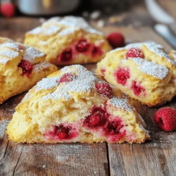 - 2 cups all-purpose flour - 1/3 cup granulated sugar - 1 tablespoon baking powder - 1/2 teaspoon salt - 1/4 cup cold unsalted butter, cubed - 1/2 cup heavy cream - 1 large egg - Zest of 1 lemon - 1 tablespoon fresh lemon juice - 1 cup fresh raspberries (or frozen raspberries) - Optional: powdered sugar for dusting Each ingredient plays a key role in making scones light and tasty. - All-purpose flour gives structure. It forms the base of the dough. This keeps the scones from being too dense. - Granulated sugar adds sweetness. It balances the tartness of the lemon and raspberries. - Baking powder helps the scones rise. This makes them fluffy and soft. - Salt enhances flavor. A little bit brings out the sweetness of the sugar and fruit. - Cold unsalted butter adds richness. It creates flaky layers when mixed with flour. - Heavy cream provides moisture. It helps bind the dough together for a soft texture. - Egg acts as a binder. It helps the scones hold their shape while baking. - Lemon zest and juice infuse bright flavor. They give the scones a fresh, zesty kick. - Fresh raspberries add juicy bursts of flavor. They brighten the scones with a pop of color. - Powdered sugar is optional. It adds a sweet finishing touch for serving. For those with dietary needs, you can swap the heavy cream for almond milk, or use gluten-free flour in place of all-purpose flour. These changes will still keep your scones tasting great. Check out the Full Recipe for more details on making these delightful scones! - Preheat your oven to 400°F (200°C). - Prepare a baking sheet with parchment paper. - In a large bowl, combine 2 cups of all-purpose flour, 1/3 cup of granulated sugar, 1 tablespoon of baking powder, and 1/2 teaspoon of salt. Mix well. - Cut in 1/4 cup of cold, cubed unsalted butter into the flour mixture. Aim for a crumbly texture. - In another bowl, whisk together 1/2 cup of heavy cream, 1 large egg, the zest of 1 lemon, and 1 tablespoon of fresh lemon juice until frothy. - Pour the wet ingredients into the dry mixture. Stir gently until just combined; don’t overmix. - Carefully fold in 1 cup of fresh raspberries. Be gentle to keep them whole. - Lightly flour your surface and place the dough on it. Knead lightly until it forms a ball. - Pat the dough into a circle, about 1 inch thick. Use a knife to cut it into 8 equal wedges. - Place the wedges on the baking sheet, leaving space between them. - Bake for 15-18 minutes. The tops should turn golden brown. A toothpick should come out clean. - Let the scones cool on the baking sheet for 5 minutes. Transfer them to a wire rack to cool completely. For the complete recipe, refer to the section above. Enjoy your lemon raspberry scones! To make perfect Lemon Raspberry Scones, focus on texture. Avoid overmixing the dough. When you mix too much, the scones become tough. Stir until you just combine the ingredients. Using cold ingredients helps the scones rise. Cold butter and cream create steam when baking. This steam makes your scones light and fluffy. Keep your butter in the fridge until you're ready to use it. For a delightful treat, serve your scones warm. Pair them with clotted cream and fresh raspberries. The creamy and tart flavors enhance each bite. If you enjoy them at room temperature, they still taste great but lose some fluffiness. Feel free to get creative with your scones! You can add other fruits like blueberries or strawberries. Chocolate chips also make a tasty addition. Adjust the sweetness by using less sugar or adding more lemon juice. Experimenting with flavors can lead to new favorites! For the complete experience, you can refer to the Full Recipe for detailed steps and ingredients. Enjoy your baking adventure! {{image_4}} To keep your lemon raspberry scones fresh, use an airtight container. This helps lock in moisture and flavor. If you plan to eat them later, refrigerate the scones. Wrap them in plastic wrap before placing them in the container. For longer storage, freeze them. Place the scones in a freezer bag, removing as much air as possible. This keeps them tasty for up to three months. Reheating your scones properly restores their lovely texture. Preheat your oven to 350°F (175°C). Place the scones on a baking sheet. Heat them for about 5-10 minutes. This warms them through without drying them out. If you prefer, you can use a microwave. Heat each scone for 10-15 seconds. Be careful not to overheat, or they will become tough. Lemon raspberry scones stay fresh for about 2-3 days at room temperature. Keep them in an airtight container. If stored in the fridge, they can last up to a week. Check for signs of spoilage, like mold or an off smell. If the scones feel hard or dry, they may not taste good anymore. For the best flavor and texture, enjoy them fresh or reheated. For the full recipe, click here! Lemon raspberry scones are not just tasty; they also bring some nutrition. Each scone has about 200 calories. The fats come from butter and heavy cream, totaling around 10 grams. You also get about 30 grams of carbohydrates, with 3 grams of protein per scone. The ingredients in these scones include some vitamins and minerals. Fresh raspberries add vitamin C and fiber. Lemon zest provides more vitamin C and antioxidants. Together, these ingredients make the scones a delightful choice that can also support your health. If you need gluten-free options, you can swap all-purpose flour for a gluten-free blend. This makes the scones suitable for those with gluten sensitivities. For a dairy-free version, replace the butter and cream with plant-based alternatives like coconut oil and almond milk. Using fresh fruit like raspberries offers great health benefits. Raspberries are low in calories but high in fiber. They help keep you full and support digestion. Plus, their natural sweetness allows you to cut down on added sugars in the recipe. Enjoy the health kick while savoring these delicious lemon raspberry scones! You can use whole milk or half-and-half. These options will make the scones softer. You can also try coconut milk for a dairy-free choice. Remember, using less fat will change the scone's texture. The scones may be less rich but still tasty. Yes, you can use frozen raspberries. Just remember to thaw and drain them first. Frozen berries add moisture, so reduce the baking time by a minute or two. This helps your scones not get too soggy. They will still taste fresh and delicious! Look for a light golden color on top. You can also use a toothpick. Insert it in the center; it should come out clean. If it has wet dough on it, bake the scones for a few more minutes. This ensures they are fully cooked inside. Absolutely! You can use a round cutter to make circles. Just roll the dough out to about one inch thick. Cut out as many rounds as you can. You can also shape the dough into a rectangle and cut squares. This gives a fun twist to the scones! In this post, we explored making delicious scones from scratch. You learned about essential ingredients, their roles, and helpful tips for perfecting texture. We covered step-by-step instructions, smart storage methods, and served up creative variations. Baking scones is fun and rewarding. With these tips and tricks, you can enjoy warm, tasty scones anytime. Remember, the right ingredients and techniques make all the difference. Happy baking!