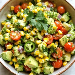 - 2 ripe avocados, diced - 1 can (15 oz) sweet corn, drained - 1 cup cherry tomatoes, halved - 1/4 cup red onion, finely chopped - 1/4 cup fresh cilantro, chopped - 1 jalapeño, minced - 3 tablespoons lime juice - 2 tablespoons extra-virgin olive oil - Salt and black pepper to taste - Zest of 1 lime The first step in making Zesty Avocado Corn Salad is gathering your ingredients. Each one plays a key role in creating a fresh, colorful dish. Start with ripe avocados. They should be soft but not mushy. Dicing them into bite-sized pieces makes them easy to eat. Next, choose sweet corn. You can use canned corn for speed or fresh corn for a sweeter taste. Cherry tomatoes add a burst of flavor. Halve them to let their juices mix with the other ingredients. Red onion gives a nice kick. Finely chop it to keep the flavor balanced. Fresh cilantro brings brightness to the salad. Don’t skip it! Mince the jalapeño for some heat. If you want a milder taste, just remove the seeds. Lime juice and zest add a tangy twist. Extra-virgin olive oil brings richness to every bite. Lastly, season with salt and black pepper to enhance all the flavors. This blend of ingredients creates a refreshing and nutritious dish. For the full recipe, you can check the specific instructions that follow. - In a large mixing bowl, combine: - 2 ripe avocados, diced into bite-sized pieces - 1 can (15 oz) sweet corn, drained - 1 cup cherry tomatoes, halved - 1/4 cup red onion, finely chopped This mix will form the colorful base for your salad. Make sure to mix them gently. You want even distribution for the best taste. - Next, gently fold in: - 1/4 cup fresh cilantro, roughly chopped - 1 jalapeño, finely minced This adds a fresh burst of flavor. If you prefer a mild kick, remove the seeds from the jalapeño. - In a separate bowl, whisk together: - 3 tablespoons fresh lime juice - 2 tablespoons extra-virgin olive oil - Zest of 1 lime - Salt and black pepper to taste This dressing brightens the salad. It ties all the flavors together nicely. - Drizzle the dressing over your salad. - Gently toss to combine without mashing the avocados. You want everything coated in dressing while keeping the avocado pieces intact. - Taste your salad. - Adjust with more salt, pepper, or lime juice if needed. This step is key for perfect flavor. Adjust based on your taste. - Let the salad sit for 10 minutes before serving. This wait allows all the flavors to blend beautifully. For the full recipe, refer to the instructions. When picking avocados, look for ripe ones without dark spots. The skin should be dark green to almost black. Gently squeeze the fruit; it should feel slightly soft but not mushy. If you find hard avocados, leave them at room temperature for a few days to ripen. Once ripe, store them in the fridge to slow down the process. This way, you can enjoy your avocados longer without them going bad. For a flavor boost, try adding fresh herbs like basil or mint. These herbs add a nice twist to the taste. You can also sprinkle in spices like cumin or chili powder for heat. If you want to change the dressing, mix olive oil with balsamic vinegar or apple cider vinegar. This will give your salad a different zing and keep things exciting. When serving, use a shallow bowl to show off the colorful salad. You can sprinkle extra lime zest on top for a pop of color. A fresh sprig of cilantro adds a nice touch, too. If you are hosting a gathering, serve the salad family-style in the middle of the table. This invites everyone to dig in, making it a fun and interactive dish. For a creative twist, use small mason jars to serve individual portions, making them easy to grab. For the full recipe, check out Zesty Avocado Corn Salad. {{image_4}} You can boost this salad with more protein. Grilled chicken adds nice flavor and texture. Shrimp also works well, giving it a fresh taste. If you prefer a vegetarian option, try adding chickpeas. They are filling and full of nutrients. Change the dressing for a new twist. Balsamic vinegar brings a sweet and tangy flavor. You can also add different veggies or fruits. Try diced bell peppers for crunch or mango for sweetness. These swaps keep the salad exciting. Use local or seasonal produce for the best taste. Fresh corn in summer makes it sweeter. In winter, add roasted squash for warmth. Adjust spice levels too. In colder months, you might want a milder taste. In summer, a little more jalapeño can brighten it up. Each season offers a chance to refresh this dish. For the full recipe, check out the detailed steps above. To keep your Zesty Avocado Corn Salad fresh, store it in an airtight container. This helps prevent air exposure. Place the salad in the fridge right after serving. Try to eat it within two days for the best taste. If you can, add lime juice on top before storing. This will help slow down browning. You can freeze Zesty Avocado Corn Salad, but it’s not ideal. The avocados may get mushy when thawed. If you still want to freeze it, leave out the avocados. Instead, freeze the other ingredients and add fresh avocado when you thaw it. Make sure to place the mixture in a freezer-safe bag. Squeeze out as much air as possible before sealing. Leftover salad can be fun to repurpose! Mix it with grains like quinoa or brown rice for a hearty dish. You can also add cooked chicken or beans for more protein. Toss it all together for a filling meal. Another option is to use the salad as a topping for tacos or nachos. It adds freshness and flavor to every bite. For the full recipe, check out the Zesty Avocado Corn Salad details! Yes, you can make this salad ahead of time. To keep it fresh, store the salad in an airtight container. If you know you will serve it later, wait to add the avocado and dressing. This keeps everything crisp and bright. You can mix the other ingredients and store them together. The salad tastes great if made a few hours in advance. Just add the avocado and dressing before serving for the best flavor. Yes, this recipe is gluten-free. All the ingredients used are naturally free of gluten. The avocados, corn, tomatoes, onion, cilantro, and lime juice do not contain gluten. If you buy canned corn, check the label to ensure there are no added ingredients with gluten. This salad is perfect for anyone with gluten sensitivities. If you don’t have lime juice, you can use lemon juice instead. It adds a nice citrus flavor. Orange juice is another good choice, but it will make the salad sweeter. You can also try vinegar, like apple cider or rice vinegar, for a tangy kick. Each option gives a different taste, so pick one that suits your preference. To stop avocado from browning, use these tips: - Leave the pit in: If you only use half, keep the pit in the other half. It helps slow browning. - Add lime juice: The acid in lime juice slows down browning. Toss your diced avocado with some juice right after cutting. - Cover tightly: Store the salad in an airtight container. Press plastic wrap directly on the avocado if storing separately. These tips will keep your salad looking fresh and green. In summary, this Zesty Avocado Corn Salad is easy to make with fresh, tasty ingredients. You learned how to prepare the salad, create a vibrant dressing, and enjoy variations. Remember, choosing ripe avocados and adding your favorite proteins can enhance the dish. Don’t forget to store leftovers properly to maintain freshness. With this simple recipe, you can impress your family and friends with a healthy and delicious meal. Enjoy your salad and happy cooking!