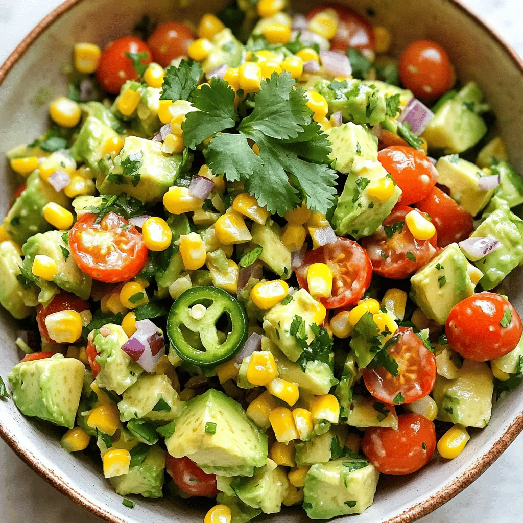 - 2 ripe avocados, diced - 1 can (15 oz) sweet corn, drained - 1 cup cherry tomatoes, halved - 1/4 cup red onion, finely chopped - 1/4 cup fresh cilantro, chopped - 1 jalapeño, minced - 3 tablespoons lime juice - 2 tablespoons extra-virgin olive oil - Salt and black pepper to taste - Zest of 1 lime The first step in making Zesty Avocado Corn Salad is gathering your ingredients. Each one plays a key role in creating a fresh, colorful dish. Start with ripe avocados. They should be soft but not mushy. Dicing them into bite-sized pieces makes them easy to eat. Next, choose sweet corn. You can use canned corn for speed or fresh corn for a sweeter taste. Cherry tomatoes add a burst of flavor. Halve them to let their juices mix with the other ingredients. Red onion gives a nice kick. Finely chop it to keep the flavor balanced. Fresh cilantro brings brightness to the salad. Don’t skip it! Mince the jalapeño for some heat. If you want a milder taste, just remove the seeds. Lime juice and zest add a tangy twist. Extra-virgin olive oil brings richness to every bite. Lastly, season with salt and black pepper to enhance all the flavors. This blend of ingredients creates a refreshing and nutritious dish. For the full recipe, you can check the specific instructions that follow. - In a large mixing bowl, combine: - 2 ripe avocados, diced into bite-sized pieces - 1 can (15 oz) sweet corn, drained - 1 cup cherry tomatoes, halved - 1/4 cup red onion, finely chopped This mix will form the colorful base for your salad. Make sure to mix them gently. You want even distribution for the best taste. - Next, gently fold in: - 1/4 cup fresh cilantro, roughly chopped - 1 jalapeño, finely minced This adds a fresh burst of flavor. If you prefer a mild kick, remove the seeds from the jalapeño. - In a separate bowl, whisk together: - 3 tablespoons fresh lime juice - 2 tablespoons extra-virgin olive oil - Zest of 1 lime - Salt and black pepper to taste This dressing brightens the salad. It ties all the flavors together nicely. - Drizzle the dressing over your salad. - Gently toss to combine without mashing the avocados. You want everything coated in dressing while keeping the avocado pieces intact. - Taste your salad. - Adjust with more salt, pepper, or lime juice if needed. This step is key for perfect flavor. Adjust based on your taste. - Let the salad sit for 10 minutes before serving. This wait allows all the flavors to blend beautifully. For the full recipe, refer to the instructions. When picking avocados, look for ripe ones without dark spots. The skin should be dark green to almost black. Gently squeeze the fruit; it should feel slightly soft but not mushy. If you find hard avocados, leave them at room temperature for a few days to ripen. Once ripe, store them in the fridge to slow down the process. This way, you can enjoy your avocados longer without them going bad. For a flavor boost, try adding fresh herbs like basil or mint. These herbs add a nice twist to the taste. You can also sprinkle in spices like cumin or chili powder for heat. If you want to change the dressing, mix olive oil with balsamic vinegar or apple cider vinegar. This will give your salad a different zing and keep things exciting. When serving, use a shallow bowl to show off the colorful salad. You can sprinkle extra lime zest on top for a pop of color. A fresh sprig of cilantro adds a nice touch, too. If you are hosting a gathering, serve the salad family-style in the middle of the table. This invites everyone to dig in, making it a fun and interactive dish. For a creative twist, use small mason jars to serve individual portions, making them easy to grab. For the full recipe, check out Zesty Avocado Corn Salad. {{image_4}} You can boost this salad with more protein. Grilled chicken adds nice flavor and texture. Shrimp also works well, giving it a fresh taste. If you prefer a vegetarian option, try adding chickpeas. They are filling and full of nutrients. Change the dressing for a new twist. Balsamic vinegar brings a sweet and tangy flavor. You can also add different veggies or fruits. Try diced bell peppers for crunch or mango for sweetness. These swaps keep the salad exciting. Use local or seasonal produce for the best taste. Fresh corn in summer makes it sweeter. In winter, add roasted squash for warmth. Adjust spice levels too. In colder months, you might want a milder taste. In summer, a little more jalapeño can brighten it up. Each season offers a chance to refresh this dish. For the full recipe, check out the detailed steps above. To keep your Zesty Avocado Corn Salad fresh, store it in an airtight container. This helps prevent air exposure. Place the salad in the fridge right after serving. Try to eat it within two days for the best taste. If you can, add lime juice on top before storing. This will help slow down browning. You can freeze Zesty Avocado Corn Salad, but it’s not ideal. The avocados may get mushy when thawed. If you still want to freeze it, leave out the avocados. Instead, freeze the other ingredients and add fresh avocado when you thaw it. Make sure to place the mixture in a freezer-safe bag. Squeeze out as much air as possible before sealing. Leftover salad can be fun to repurpose! Mix it with grains like quinoa or brown rice for a hearty dish. You can also add cooked chicken or beans for more protein. Toss it all together for a filling meal. Another option is to use the salad as a topping for tacos or nachos. It adds freshness and flavor to every bite. For the full recipe, check out the Zesty Avocado Corn Salad details! Yes, you can make this salad ahead of time. To keep it fresh, store the salad in an airtight container. If you know you will serve it later, wait to add the avocado and dressing. This keeps everything crisp and bright. You can mix the other ingredients and store them together. The salad tastes great if made a few hours in advance. Just add the avocado and dressing before serving for the best flavor. Yes, this recipe is gluten-free. All the ingredients used are naturally free of gluten. The avocados, corn, tomatoes, onion, cilantro, and lime juice do not contain gluten. If you buy canned corn, check the label to ensure there are no added ingredients with gluten. This salad is perfect for anyone with gluten sensitivities. If you don’t have lime juice, you can use lemon juice instead. It adds a nice citrus flavor. Orange juice is another good choice, but it will make the salad sweeter. You can also try vinegar, like apple cider or rice vinegar, for a tangy kick. Each option gives a different taste, so pick one that suits your preference. To stop avocado from browning, use these tips: - Leave the pit in: If you only use half, keep the pit in the other half. It helps slow browning. - Add lime juice: The acid in lime juice slows down browning. Toss your diced avocado with some juice right after cutting. - Cover tightly: Store the salad in an airtight container. Press plastic wrap directly on the avocado if storing separately. These tips will keep your salad looking fresh and green. In summary, this Zesty Avocado Corn Salad is easy to make with fresh, tasty ingredients. You learned how to prepare the salad, create a vibrant dressing, and enjoy variations. Remember, choosing ripe avocados and adding your favorite proteins can enhance the dish. Don’t forget to store leftovers properly to maintain freshness. With this simple recipe, you can impress your family and friends with a healthy and delicious meal. Enjoy your salad and happy cooking!