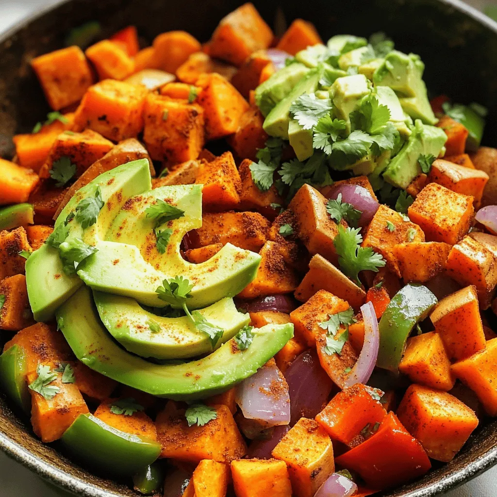 To make the Southwest Sweet Potato Skillet, you need: - 2 medium sweet potatoes, peeled and diced into 1-inch cubes - 1 red bell pepper, diced - 1 green bell pepper, diced - 1 small red onion, finely chopped - 2 cloves garlic, minced - 1 teaspoon ground cumin - 1 teaspoon smoked paprika - 1/2 teaspoon chili powder - Salt and freshly ground black pepper to taste - 1 can black beans (15 oz), drained and rinsed - 1 cup corn (fresh or frozen) - 2 tablespoons extra virgin olive oil - Fresh cilantro, roughly chopped (for garnish) - Ripe avocado, sliced (for topping) You might have dietary needs. Here are some easy swaps: - Use butternut squash instead of sweet potatoes for a different taste. - Swap black beans with kidney beans or chickpeas for variety. - If you need a gluten-free option, all the ingredients are naturally gluten-free. - For a lower-carb meal, skip the corn or use zucchini instead. - Use olive oil alternatives like avocado oil if needed. This dish is healthy and packed with nutrients. Here’s what you get per serving: - Calories: 350 - Protein: 10g - Carbohydrates: 60g - Dietary Fiber: 15g - Sugars: 8g - Fat: 8g This skillet dish offers a good mix of vitamins and minerals. You get fiber from sweet potatoes and beans, plus healthy fats from avocado. Enjoy a colorful, tasty meal that also fuels your body! For the full recipe, check the earlier section. To start, gather your sweet potatoes. Peel and dice them into 1-inch cubes. This size helps them cook evenly. Next, heat 2 tablespoons of extra virgin olive oil in a large, non-stick skillet over medium heat. Once the oil is hot, add the sweet potatoes. Season them with salt and black pepper. Cook for 10 to 15 minutes, stirring often. You want them tender and golden brown. This caramelization adds great flavor. After your sweet potatoes are ready, it’s time for the other veggies. Add the chopped red onion and both bell peppers to the skillet. Stir everything well to mix. Cook for another 5 to 7 minutes. This step softens the vegetables while keeping their bright colors. You want them to taste fresh and vibrant. When the vegetables are tender, push them to the edge of the skillet. Add the minced garlic to the center. Sprinkle in the cumin, smoked paprika, and chili powder. Sauté everything for about 1 to 2 minutes. You’ll know it’s ready when the garlic smells great and the spices are fragrant. This mix brings a burst of flavor to your dish, making it truly special. For the full recipe, you can refer to the complete cooking instructions above. To make this dish shine, use a non-stick skillet. This helps prevent sticking. Start by cooking the sweet potatoes first. Cook them until they are golden and soft. This gives a nice base for the other flavors. Stir often to cook evenly. When adding the veggies, don’t overcrowd the pan. Give them space to cook well and stay crunchy. Choose firm sweet potatoes. Look for ones without bruises or soft spots. For bell peppers, pick ones with bright colors. They should feel heavy for their size. Fresh onions should be dry and firm. If you can, buy organic spices. They add more flavor and keep your dish healthy. Always check the canned beans for a good seal. This ensures quality. To control the heat, start with less chili powder. You can always add more later. Taste your dish as you cook. If it’s too spicy, add more sweet potatoes or beans. This will balance the heat. For a milder option, skip the chili powder altogether. You can also use a dash of sugar to tone down heat. Enjoy experimenting to find your perfect flavor! {{image_4}} You can easily add proteins to the Southwest Sweet Potato Skillet. Cooked chicken, turkey, or ground beef works well. For a quick option, use rotisserie chicken. If you prefer plant-based proteins, try adding tofu or tempeh. Just cube the protein and sauté it with the sweet potatoes. This adds flavor and makes the meal heartier. This dish is very flexible. It is vegetarian by default since it has no meat. For vegan options, simply leave out any dairy toppings. Use avocado or a vegan sour cream for creaminess. You can also add nutritional yeast for a cheesy flavor. This way, you keep it delicious and plant-based. You can change the ingredients based on the season. In summer, use zucchini or fresh tomatoes. In fall, add butternut squash or kale. Seasonal ingredients add freshness and new flavors. You can also switch the peppers for different colors. This keeps the dish exciting every time you make it. For the full recipe, check out the Southwest Sweet Potato Skillet Delight. After making the Southwest Sweet Potato Skillet, you may have leftovers. To keep them fresh, let the dish cool to room temperature. Then, transfer it to an airtight container. Store it in the fridge for up to four days. This keeps the flavors intact. If you have any toppings, like avocado, store them separately to avoid browning. When you're ready to eat your leftovers, reheating is easy. You can use the microwave or stovetop. For the microwave, place your portion in a bowl and cover it. Heat for about 1-2 minutes, stirring halfway. For the stovetop, warm the skillet over medium heat. Add a splash of water or broth to keep it moist. Stir gently until heated through. This way, you enjoy your meal just like the first time. Want to save some for later? Freezing is a great option. First, let the dish cool completely. Then, scoop portions into freezer-safe containers or bags. Remove as much air as possible before sealing. You can freeze it for up to three months. When you're ready to eat, thaw it overnight in the fridge. Reheat it as mentioned, and enjoy your delicious Southwest Sweet Potato Skillet again! To add more heat, use fresh jalapeños. Chop them finely and mix them in. You can also add more chili powder or a pinch of cayenne pepper. If you want a smoky flavor, consider using chipotle powder. Start with a small amount and taste as you go. This way, you can adjust the spice level to your liking without overwhelming the dish. Yes, you can! While sweet potatoes give a nice flavor, other potatoes work too. Try using Yukon gold or red potatoes for a different taste. These potatoes will still hold their shape during cooking. Just remember to cut them into similar-sized cubes for even cooking. Adjust the cooking time as needed, as different potatoes cook at different rates. This skillet dish is quite filling on its own. However, you can enhance your meal by serving it with a side salad or some warm tortillas. You might like to add a dollop of sour cream or Greek yogurt for creaminess. Fresh salsa or guacamole also pairs well, adding extra flavor and texture to your meal. Enjoy your creation! This blog post detailed how to create a tasty Southwest Sweet Potato Skillet. You learned about key ingredients, helpful substitutions, and nutritional facts to suit various diets. The step-by-step instructions highlighted techniques for prepping sweet potatoes and seasoning your dish. You also discovered tips for choosing fresh ingredients and adjusting spice levels. In the end, with these easy steps, you can make a delicious meal that fits your needs. Enjoy this dish your way, and don’t hesitate to get creative with it!