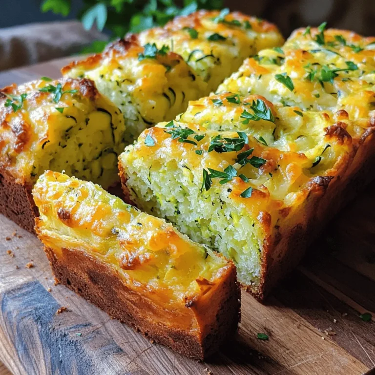 - 2 cups grated zucchini - 1 cup all-purpose flour - 1 cup shredded cheese (cheddar or mozzarella) - 1/2 cup grated parmesan cheese - 2 large eggs - 1/4 cup extra virgin olive oil - 1 teaspoon baking powder - 1/2 teaspoon baking soda - 1 teaspoon garlic powder - 1 teaspoon onion powder - 1/2 teaspoon salt - 1/4 teaspoon ground black pepper - 1/4 cup freshly chopped parsley (optional) When you make zucchini cheese bread, you need fresh ingredients. Grated zucchini gives moisture and flavor. Use about two medium zucchinis to get two cups. Shredded cheese adds creaminess. Cheddar or mozzarella works best. You can mix both if you like. Grated parmesan gives a nice sharp taste. You also need eggs, which bind the bread together. Olive oil keeps the bread moist and adds healthy fat. Baking powder and baking soda help it rise. Garlic and onion powder add depth to the flavor. Salt and pepper season the bread. If you want to make it even better, consider optional add-ins. Sun-dried tomatoes, chopped spinach, or crumbled feta cheese can enhance the taste. - Sun-dried tomatoes - Chopped spinach - Crumbled feta cheese One slice of zucchini cheese bread has about 150 calories. It includes healthy carbs, fats, and proteins. Each serving has around 15g of carbs, 8g of fat, and 6g of protein. For a more detailed breakdown, refer to the Full Recipe. 1. Preheat your oven to 350°F (175°C). 2. Prepare a 9x5-inch loaf pan. Grease it lightly with cooking spray or olive oil. 1. Grate 2 cups of zucchini, which is about 2 medium zucchinis. 2. Sprinkle a pinch of salt over the grated zucchini. Let it rest for about 10 minutes. 3. After resting, take a clean kitchen towel or cheesecloth. Squeeze the zucchini gently to remove excess liquid. This step is key for a moist bread. 1. In a separate bowl, whisk together 2 large eggs and 1/4 cup of olive oil until smooth. 2. Fold the drained zucchini into the egg and oil mixture. Stir gently until mixed well. 3. In another bowl, combine 1 cup of all-purpose flour, 1 teaspoon baking powder, 1/2 teaspoon baking soda, 1 teaspoon garlic powder, 1 teaspoon onion powder, 1/2 teaspoon salt, and 1/4 teaspoon black pepper. Mix these dry ingredients thoroughly. 4. Gradually add the dry mixture into the wet zucchini mixture. Use a spatula to fold them together softly. Be careful not to overmix. 5. Finally, gently fold in 1 cup of shredded cheese and 1/2 cup of grated parmesan. Make sure the cheese is evenly mixed into the batter. 6. Pour the batter into the prepared loaf pan, smoothing the top with a spatula. You are now ready to bake your zucchini cheese bread! Follow the baking instructions in the Full Recipe. Enjoy the delightful flavors and aroma as it fills your kitchen! To keep your zucchini cheese bread moist, start by squeezing the zucchini properly. After grating, let the zucchini rest with a pinch of salt for about 10 minutes. This step draws out excess moisture. Once it rests, use a clean kitchen towel or cheesecloth to gently squeeze out the liquid. This helps prevent a soggy bread. Resting the zucchini is key because it allows the salt to work. It draws out liquid, so you get a balance of moisture without making the bread too wet. Mixing technique matters a lot. When combining the wet and dry ingredients, use a spatula to fold them together gently. Overmixing can make the bread tough. You want to mix just until you see no dry flour. To check if your bread is done, insert a toothpick into the center. If it comes out clean, your bread is ready. If it has wet batter on it, bake for a few more minutes and check again. Zucchini cheese bread pairs well with light salads or soups. Serve it warm for the best taste. You can also enjoy it cold, perhaps with some butter or cream cheese spread. For leftovers, slice and store in an airtight container. You can enjoy it the next day or even toast it for a crispy bite. Try adding a bit of garlic or herbs to elevate the flavor. This way, you keep the meal exciting! {{image_4}} You can enhance your zucchini cheese bread by using different cheeses. Swiss cheese adds a mild, nutty flavor. Pepper Jack gives a spicy kick. Mixing these cheeses can create a unique taste. Herbs also add great flavor. Try adding fresh basil or thyme to your mix. These herbs boost the aroma and taste. They make your dish feel fresh and vibrant. Experiment with what you have on hand. If you need a gluten-free option, you can substitute all-purpose flour. Almond flour or coconut flour works well. These flours have different textures, so adjust your amounts. For almond flour, use less than the recipe states. If you pick coconut flour, use more liquid. Both options will help you enjoy this bread gluten-free without losing flavor. Adding more vegetables can increase the nutrition of your bread. Grated carrots add sweetness and color. Diced bell peppers give a nice crunch and flavor. You can also add spinach or kale for a green touch. This is a great way to sneak in extra veggies. The zucchini cheese bread stays moist, and the flavor only gets better. To keep your zucchini cheese bread fresh, wrap it tightly. Use plastic wrap or foil for best results. Place it in an airtight container. This method keeps the bread moist and tasty. Zucchini cheese bread lasts about 3 to 5 days in the fridge. Check for any mold or off smells before eating. Freezing is a great option for longer storage. First, let the bread cool completely. Then, slice it into pieces. Wrap each slice in plastic wrap, then place them in a freezer bag. Make sure to remove as much air as possible. This helps prevent freezer burn. To thaw, move the slices to the fridge overnight. You can also thaw them at room temperature for a few hours. For the best taste, reheat the bread in the oven. Preheat your oven to 350°F (175°C). Place the slices on a baking sheet and heat for about 10 minutes. This method keeps the bread crispy. Avoid microwaving as it can make the bread soggy. If you must use the microwave, heat for just 20-30 seconds. Enjoy your zucchini cheese bread warm for the best flavor. Yes, you can make zucchini cheese bread dairy-free. Use dairy-free cheese like vegan mozzarella or cheddar. These options melt well and maintain flavor. You can also try nutritional yeast for a cheesy taste without dairy. Check a few signs to know when your bread is ready. Look for a golden-brown top. The bread should feel firm to the touch. If you insert a toothpick, it should come out clean. Additionally, listen for a hollow sound when tapping the bottom. You can use yellow squash in place of zucchini. Both have similar moisture content. However, yellow squash is slightly sweeter and has a different texture. This change may alter the flavor of your bread a bit. To make a smaller batch, halve the ingredients. For a larger batch, double them. Keep the ratios the same. If using different pan sizes, adjust baking time. Always check for doneness with a toothpick during baking. This blog post shared a delicious zucchini cheese bread recipe. We covered required ingredients, optional add-ins, and detailed steps to prepare and bake. I shared helpful tips for moisture balance, texture, and serving suggestions. You can even adapt this recipe with gluten-free options and additional vegetables. Try it today! This bread is tasty and packed with nutrients. Enjoy the cooking process and let your creativity shine.