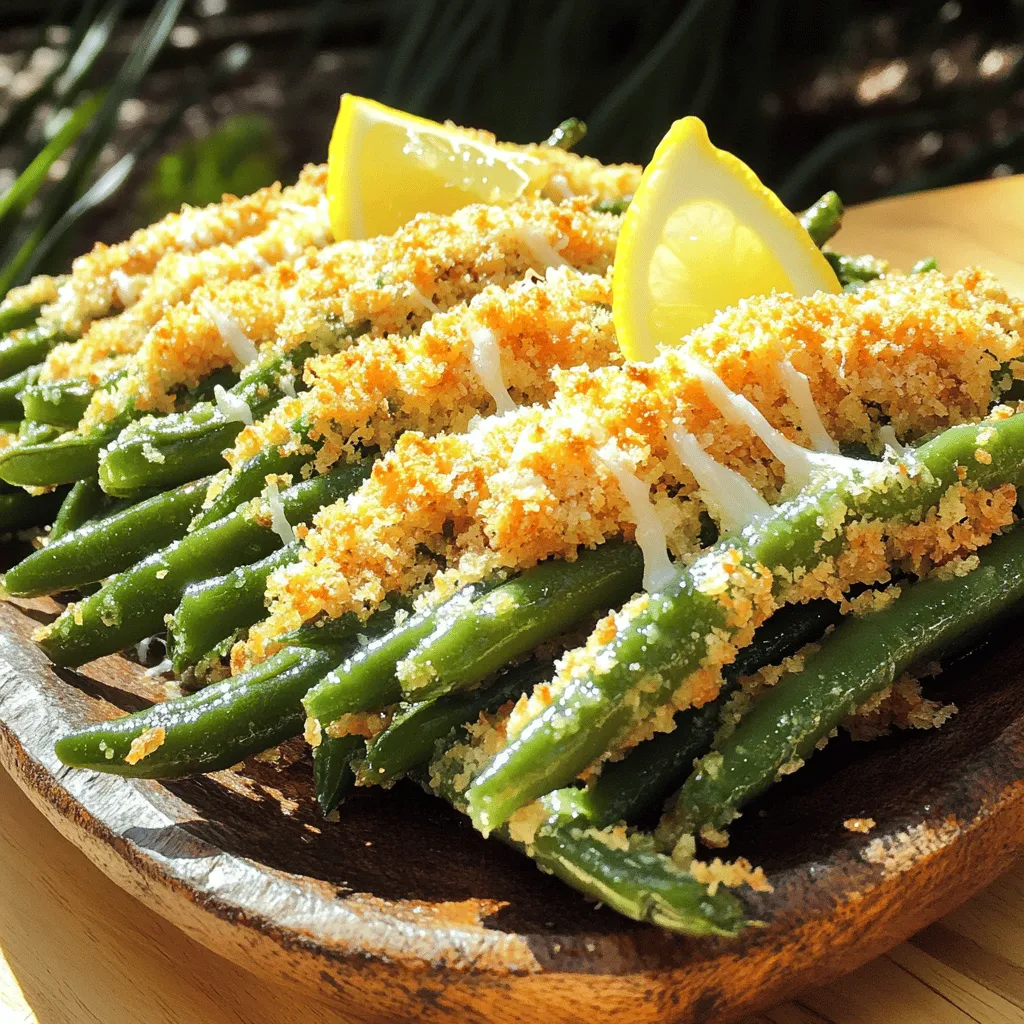 - 1 pound fresh green beans, trimmed and washed - 1 cup seasoned breadcrumbs - 1 cup finely grated Parmesan cheese - 1 teaspoon garlic powder - 1 teaspoon onion powder - 1/2 teaspoon smoked paprika - Salt and freshly ground black pepper, to taste - All-purpose flour - Olive oil spray or drizzle of olive oil When making Parmesan crusted green beans, start with fresh green beans. They should be bright green and crisp. Trim the ends to make them easy to eat. Wash them well to remove any dirt. Next, gather the breadcrumbs and Parmesan cheese. I love seasoned breadcrumbs for added flavor. If you want a thicker crust, consider using all-purpose flour. It helps the coating stick better. Add your seasonings to the breadcrumb mixture. Garlic powder gives a nice kick. Onion powder adds depth. Smoked paprika brings a hint of smokiness. Don’t forget salt and pepper to taste. For a crispy finish, you can use olive oil. A light spray or drizzle enhances the crunch. This simple combination of ingredients creates a tasty snack or side dish. Enjoy making your Parmesan crusted green beans! You can check the Full Recipe for complete details. 1. Preheat your oven to 425°F (220°C). This heat makes the green beans crispy. 2. Wash 1 pound of fresh green beans under cold water. Trim about 1/2 inch off each end. This makes sure they are clean and ready. 1. In a shallow bowl, mix 1 cup of seasoned breadcrumbs, 1 cup of grated Parmesan cheese, 1 teaspoon of garlic powder, 1 teaspoon of onion powder, 1/2 teaspoon of smoked paprika, salt, and pepper. This creates a tasty coating. 2. Set up your dredging station. Place 1/4 cup of all-purpose flour in one dish. In another, have 2 beaten eggs. This helps the coating stick better. 1. Take each green bean. If using flour, dip it in the flour first. Shake off any extra. 2. Next, dip it in the beaten eggs, letting the excess drip off. Finally, coat it in the breadcrumb mixture. Make sure each green bean is covered well for the best crunch. 3. Arrange the coated green beans in a single layer on a baking sheet. Lightly spray them with olive oil or drizzle some on top. This helps them get crispy. 4. Place the baking sheet in the oven and bake for 15-20 minutes. The green beans should be tender and the crust golden brown and crispy. Enjoy the crunchy and flavorful snack! For the full recipe, click [Full Recipe]. To get the best crunch from your Parmesan crusted green beans, follow a few simple tips. First, make sure to coat each green bean evenly. This helps the crust bake nicely and stay crunchy. For the best results, use fresh green beans. They should be firm and bright green. Consider using a two-step dredging process. Start by dipping the beans in flour, then coat them in the egg mixture. This extra step helps the breadcrumbs stick better. You can also use panko breadcrumbs instead of regular ones. They can give you an even crunchier texture. Adding fresh herbs or lemon zest can elevate the taste of your green beans. Try mixing in some chopped thyme, basil, or parsley with the breadcrumb mixture. This adds a fresh burst of flavor. Adjust the seasoning to match your taste. You can add more garlic powder or smoked paprika if you like a bolder flavor. Don’t be afraid to experiment! The full recipe gives you a great foundation. But, make it yours by tweaking the spices to suit your preferences. {{image_4}} You can change the crunch and flavor of Parmesan crusted green beans by using different coatings. - Panko breadcrumbs: These are light and airy. They give the green beans an extra crunch that is hard to resist. Simply swap out the regular breadcrumbs for panko in the recipe. - Different cheese options: While Parmesan cheese is classic, you can mix it up. Try using mozzarella or cheddar for a twist. Each cheese brings its own unique flavor and texture. Want to make this dish vegetarian or vegan? It’s easy to adapt! - Substituting eggs: Instead of using eggs to coat the green beans, try plant-based options. You can use a mix of ground flaxseed and water or a store-bought egg replacer. This keeps the coating intact while being egg-free. - Using nutritional yeast: If you're skipping Parmesan, nutritional yeast is a great choice. It adds a cheesy flavor without using dairy. Mix it with breadcrumbs for a tasty coating. For the full recipe, check out the original details. To keep your Parmesan crusted green beans fresh, use airtight containers. Glass or plastic containers work great. Store them in the fridge right after they cool down. These tasty green beans will last for about three days in the fridge. To reheat, use the oven for the best results. Set it to 350°F (175°C). Place the beans on a baking sheet and heat for about 10 minutes. This keeps them crispy. You can also use an air fryer for a quick reheat. If you want to freeze them, lay them flat on a baking sheet first. Freeze until solid, then store in freezer bags. They can last up to three months in the freezer. For this recipe, I recommend using fresh green beans. Look for bright green beans with a firm texture. They should snap easily when bent. Some great varieties are Haricot Vert and Blue Lake. These types cook evenly and hold up well under the crunchy coating. Canned or frozen beans may not give you the same crispiness. Always choose fresh for the best flavor. Yes, you can prepare this dish ahead of time. To do this, coat the green beans as per the recipe. Then, place them on a baking sheet and cover them with plastic wrap. Store them in the fridge for up to 24 hours. When ready to bake, just remove the wrap and cook as directed. This method helps keep the crunch while saving you time. To make Parmesan crusted green beans gluten-free, swap the all-purpose flour and breadcrumbs for gluten-free options. You can use almond flour or cornstarch instead of regular flour. For breadcrumbs, look for gluten-free breadcrumbs or make your own from gluten-free bread. These alternatives will help you keep the same great taste and texture without gluten. This recipe for Parmesan-crusted green beans is easy and fun. You learned how to prep, coat, and bake for a crunchy snack. With tips on enhancing flavor and variations, you can make it your own. Plus, I showed you how to store leftovers and reheat them for best results. Try this dish to impress family and friends. These green beans can change how you view veggies forever. Enjoy your cooking, and remember, the crunchier, the better!