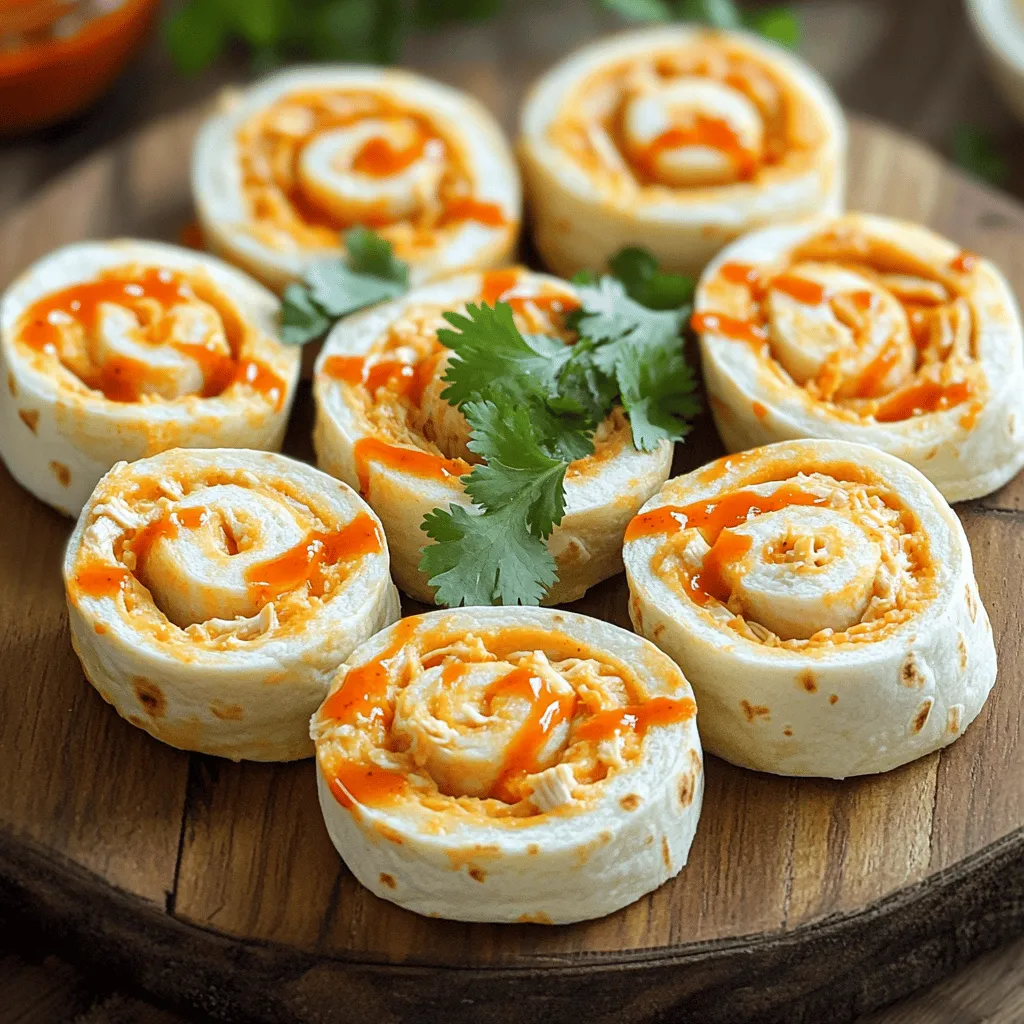 - Shredded chicken - Cream cheese - Buffalo sauce - Ranch dressing - Cheddar cheese These ingredients create the rich and spicy filling for your pinwheels. I use cooked chicken that I shred myself. You can use rotisserie chicken for ease. The cream cheese adds creaminess. Buffalo sauce brings heat, so adjust it to your taste. Ranch dressing balances the flavors, and cheddar cheese adds a nice bite. - Additional seasonings - Vegetables (e.g., bell peppers) - Herbs or spices Feel free to customize your pinwheels. You can add garlic powder or onion powder for more flavor. Diced vegetables like bell peppers add crunch. Fresh herbs, such as cilantro or parsley, can brighten the dish. These extras make your pinwheels unique and special. - Tortilla types - Garnishes You can use different types of tortillas. Flour tortillas are soft and easy to roll. Corn tortillas are gluten-free but may crack. For garnishes, consider fresh herbs or a drizzle of extra buffalo sauce. Present your pinwheels on a colorful platter for a fun touch. Serve with ranch dressing or extra buffalo sauce for dipping. This makes the meal even more enjoyable. For the full recipe, check the previous section. - First, combine the shredded chicken, cream cheese, buffalo sauce, and ranch dressing in a large bowl. Use a spatula or fork to mix it all well. You want a creamy and smooth blend. - Next, gently fold in the shredded cheddar cheese and chopped green onions. This adds great flavor and texture. Taste the mixture and add salt and pepper as you like. - Now, take a tortilla and lay it flat on a clean surface. Use a spatula to spread a quarter of the buffalo chicken mixture over the tortilla. Leave about an inch from the edge to avoid spillage. - Starting from one end, carefully roll the tortilla up tightly. Tuck in the filling as you go. This keeps everything inside and neat. Repeat this with the other tortillas. - Once you roll all the tortillas, wrap each one tightly in plastic wrap. Chill them in the fridge for at least 30 minutes. This helps them firm up, making them easier to slice. - After chilling, unwrap the tortillas and use a sharp knife to slice each roll into 1-inch thick pinwheels. - Arrange the sliced pinwheels on a colorful platter. Drizzle with more buffalo sauce or ranch dressing if you like. This adds extra flavor and looks great! For the full recipe, check the details above. - Adjust the spice level by using less buffalo sauce. Start small and taste as you go. - Ensure even distribution of the filling. Spread it from edge to edge, avoiding clumps. This way, every bite has flavor. - For plating, use a colorful platter. A bright background makes the pinwheels pop. - Offer extra dipping options. Buffalo sauce and ranch dressing work great on the side. - Store uncooked pinwheels in plastic wrap. This keeps them fresh until you’re ready to serve. - To freeze, wrap each pinwheel tightly. Label them with the date, and use within three months. {{image_4}} You can switch up the taste of your buffalo chicken pinwheels easily. Instead of buffalo sauce, try BBQ sauce for a sweet twist. Ranch dressing adds a creamy touch and balances the heat. You can also use other proteins, like shredded turkey or tofu, for a different flavor. Each choice brings a new vibe to this dish. If you have dietary needs, you can still enjoy these pinwheels. Use gluten-free tortillas to make them safe for those with gluten sensitivities. For a vegan or vegetarian option, replace chicken with chickpeas or shredded veggies. You can also substitute cream cheese with a vegan spread. These swaps keep the pinwheels tasty and friendly for everyone. Get creative with your pinwheels by adding fruits or nuts. Chopping apples adds a fresh crunch and sweetness. You can also mix in nuts or seeds for extra texture and flavor. Walnuts or sunflower seeds work well. These twists make your buffalo chicken pinwheels unique and fun to eat. For the full recipe, check out the recipe section above. To store leftover Buffalo Chicken Pinwheels, wrap them tightly in plastic wrap. This keeps them fresh and tasty. You can also use an airtight container for extra protection. Store them in the fridge for up to three days. After that, the flavors may fade, and the texture may change. If you want to save some pinwheels for later, freezing is a great option! First, wrap each pinwheel tightly in plastic wrap. Then, place them in a freezer-safe bag or container. They can last in the freezer for up to three months. When you are ready to eat them, thaw the pinwheels in the fridge overnight. To reheat, simply place them in the microwave for about 30 seconds, or until warm. In the fridge, these pinwheels last about three days. Check for signs of spoilage before eating. If they smell off or look slimy, it’s best to discard them. Enjoy your Buffalo Chicken Pinwheels fresh for the best taste! If you want the full recipe, check it out. To make buffalo chicken pinwheels, start with cooked chicken. Shred it and place it in a bowl. Add cream cheese, buffalo sauce, and ranch dressing. Mix until it's smooth. Then, fold in shredded cheddar cheese and green onions. Grab a tortilla, spread the chicken mix on it, and roll it tightly. Wrap the roll in plastic wrap and chill for about 30 minutes. After chilling, slice the roll into pinwheels. Serve them on a platter with extra buffalo sauce or ranch. Check the [Full Recipe] for detailed steps. Yes, you can make buffalo chicken pinwheels ahead of time. Prepare the pinwheels and wrap them tightly in plastic wrap. Store them in the fridge for up to 24 hours. This helps the flavors meld together. If you want to freeze them, wrap them well and store in a freezer-safe bag. Just make sure to thaw them in the fridge before slicing. Buffalo chicken pinwheels pair well with various sides. You can serve them with fresh veggies like carrots and celery. A side of chips or pretzels also works great. For dips, ranch dressing or blue cheese dressing complements the spicy flavor. Yes! You can use other cheeses in buffalo chicken pinwheels. Creamy mozzarella melts well and adds a mild flavor. Pepper jack cheese adds a nice kick. You could also use a blend of cheeses for varied taste. To increase the spice, add more buffalo sauce to the mix. You can also mix in diced jalapeños or crushed red pepper flakes. For an extra kick, try sprinkling some hot sauce on the finished pinwheels before serving. Buffalo chicken pinwheels are fun and easy to make. We covered the main and optional ingredients, along with tips for rolling and storing them. I shared variations to fit diets and tastes. You can even tweak the spice level. Remember, these pinwheels can be prepped ahead and stored for later. Try them at your next gathering. They’re sure to impress! Enjoy experimenting with flavors and serving ideas to create a dish your friends will love.