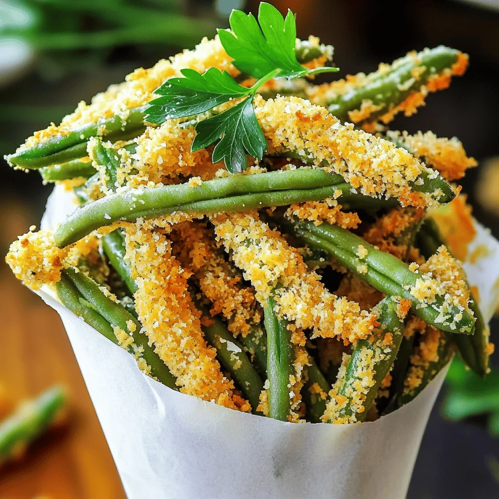 To start, you need fresh green beans. Choose green beans that are bright and crisp. Trim the ends and wash them well. You want one pound for this recipe. Fresh beans give the best flavor and crunch. Next, gather your breadcrumbs and cheese. Use 3/4 cup of Panko breadcrumbs for that perfect crunch. Add in 1/4 cup of freshly grated Parmesan cheese. This cheese adds a nice salty flavor. The combination creates a tasty coating for your green beans. Finally, we need some seasonings. For this recipe, use: - 1 teaspoon garlic powder - 1 teaspoon onion powder - 1/2 teaspoon smoked paprika - 1/4 teaspoon black pepper - Salt to taste These seasonings add depth and warmth to your fries. Mix them well with the breadcrumbs and cheese. This will give every green bean a burst of flavor. Don't forget one large egg and 2 tablespoons of extra virgin olive oil. The egg helps the coating stick, while the olive oil adds richness. For the full details, check the Full Recipe above. First, set your air fryer to 400°F (200°C). Preheating it takes about 5 minutes. This step is key to getting crispy fries. In a large bowl, mix the Panko breadcrumbs, Parmesan cheese, garlic powder, onion powder, smoked paprika, black pepper, and salt. Stir well to combine. This mix gives the fries a tasty crunch. Now, take your green beans. Dip each one into the bowl with the beaten egg and olive oil. Make sure they are well coated. Let any extra egg drip off before moving to the next step. Next, place the egg-coated beans into the breadcrumb mix. Gently toss them until fully covered. Each bean should look nice and crunchy. Place the coated green beans in a single layer in the air fryer basket. Avoid stacking them to keep them crispy. Cook for 8 to 10 minutes. Shake the basket halfway through. This ensures they cook evenly. Once done, take out the basket and let the fries cool for a minute. Serve them with your favorite dipping sauce, like ranch or garlic aioli. For a fun touch, stack the fries in a cone. Sprinkle some extra Parmesan on top and add fresh herbs for color. Enjoy your crispy green bean fries! For the full recipe, check the details above. To make your green bean fries crispy, use Panko breadcrumbs. They give a light, airy crunch. Make sure to coat each green bean well with the egg mix. The egg helps the breadcrumbs stick, creating a perfect crust. Don't overcrowd the air fryer basket. Give them space to cook evenly. Shake the basket halfway through cooking for extra crispiness. You can prepare the green bean fries ahead of time. Coat them and place them in the fridge. When you are ready to eat, just air fry them. This saves time for busy days. They still taste great when cooked later. Dipping sauces can enhance the flavor of your green bean fries. Try ranch dressing for a classic taste. Garlic aioli adds a creamy touch. For a spicy kick, use sriracha mayo. You can also explore other sauces, like honey mustard or tzatziki. Experiment to find your favorite! {{image_4}} To add some heat, try spicy green bean fries. You can mix in cayenne pepper or chili powder with the breadcrumbs. Start with 1/4 teaspoon and taste. Adjust the spice to your liking. For a fiery kick, add some hot sauce to the egg mixture. This gives the fries a nice zing. Pair these with a cooling dip like yogurt sauce for balance. For a more savory flavor, make parmesan herb green bean fries. Combine dried herbs like oregano and thyme into the breadcrumb mix. You can also use fresh herbs for a brighter taste. Add an extra sprinkle of Parmesan cheese for a richer flavor. This version is great for those who love classic Italian herbs. If you want a vegan-friendly version, swap the egg for a flaxseed mixture. Mix 1 tablespoon of ground flaxseed with 2.5 tablespoons of water. Let it sit for 5 minutes to thicken. Use nutritional yeast instead of Parmesan cheese for a cheesy flavor. These changes make the recipe plant-based but still tasty. Enjoy these fries with a vegan dip like hummus for a healthy treat. For the full recipe, check out the Crispy Air Fryer Green Bean Fries section. After enjoying your crispy green bean fries, store any leftovers in an airtight container. Keep them in the fridge for up to three days. Make sure they are completely cool before sealing the container. This helps maintain their crispiness. To reheat your green bean fries, I suggest using the air fryer. Preheat it to 375°F (190°C). Place the fries in the basket for about 3 to 5 minutes. This method makes them hot and crispy again. You can also use an oven. Set it to 375°F (190°C) and bake for 5 to 7 minutes. If you want to freeze your green bean fries, it's best to freeze them before cooking. Lay the coated fries on a baking sheet in a single layer. Freeze them for about an hour, then transfer them to a freezer bag. They can stay in the freezer for up to three months. When ready to cook, air fry them straight from the freezer. You may need to add a few extra minutes to the cooking time. For the full recipe, check earlier in the article. Yes, you can use frozen green beans. However, they may not be as crispy. It's best to thaw them first and pat them dry. This helps get rid of excess moisture. If you skip this step, the fries might turn out soggy. To keep your green bean fries crispy, here are some tips: - Make sure the green beans are dry before coating them. - Coat them lightly with oil; too much oil can lead to sogginess. - Avoid overcrowding the air fryer basket. Give them space to crisp up. - Shake the basket halfway through cooking to promote even crisping. Green bean fries go well with many dips. Some great options are: - Ranch dressing - Garlic aioli - Spicy ketchup - Hummus for a healthy twist Pairing them with your favorite dip makes for a fun snack! Crispy Air Fryer Green Bean Fries taste best right after cooking. If you have leftovers, store them in an airtight container. They last up to three days in the fridge. To reheat, use the air fryer for best results. This helps them stay crispy! For the full recipe, check out the Crispy Air Fryer Green Bean Fries section above. In this blog post, we explored how to make delicious air fryer green bean fries. We covered key ingredients like fresh green beans, breadcrumbs, and cheese. I shared step-by-step instructions for cooking, from preheating the air fryer to serving. We also discussed tips for crispiness and ideas for variations. In closing, these green bean fries are easy and tasty. You can store and reheat them well, making them great for snacks. So, go ahead and enjoy this fun twist on a classic veggie!