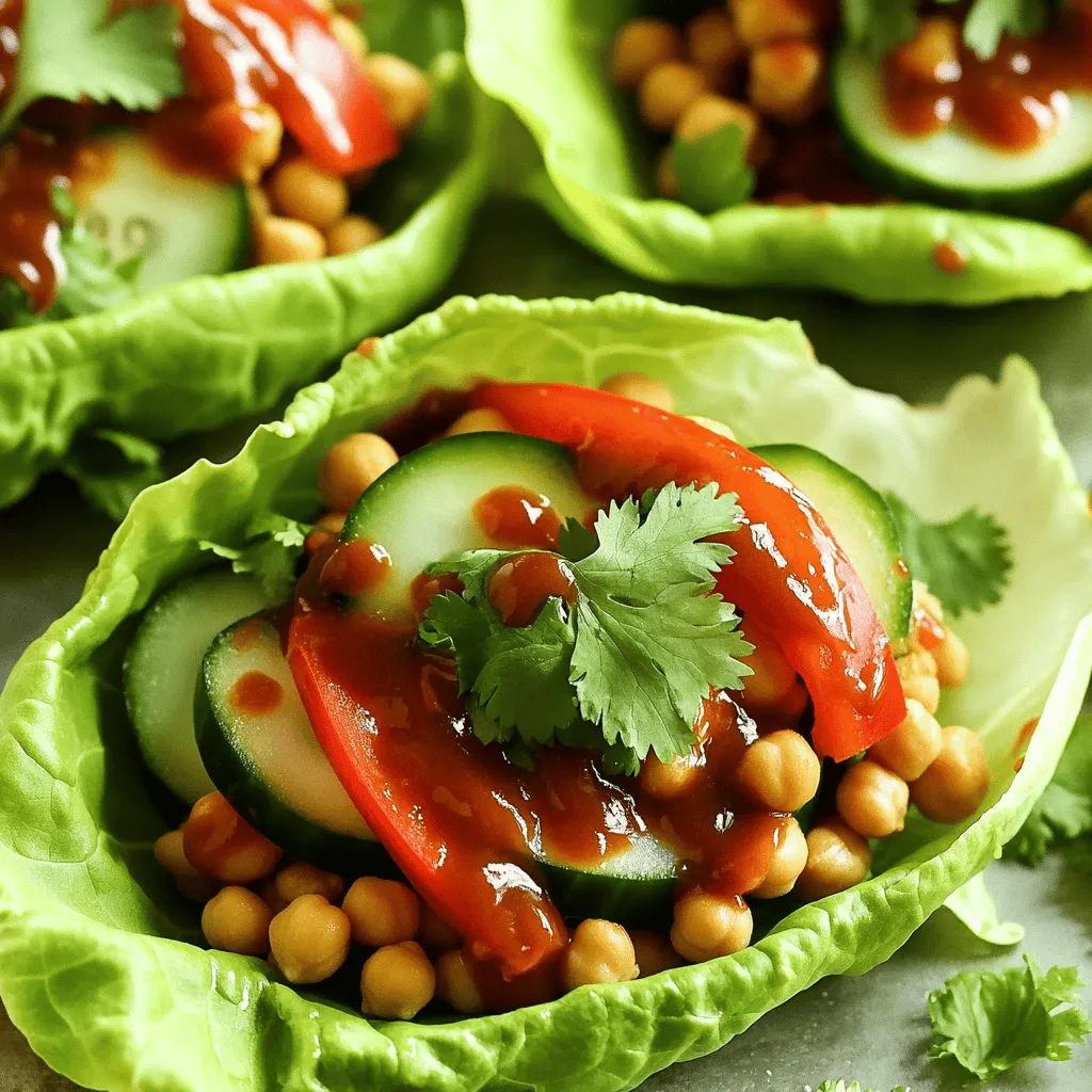 - 1 can (15 oz) chickpeas, thoroughly drained and rinsed - 1 cup BBQ sauce (your choice, store-bought or homemade) - 1 tablespoon olive oil - 1 teaspoon smoked paprika - 1/2 teaspoon garlic powder - 1/4 teaspoon cayenne pepper (optional) - 1 head of butter lettuce or iceberg lettuce - 1/2 red bell pepper, thinly sliced - 1/2 cucumber, thinly sliced - Fresh cilantro or parsley for garnish I love using chickpeas in this recipe. They are rich in protein and fiber. The BBQ sauce gives a sweet and smoky flavor, making it a great choice. You can use your favorite sauce, whether store-bought or homemade. The spices add depth and warmth. I prefer smoked paprika for its unique taste. A bit of cayenne pepper adds heat, but it’s optional. The lettuce serves as a fresh wrap that holds all the tasty fillings. Red bell pepper and cucumber add crunch and freshness. They make the wraps look colorful too. Finally, fresh herbs like cilantro or parsley brighten up the dish. - Calories per serving: About 200 - Protein: 10g - Fat: 7g - Carbohydrates: 28g These wraps bring a good mix of vitamins and minerals. Chickpeas are high in iron and folate. The veggies add vitamins A and C, which are great for your health. 1. Mashing the chickpeas Start by opening the can of chickpeas. Drain and rinse them well. In a medium-sized bowl, use a fork or potato masher. Mash the chickpeas until they are a mix of smooth and chunky. This gives a nice texture. 2. Mixing in the BBQ sauce and spices Next, add your BBQ sauce to the mashed chickpeas. Pour in one tablespoon of olive oil, one teaspoon of smoked paprika, and half a teaspoon of garlic powder. If you like some heat, add a quarter teaspoon of cayenne pepper. Stir everything well until combined. The mixture will smell amazing! 1. Heating the chickpea mixture in a skillet Preheat a skillet over medium heat. Once it’s hot, add your chickpea mix. Cook for about 5 to 7 minutes. Stir it often. This helps the flavors blend and warms the mix through. 2. Assembling the lettuce wraps While the chickpeas cook, prepare your lettuce. Rinse the leaves under cold water. Pat them dry gently with a paper towel. Take a sturdy leaf, spoon in a good amount of the warm chickpea mix. Top it with slices of red bell pepper and cucumber for crunch and freshness. 1. Best ways to present your wraps Arrange the wraps on a colorful plate. Add a sprinkle of chopped cilantro or parsley on top. This not only looks nice but adds flavor too. Serve them warm for the best taste experience. 2. Complementary side dishes These wraps pair well with fresh fruit or a simple salad. You can also serve them with a side of sweet potato fries. These options balance the savory taste of the wraps and keep your meal light and healthy. For the full recipe, check it out [here](#). Enjoy making these tasty BBQ chickpea lettuce wraps! To get the best texture for chickpeas, mash them lightly. You want a mix of whole and mashed chickpeas. This mix adds a nice bite. If you like it spicier, add cayenne pepper. Start with a little. You can always add more to suit your taste. If you want to swap BBQ sauce, use teriyaki sauce or homemade spicy mustard. Both add a great flavor twist. Fresh herbs like mint or dill can replace cilantro or parsley. They provide a fresh taste and a fun change. Serve your wraps in a fun way. Use a large platter for a colorful display. You can arrange the wraps in a circle or stack them high. For garnishing, add a sprinkle of sesame seeds or sliced green onions. These small touches make a big difference. {{image_4}} You can get creative with your sauces. BBQ sauce is great, but you can make your own. A simple blend of tomato paste, vinegar, brown sugar, and spices can work wonders. If you want a different taste, try teriyaki sauce. It adds a sweet and salty flavor that pairs well with chickpeas. For a spicy twist, go for buffalo sauce. This sauce will give your wraps a nice kick. You can add more veggies to your wraps. Try diced carrots, shredded cabbage, or sliced radishes for extra crunch. You can also add proteins like tofu or seitan. These options will give your wraps a hearty feel. Just cube the tofu and sauté until golden. It brings a nice texture and flavor. Make sure all your ingredients are vegan. Check your BBQ sauce and other sauces for animal products. To enhance vegan flavors, use fresh herbs like basil or mint. They add brightness to your dish. Nutritional yeast can also give a cheesy flavor without dairy. For the full recipe, check out the BBQ Chickpea Lettuce Wraps . After making BBQ chickpea lettuce wraps, store them in the fridge. They last for about 3 days. Use airtight containers for best results. This helps keep the wraps fresh and tasty. You can freeze the chickpea mixture! Just place it in a freezer-safe bag. Remove as much air as possible before sealing. To reheat, thaw in the fridge overnight. Then, warm it in a skillet for about 5-7 minutes. To freshen up stored wraps, add fresh veggies. This keeps the crunch and flavor. For reheating, warm the chickpea mixture gently. Serve it in new lettuce leaves for a crisp bite. Enjoy the fresh taste of these delightful wraps! The best lettuce for wraps is either butter lettuce or iceberg lettuce. Butter lettuce is soft and pliable. It holds fillings well without tearing. Iceberg lettuce is crisp and sturdy. It provides a nice crunch. Both types work great in BBQ chickpea lettuce wraps. Yes, you can make this recipe in advance. For best results, prepare the chickpea mixture ahead of time. Store it in an airtight container in the fridge. Assemble the wraps just before serving. This keeps the lettuce crisp and fresh. Yes, this recipe is gluten-free. However, check the BBQ sauce label. Some sauces contain gluten. Look for gluten-free options. You can also make homemade BBQ sauce using gluten-free ingredients. To boost protein in this recipe, try adding cooked quinoa or diced tofu. You can also mix in some edamame. These options will enhance the protein content without changing the flavor too much. Yes, you can use canned chickpeas. They are convenient and save time. Just make sure to drain and rinse them well. Canned chickpeas are softer than dried ones. This makes them easier to mash and mix into the BBQ sauce. For the full recipe, check the details above. You can make tasty chickpea lettuce wraps easily using simple ingredients. We covered what you need, how to prepare, and tips to customize your dish. Remember, you can mix and match sauces and toppings for your taste. Whether you want to eat fresh or store leftovers, these wraps are flexible. Enjoy your cooking adventure and share your delicious creation!