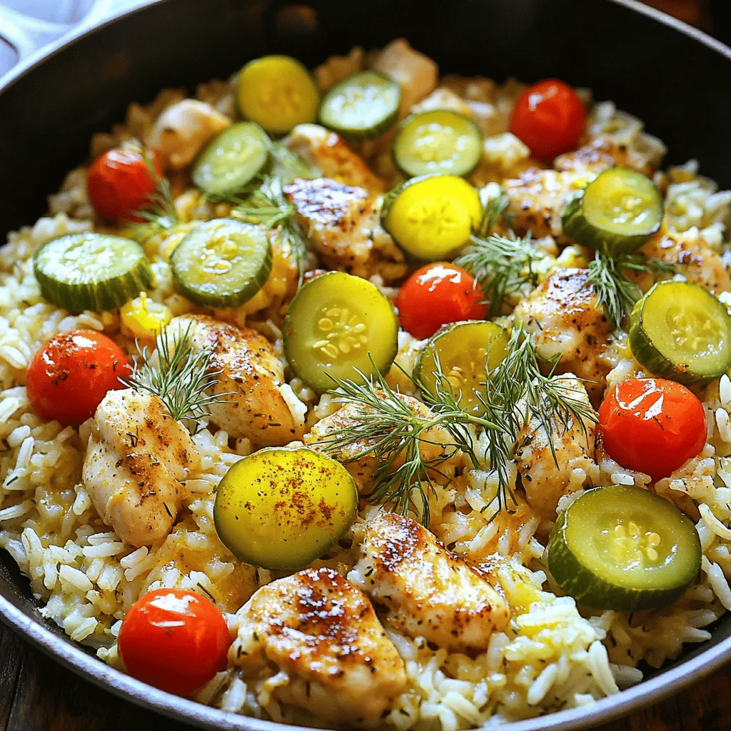 - 2 boneless, skinless chicken breasts, diced into bite-sized pieces - 1 cup long-grain rice, thoroughly rinsed and drained - 2 cups low-sodium chicken broth These main ingredients form the base of the dish. The chicken adds protein, while the rice serves as the hearty foundation. When you rinse the rice, it helps remove excess starch. This step keeps the rice from being too sticky. - 1/2 cup dill pickles, finely chopped - 1/4 cup pickle juice - 2 tablespoons ranch seasoning mix - 1 medium onion, diced - 2 cloves garlic, minced - 1 cup cherry tomatoes, halved - 1 tablespoon olive oil - Salt and black pepper to taste These flavorful additions elevate the dish. The dill pickles and pickle juice give a tangy kick that makes it stand out. The ranch seasoning mix provides a creamy, herby flavor. Onion and garlic bring aromatic notes, while cherry tomatoes add sweetness and color. - Fresh dill for garnish (optional) A sprinkle of fresh dill on top gives a pop of color and enhances the flavor. It adds a fresh note that complements the pickle flavors well. - Extra dill pickle slices (optional) Adding extra pickle slices around the dish can add a nice touch. They not only look great but also provide a crunchy texture. You can use these as a fun, tangy side that complements the meal. For the full recipe, check here: [Full Recipe]. Before you start cooking, gather your ingredients. This makes the process smooth and fun. You will need: - 2 boneless, skinless chicken breasts, diced into bite-sized pieces - 1 cup long-grain rice, thoroughly rinsed and drained - 2 cups low-sodium chicken broth - 1/2 cup dill pickles, finely chopped - 1/4 cup pickle juice - 2 tablespoons ranch seasoning mix - 1 medium onion, diced - 2 cloves garlic, minced - 1 cup cherry tomatoes, halved - 1 tablespoon olive oil - Salt and black pepper to taste - Fresh dill for garnish (optional) Now, let’s get cooking! 1. Start by heating the olive oil in a large skillet over medium heat. Add the diced onion and minced garlic. Sauté them for about 3 to 4 minutes. You want the onion to become soft and fragrant. 2. Next, toss in the diced chicken. Season it with salt, black pepper, and ranch seasoning mix. Cook the chicken for about 6 to 8 minutes, stirring often. You want it to turn golden brown. 3. Once the chicken is browned, add the rinsed rice to the skillet. Stir the rice for about 2 minutes. This toasting helps the rice soak up all the tasty flavors. 4. Carefully pour in the chicken broth. Then, add the chopped dill pickles and pickle juice. Increase the heat to bring the mix to a gentle boil. 5. When you see bubbles, reduce the heat to low. Cover the skillet and let it simmer for 15 to 20 minutes. The rice should be tender and absorb most of the liquid. 6. In the last 5 minutes, gently fold in the halved cherry tomatoes. This warms them up without making them mushy. 7. After cooking, remove the skillet from heat. Allow it to sit covered for an extra 5 minutes. This step helps the flavors to blend better. 8. Before serving, fluff the rice with a fork. Taste it and adjust the seasoning if needed. Garnish with freshly chopped dill for a bright touch, if you like. For the full recipe, check out the [Full Recipe]. Enjoy making this tasty meal! To make sure your rice comes out just right, rinse it well before cooking. This helps remove extra starch. Use long-grain rice for a fluffy texture. When you add the broth, bring it to a gentle boil first. Once boiling, lower the heat and cover your skillet. This locks in steam and helps the rice cook evenly. Let it simmer without peeking. To boost the flavor of your dish, use low-sodium chicken broth. This keeps the taste rich without being too salty. The addition of dill pickles and pickle juice adds a tangy kick. Mixing in cherry tomatoes right at the end keeps them fresh and bright. Don't forget to taste your dish before serving. You can adjust the seasoning to fit your taste. Serve your Pickle Ranch Chicken and Rice Skillet in the skillet for a cozy feel. If you choose to transfer it, use a large bowl. Top the dish with fresh dill for color. You can also arrange extra dill pickle slices around the plate. This adds a fun touch and makes the meal look inviting. Pair this skillet meal with a simple green salad. A light vinaigrette works well to balance the flavors. You can also serve it with crusty bread for a hearty meal. If you want a drink, a cold lemonade is refreshing. These pairings make your meal even more delightful. For the full recipe, check out the details above. {{image_4}} Alternative Proteins You can switch out the chicken for turkey or shrimp. Both options work well. If you prefer a plant-based meal, try using chickpeas or tofu. These swaps keep the dish tasty and fun. Different Rice Varieties Long-grain rice is great, but you can also use jasmine or basmati rice. These varieties add unique flavors. For a hearty twist, try brown rice. Just remember, brown rice may need more cooking time. Spicy Additions Want a kick? Add some diced jalapeños or red pepper flakes. These ingredients boost the heat level. You can also try a spicy ranch seasoning mix for extra flavor. Creamy Twists For a creamy texture, stir in a bit of cream cheese or sour cream. This addition makes the dish rich and smooth. Greek yogurt is another option that adds creaminess without too many calories. You can find the full recipe [here](#). - Storing Leftovers: Allow the Pickle Ranch Chicken and Rice Skillet to cool down first. Once cool, place it in an airtight container. You can store it in the fridge for up to four days. This way, you can enjoy it later without losing flavor. - Reheating Instructions: When you’re ready to eat, reheat the skillet in a pot on low heat. Stir it often to warm evenly. You can add a splash of chicken broth if it seems dry. Heat until it reaches your desired temperature. - How to Freeze: If you want to keep it longer, freezing is a great choice. Place cooled leftovers in a freezer-safe container. Leave some space at the top, as the rice may expand. Seal it tight to prevent freezer burn. You can freeze it for up to three months. - Thawing Tips: To thaw, move the container to the fridge a day before you plan to eat. For quicker results, you can also use the microwave. Once thawed, reheat as mentioned above, ensuring it is heated all the way through. Enjoy every bite of your delicious Pickle Ranch Chicken and Rice Skillet while keeping it fresh! For the complete guide on how to make this dish, check the Full Recipe. Can I use brown rice instead of white rice? Yes, you can use brown rice. It adds a nutty flavor. However, it takes longer to cook. You should increase the cooking time to about 40-45 minutes. Use 2.5 cups of chicken broth for better moisture. What if I don't have ranch seasoning? No ranch seasoning? No problem! You can mix dried herbs like dill, parsley, and garlic powder. This mix will still give you great flavor. Adjust to your taste for the best results. How to make it gluten-free? To make this dish gluten-free, choose gluten-free chicken broth. The rice is naturally gluten-free, so you can use it without worry. Always check labels on your broth for gluten. Can this recipe be made in advance? Yes, you can prepare this dish ahead of time. Cook it as directed and let it cool. Store it in the fridge for up to three days. When ready to serve, reheat it on low heat. Add a splash of broth if it seems dry. For the full recipe, check the details above! This blog post covered all the key steps to make a great chicken and rice dish. We explored main ingredients, cooking instructions, and useful tips for the best results. You learned about variations to suit your taste and how to store leftovers safely. Remember, cooking is about experimenting and having fun. Don't hesitate to make it your own. Enjoy your meal, and share your creations with others. Keep cooking and exploring new flavors!