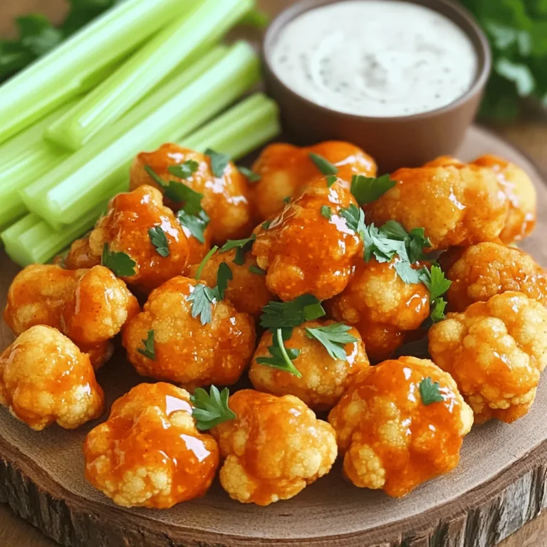 To make these tasty cauliflower buffalo wings, you need a few key items: - 1 large cauliflower head, cut into bite-sized florets - 1 cup all-purpose flour (or gluten-free flour for an alternative) - 1 cup almond milk (or any preferred plant-based milk) - 1 teaspoon garlic powder - 1 teaspoon onion powder - 1 teaspoon smoked paprika - ½ teaspoon salt - ½ teaspoon black pepper - ½ cup buffalo sauce (adjust based on your spice preference) - 2 tablespoons olive oil - Fresh parsley, finely chopped (for garnishing) - Celery sticks and vegan ranch dressing (for serving) These items create a perfect combo for flavor and texture. The cauliflower gives you that crunch, while the spices pump up the taste. If you're looking for gluten-free or vegan options, I have you covered. For gluten-free, just swap the all-purpose flour for gluten-free flour. For a vegan touch, you can use any plant-based milk, like oat or soy. This makes the dish friendly for everyone. To make your dish shine, consider adding some fresh parsley on top for color. Serve these wings with crunchy celery sticks. A side of vegan ranch dressing is a must for dipping. This balance of flavors and textures keeps your meal exciting and delicious. For the full recipe, check out the details to ensure you get all the steps right. First, grab a large cauliflower head. Cut it into bite-sized florets. Make sure the pieces are even in size. This helps them cook at the same rate. Rinse the florets under cool water to clean them. Pat them dry with a towel. This step is key for getting crispy wings. Now, let’s make the batter. In a large bowl, mix together the flour and almond milk. Add in garlic powder, onion powder, smoked paprika, salt, and black pepper. Whisk it all until smooth. The batter should be thick enough to coat the florets well. I love the flavor of smoked paprika; it adds a nice touch. Preheat your oven to 450°F (230°C) while you prepare the baking sheet. Line it with parchment paper. This keeps the wings from sticking. Dip each floret into the batter, covering it fully. Let any extra batter drip off. Arrange the florets in a single layer on the sheet. Bake for 20-25 minutes, flipping them halfway through. They should look golden and crispy. Next, mix the buffalo sauce and olive oil in a bowl. Stir until it blends well. Once the cauliflower wings are baked, take them out of the oven. Coat each piece in the buffalo sauce mixture. Place them back on the baking sheet and return to the oven for 10 more minutes. This step locks in that spicy flavor. After the time is up, let them cool for a few minutes. Garnish with chopped parsley and serve hot. Don’t forget the celery sticks and vegan ranch dressing on the side. Enjoy your delicious, crispy cauliflower buffalo wings! For the full recipe, check out the earlier section. To get your cauliflower wings crispy, follow these tips: - Use a high oven temperature: Preheat your oven to 450°F (230°C). - Dry the florets: Pat the cauliflower dry before dipping it in the batter. - Single layer on the baking sheet: Avoid crowding the florets. Give them space! - Flip halfway through baking: This helps both sides crisp up nicely. How spicy do you want your wings? Start with ½ cup of buffalo sauce. If you like more heat, add more sauce. Here are some ways to adjust spice: - Add hot sauce: Mix in a few dashes of your favorite hot sauce. - Use milder sauce: Try a mild buffalo sauce if you want less heat. - Mix with other flavors: Combine buffalo sauce with honey for a sweet kick. Both the oven and air fryer can make great cauliflower wings. Here’s a quick breakdown: - Oven: Cooks evenly and can hold more wings at once. Perfect for parties! - Air Fryer: Cooks faster and can make them extra crispy. Great for quick snacks! Choose the method that works best for you, and enjoy your crispy cauliflower buffalo wings! For the full recipe, refer back to the previous section. {{image_4}} You can change the taste of your cauliflower buffalo wings by adding herbs and spices. For a fresh twist, try adding dried oregano or thyme. For a zesty kick, mix in a bit of cayenne pepper. You might also enjoy adding nutritional yeast for a cheesy flavor. Mix and match these seasonings in the batter for unique results. Experimenting lets you find your perfect taste. While buffalo sauce is a classic, you can swap it for other sauces. For a milder flavor, try barbecue sauce or sweet chili sauce. If you love heat, use a spicy sriracha or a homemade hot sauce. Each sauce brings its own flair to the wings. Just remember to adjust the oil in the buffalo sauce mix to keep that great texture. Pair your cauliflower buffalo wings with crunchy celery sticks and creamy vegan ranch dressing. This combination balances the spicy wings and adds freshness. You can also serve them with carrot sticks or cucumber slices. For a fun twist, try a side of guacamole or hummus. These dips offer a cool contrast to the spicy wings and make your snack even more enjoyable. After enjoying your meal, let the leftover cauliflower wings cool. Place them in an airtight container. Make sure to separate layers with parchment paper to avoid sticking. Store them in the fridge for up to three days. For longer storage, consider freezing. To bring back that crispy texture, reheat your wings in the oven. Preheat the oven to 400°F (200°C). Spread the wings on a baking sheet. Bake for about 10-15 minutes until they are hot and crispy. Avoid the microwave, as it can make them soggy. If you want to freeze your cauliflower wings, it’s best to do this before coating them in sauce. Prepare the wings and bake them as directed. Allow them to cool completely. Then, place them in a freezer-safe bag, removing as much air as possible. They can last for up to three months in the freezer. When you're ready to enjoy them, bake from frozen at 425°F (220°C) for 20-25 minutes, then coat with buffalo sauce. For the full recipe, check the earlier section. Yes, you can prepare these wings ahead. Bake them fully and let them cool. Store in an airtight container in the fridge. Reheat them in the oven to keep them crispy. This method works well for meal prep or parties. You can use gluten-free flour, almond flour, or chickpea flour. Each option gives a unique taste and texture. Just ensure it has a similar consistency to all-purpose flour. This will help the batter cling to the cauliflower. To add heat, increase the buffalo sauce amount. You can also mix in cayenne pepper or hot sauce. Another option is to toss the baked wings in a spicier sauce before serving. Adjust to your taste for the perfect kick. Vegan ranch dressing pairs perfectly with these wings. It balances the spiciness well. You can also try blue cheese dressing or a creamy avocado dip. These options enhance the flavors and add a nice contrast. For the full recipe, check out the main article. Cauliflower buffalo wings are a tasty and fun dish. You learned about key ingredients, cooking steps, and tips for crispiness. I shared alternative ingredients for gluten-free and vegan diets, along with flavor variations to suit your taste. Remember to store any leftovers properly for the best experience later. With the right approach, you can make this dish a crowd-pleaser. Enjoy creating your perfect cauliflower buffalo wings!