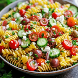 - 8 ounces rotini or penne pasta - 1 cup cherry tomatoes, halved - 1 cucumber, diced - 1 red bell pepper, diced - 1/2 red onion, finely chopped - 1 cup Kalamata olives, pitted and sliced - 1 cup feta cheese, crumbled - 1/4 cup fresh parsley, finely chopped - 1/4 cup high-quality olive oil - 2 tablespoons red wine vinegar - 1 teaspoon dried oregano - Salt and pepper to taste When I create a Greek pasta salad, I start with great ingredients. The pasta is the base, and I use rotini or penne. Both shapes hold the dressing well. Fresh vegetables add bright colors and flavors. Cherry tomatoes burst with juice, and cucumber gives a nice crunch. The red bell pepper adds sweetness, while red onion brings sharpness. Kalamata olives add a salty depth that is hard to resist. Feta cheese gives a creamy, tangy finish. I always choose high-quality feta for the best taste. Fresh parsley adds a touch of green and brightens the dish. For the dressing, I mix olive oil and red wine vinegar. This combo creates a rich and tangy taste. Dried oregano adds that classic Greek flavor. I always season with salt and pepper to enhance every bite. Using fresh and high-quality ingredients makes a big difference. Look for ripe tomatoes and firm cucumbers. The olives should be plump, and feta should be creamy. Good olive oil can elevate the entire salad. It’s worth spending a bit more for top-notch products. If you want to make this dish gluten-free, swap the pasta for gluten-free options. For a vegan salad, use a plant-based feta or skip the cheese altogether. You can also add chickpeas for protein. This keeps the salad filling and delicious without dairy. To start, bring a large pot of salted water to a boil. Add 8 ounces of rotini or penne pasta. Cook it for 8 to 10 minutes until it is al dente. This means the pasta should still have a bit of bite. Once cooked, drain the pasta and rinse it under cold water. This stops the cooking and cools the pasta quickly. For perfect texture, do not overcook it. Next, gather your vegetables. Slice 1 cup of cherry tomatoes in half. Dice 1 cucumber and 1 red bell pepper. Chop 1/2 of a red onion finely. For Kalamata olives, slice 1 cup after pitting them. Fresh veggies make the salad bright and crisp. Always use the freshest produce you can find for the best taste. Now it’s time to mix the pasta and veggies. In a large bowl, add the cooled pasta to the chopped vegetables. Stir gently to combine everything. Make sure that the pasta and veggies are mixed evenly. This helps with flavor distribution across the salad. For the dressing, whisk together 1/4 cup of high-quality olive oil and 2 tablespoons of red wine vinegar in a small bowl. Add 1 teaspoon of dried oregano and a pinch of salt and pepper. Taste it and adjust the seasoning if needed. A good dressing should balance the flavors well. Pour the dressing over the pasta and vegetable mix. Toss everything together gently. Be careful not to break the feta cheese too much. You want to keep those nice chunks of feta in the salad. This helps ensure that every bite is full of flavor. Cover the salad and refrigerate it for at least 30 minutes. This chilling time is key. It allows the flavors to meld together beautifully. When you are ready to serve, take the salad out and garnish it with extra Kalamata olives and a sprinkle of fresh parsley. This adds a nice pop of color and makes it look great on your table. Enjoy this fresh and flavorful dish! For the full recipe, check out Mediterranean Bliss Pasta Salad. To keep your Greek pasta salad fresh, store it in an airtight container. Using glass containers works best. They keep flavors locked in and prevent spills. Aim to eat leftovers within three days for the best taste. If you notice wilted veggies or off smells, it’s time to toss it out. Adjusting seasoning is simple. Taste the salad before serving. If it seems bland, add a pinch of salt or a splash of vinegar. Letting the salad sit for a while helps the flavors blend. Try to make it a few hours ahead, or even the night before. This way, the taste improves. Making the salad ahead of time is a great idea. Prepare the pasta and chop the veggies, but store them separately. Combine them when you're ready to serve. This keeps everything crisp and fresh. You can also batch the dressing and add it just before serving. This method ensures your salad stays vibrant. For the full recipe, check out the steps to make this delightful dish. {{image_4}} You can boost your Greek pasta salad by adding protein. Grilled chicken and shrimp make great options. They add flavor and create a more filling dish. Protein helps keep you full longer. It also supports muscle repair and growth. Simply grill or sauté the chicken or shrimp with olive oil. Then, chop or slice them before mixing into the salad. This small change makes a big difference in taste. If you want to keep it vegetarian or vegan, you can swap out the feta cheese. Try using vegan cheese or even a mix of avocado and nuts. Both options add creaminess and flavor. You can also add chickpeas or lentils for extra plant-based protein. These ingredients not only add protein but also fiber, making your salad healthier. Feel free to get creative with your veggies. You can use bell peppers, zucchini, or even spinach. Each vegetable brings its unique flavor and texture. If you want to switch up the dressing, try balsamic vinegar or a lemon vinaigrette. These alternatives can add a new twist to your Greek pasta salad. Experimenting with ingredients makes cooking fun and personal. For the full recipe, check out the Mediterranean Bliss Pasta Salad. Greek pasta salad is best enjoyed fresh, but you can store it. In the fridge, it lasts about three to five days. After that, the flavors may fade. Keep an eye out for signs of spoilage. If you see any mold or an off smell, toss it. You can freeze Greek pasta salad, but it may change texture. If you decide to freeze it, do so in an airtight container. Make sure to leave space for expansion. Thaw it in the fridge overnight before using. Reheating pasta salads can be tricky. Do not microwave it. Instead, let it sit at room temperature for a bit. If you need to warm it, use a skillet over low heat. Add a little olive oil to help it stay moist. Avoid high heat, as it can make the pasta mushy. For Greek pasta salad, I recommend using rotini or penne pasta. These shapes hold the dressing well. Their curves and ridges catch bits of veggies and feta, adding to the flavor. Other pasta types can work too, but these two are my top choices. Yes, you can make this salad a day in advance. It actually tastes better after chilling overnight. The flavors mix and become more vibrant, making each bite delicious. Just cover it well and store it in the fridge. Absolutely! Using pre-made dressing can save time. Look for a Greek or vinaigrette dressing to complement the salad. Just make sure to check the taste, so it matches your salad's fresh flavors. To make this Greek pasta salad gluten-free, simply swap regular pasta for gluten-free pasta. Many brands now offer great options, like brown rice or chickpea pasta. The taste and texture will still be wonderful! The ingredients in this salad are packed with health benefits. Here are some highlights: - Pasta: Provides energy from carbs. - Tomatoes: Rich in vitamins C and K, plus antioxidants. - Cucumbers: Hydrating and low in calories. - Bell peppers: High in vitamins A and C. - Olives: Good fats that support heart health. - Feta cheese: Offers protein and calcium. - Parsley: Full of nutrients and can aid digestion. These ingredients not only taste great together but are also healthy for you! For the full recipe, check out the Mediterranean Bliss Pasta Salad section above. Greek pasta salad is a simple and tasty dish. We covered the fresh ingredients you need, from rotini pasta to feta cheese. You learned to cook the pasta just right and how to slice the veggies. Making the dressing adds zing, while chilling the salad brings it all together. Remember, you can adjust the salad to fit your diet and save leftovers easily. With these tips, you can create a delicious salad that everyone will enjoy. So gather your ingredients, get cooking, and make something special today!