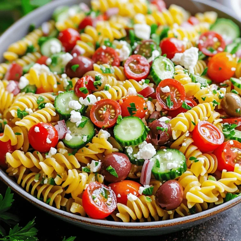- 8 ounces rotini or penne pasta - 1 cup cherry tomatoes, halved - 1 cucumber, diced - 1 red bell pepper, diced - 1/2 red onion, finely chopped - 1 cup Kalamata olives, pitted and sliced - 1 cup feta cheese, crumbled - 1/4 cup fresh parsley, finely chopped - 1/4 cup high-quality olive oil - 2 tablespoons red wine vinegar - 1 teaspoon dried oregano - Salt and pepper to taste When I create a Greek pasta salad, I start with great ingredients. The pasta is the base, and I use rotini or penne. Both shapes hold the dressing well. Fresh vegetables add bright colors and flavors. Cherry tomatoes burst with juice, and cucumber gives a nice crunch. The red bell pepper adds sweetness, while red onion brings sharpness. Kalamata olives add a salty depth that is hard to resist. Feta cheese gives a creamy, tangy finish. I always choose high-quality feta for the best taste. Fresh parsley adds a touch of green and brightens the dish. For the dressing, I mix olive oil and red wine vinegar. This combo creates a rich and tangy taste. Dried oregano adds that classic Greek flavor. I always season with salt and pepper to enhance every bite. Using fresh and high-quality ingredients makes a big difference. Look for ripe tomatoes and firm cucumbers. The olives should be plump, and feta should be creamy. Good olive oil can elevate the entire salad. It’s worth spending a bit more for top-notch products. If you want to make this dish gluten-free, swap the pasta for gluten-free options. For a vegan salad, use a plant-based feta or skip the cheese altogether. You can also add chickpeas for protein. This keeps the salad filling and delicious without dairy. To start, bring a large pot of salted water to a boil. Add 8 ounces of rotini or penne pasta. Cook it for 8 to 10 minutes until it is al dente. This means the pasta should still have a bit of bite. Once cooked, drain the pasta and rinse it under cold water. This stops the cooking and cools the pasta quickly. For perfect texture, do not overcook it. Next, gather your vegetables. Slice 1 cup of cherry tomatoes in half. Dice 1 cucumber and 1 red bell pepper. Chop 1/2 of a red onion finely. For Kalamata olives, slice 1 cup after pitting them. Fresh veggies make the salad bright and crisp. Always use the freshest produce you can find for the best taste. Now it’s time to mix the pasta and veggies. In a large bowl, add the cooled pasta to the chopped vegetables. Stir gently to combine everything. Make sure that the pasta and veggies are mixed evenly. This helps with flavor distribution across the salad. For the dressing, whisk together 1/4 cup of high-quality olive oil and 2 tablespoons of red wine vinegar in a small bowl. Add 1 teaspoon of dried oregano and a pinch of salt and pepper. Taste it and adjust the seasoning if needed. A good dressing should balance the flavors well. Pour the dressing over the pasta and vegetable mix. Toss everything together gently. Be careful not to break the feta cheese too much. You want to keep those nice chunks of feta in the salad. This helps ensure that every bite is full of flavor. Cover the salad and refrigerate it for at least 30 minutes. This chilling time is key. It allows the flavors to meld together beautifully. When you are ready to serve, take the salad out and garnish it with extra Kalamata olives and a sprinkle of fresh parsley. This adds a nice pop of color and makes it look great on your table. Enjoy this fresh and flavorful dish! For the full recipe, check out Mediterranean Bliss Pasta Salad. To keep your Greek pasta salad fresh, store it in an airtight container. Using glass containers works best. They keep flavors locked in and prevent spills. Aim to eat leftovers within three days for the best taste. If you notice wilted veggies or off smells, it’s time to toss it out. Adjusting seasoning is simple. Taste the salad before serving. If it seems bland, add a pinch of salt or a splash of vinegar. Letting the salad sit for a while helps the flavors blend. Try to make it a few hours ahead, or even the night before. This way, the taste improves. Making the salad ahead of time is a great idea. Prepare the pasta and chop the veggies, but store them separately. Combine them when you're ready to serve. This keeps everything crisp and fresh. You can also batch the dressing and add it just before serving. This method ensures your salad stays vibrant. For the full recipe, check out the steps to make this delightful dish. {{image_4}} You can boost your Greek pasta salad by adding protein. Grilled chicken and shrimp make great options. They add flavor and create a more filling dish. Protein helps keep you full longer. It also supports muscle repair and growth. Simply grill or sauté the chicken or shrimp with olive oil. Then, chop or slice them before mixing into the salad. This small change makes a big difference in taste. If you want to keep it vegetarian or vegan, you can swap out the feta cheese. Try using vegan cheese or even a mix of avocado and nuts. Both options add creaminess and flavor. You can also add chickpeas or lentils for extra plant-based protein. These ingredients not only add protein but also fiber, making your salad healthier. Feel free to get creative with your veggies. You can use bell peppers, zucchini, or even spinach. Each vegetable brings its unique flavor and texture. If you want to switch up the dressing, try balsamic vinegar or a lemon vinaigrette. These alternatives can add a new twist to your Greek pasta salad. Experimenting with ingredients makes cooking fun and personal. For the full recipe, check out the Mediterranean Bliss Pasta Salad. Greek pasta salad is best enjoyed fresh, but you can store it. In the fridge, it lasts about three to five days. After that, the flavors may fade. Keep an eye out for signs of spoilage. If you see any mold or an off smell, toss it. You can freeze Greek pasta salad, but it may change texture. If you decide to freeze it, do so in an airtight container. Make sure to leave space for expansion. Thaw it in the fridge overnight before using. Reheating pasta salads can be tricky. Do not microwave it. Instead, let it sit at room temperature for a bit. If you need to warm it, use a skillet over low heat. Add a little olive oil to help it stay moist. Avoid high heat, as it can make the pasta mushy. For Greek pasta salad, I recommend using rotini or penne pasta. These shapes hold the dressing well. Their curves and ridges catch bits of veggies and feta, adding to the flavor. Other pasta types can work too, but these two are my top choices. Yes, you can make this salad a day in advance. It actually tastes better after chilling overnight. The flavors mix and become more vibrant, making each bite delicious. Just cover it well and store it in the fridge. Absolutely! Using pre-made dressing can save time. Look for a Greek or vinaigrette dressing to complement the salad. Just make sure to check the taste, so it matches your salad's fresh flavors. To make this Greek pasta salad gluten-free, simply swap regular pasta for gluten-free pasta. Many brands now offer great options, like brown rice or chickpea pasta. The taste and texture will still be wonderful! The ingredients in this salad are packed with health benefits. Here are some highlights: - Pasta: Provides energy from carbs. - Tomatoes: Rich in vitamins C and K, plus antioxidants. - Cucumbers: Hydrating and low in calories. - Bell peppers: High in vitamins A and C. - Olives: Good fats that support heart health. - Feta cheese: Offers protein and calcium. - Parsley: Full of nutrients and can aid digestion. These ingredients not only taste great together but are also healthy for you! For the full recipe, check out the Mediterranean Bliss Pasta Salad section above. Greek pasta salad is a simple and tasty dish. We covered the fresh ingredients you need, from rotini pasta to feta cheese. You learned to cook the pasta just right and how to slice the veggies. Making the dressing adds zing, while chilling the salad brings it all together. Remember, you can adjust the salad to fit your diet and save leftovers easily. With these tips, you can create a delicious salad that everyone will enjoy. So gather your ingredients, get cooking, and make something special today!
