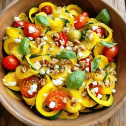 To make a vibrant Summer Squash Ribbon Salad, you need fresh, simple ingredients. Here’s what to gather: - 2 medium yellow summer squash - 1 medium zucchini - 1 cup cherry tomatoes, halved - 1/4 cup feta cheese, crumbled - 1/4 cup walnuts, toasted and chopped - 1/4 cup fresh basil leaves, torn into pieces - 2 tablespoons extra virgin olive oil - 2 tablespoons fresh lemon juice - Sea salt and freshly ground black pepper to taste Each ingredient plays a vital role in this dish. The summer squash and zucchini provide a fresh crunch. The cherry tomatoes add a pop of color and sweetness. Feta cheese gives a creamy texture, while walnuts add a nice crunch. Fresh basil brings a lovely aroma and bright flavor. When choosing your squash, look for firm ones with smooth skin. This ensures your salad will be crisp and flavorful. For the best taste, use fresh herbs and quality olive oil. You can find the Full Recipe for more detailed steps. Enjoy making this fresh and flavorful dish! First, wash the summer squash and zucchini well. Use cool running water to clean them. Next, trim off both ends of each vegetable. This step ensures the veggies are tidy. After that, it’s time to create ribbons. Grab a vegetable peeler or a mandoline slicer. Carefully slice the summer squash and zucchini into long, thin strips. Aim for delicate ribbons that enhance texture and look. Now, let’s mix the ingredients. In a large bowl, combine the squash and zucchini ribbons. Add the halved cherry tomatoes to this mix. Make sure the ingredients are evenly mixed. In a separate small bowl, whisk together the dressing. Use extra virgin olive oil and fresh lemon juice. Add a pinch of sea salt and some freshly ground black pepper. Whisk until everything blends well. Taste the dressing and adjust the seasoning to your liking. Next, it’s time to assemble the salad. Drizzle the dressing over the vegetable mixture. Toss gently using a spatula. Be careful not to break the ribbons. After that, sprinkle in the crumbled feta cheese, toasted walnuts, and torn basil leaves. Toss again to mix these toppings evenly. Finally, let the salad rest for about 10 minutes. This wait helps the flavors blend. You will notice the taste improves as the salad sits. This step is key before serving. It allows for a more delicious experience. Enjoy your vibrant and refreshing salad with every bite! For the full recipe, check the previous sections. To get the best texture, pick fresh, firm summer squash and zucchini. Look for bright colors and smooth skin. Using a spiralizer can create fun, curly shapes. This can make your salad look more appealing and fun to eat. Your dressing plays a big role in flavor. Adjust the acidity and seasoning to fit your taste. For the best flavor, always use freshly squeezed lemon juice. It brightens the salad and adds a zesty kick that pairs well with the squash. This summer squash ribbon salad shines as a side dish for summer barbecues. It adds freshness to grilled meats and fish. You can also enjoy it as a light lunch on its own. Pair it with crusty bread or a simple protein for a complete meal. {{image_4}} You can easily switch up the cheese in this salad. Goat cheese or Parmesan adds a new flavor. If you have nut allergies, replace walnuts with pecans or sunflower seeds. Both options still give a nice crunch. Need more flavor? Try adding sliced olives or capers. They bring a briny taste that balances the salad. You can also mix in other seasonal veggies. Bell peppers or carrots add color and crunch. Want a vegan version? Just leave out the cheese and use a plant-based dressing. It’s just as tasty! For those needing gluten-free meals, ensure you use certified gluten-free ingredients. This way, everyone can enjoy this fresh dish. For the full recipe, check out the complete guide! After enjoying your summer squash ribbon salad, store any leftovers in an airtight container. This keeps the salad fresh and crunchy. I recommend eating it within 1-2 days. The flavors taste best when fresh. If your salad feels a bit bland the next day, don’t worry! Just add some extra dressing to bring the flavors back to life. You can also toss in fresh herbs like basil or parsley. This adds brightness and makes the salad feel vibrant again. To make summer squash ribbons, you need a vegetable peeler or a mandoline slicer. Start with clean summer squash. Trim off the ends. Hold the squash and peel long, thin ribbons. Keep the pressure even to ensure they are uniform. The thinner the ribbons, the better they blend into your salad. Yes, you can add other veggies! Carrots and cucumbers work well. Bell peppers add color and crunch. Radishes bring spice and zest. Feel free to mix and match based on your taste! This salad is very healthy! Summer squash is low in calories and high in vitamins. It has fiber, which is great for digestion. Cherry tomatoes boost your vitamin C intake. Feta and walnuts add healthy fats and protein. It’s a nutritious choice for any meal. It takes about 15 minutes to prep. The total time, including tossing everything together, is around 25 minutes. It’s a quick meal option for busy days. You can whip it up in no time! You can prep the salad in advance! Make the ribbons and chop the veggies. Store them in the fridge but keep the dressing separate. Mix everything together just before serving. This way, your salad stays fresh and crisp. This salad combines fresh summer squash, zucchini, and tomatoes for a tasty dish. I showed you how to prepare the ingredients, mix them, and let the salad rest for flavor. You can also tweak it with variations to suit your taste or dietary needs. Remember to store any leftovers properly, as they are best eaten within two days. Enjoy this colorful salad at your next barbecue or as a light lunch!