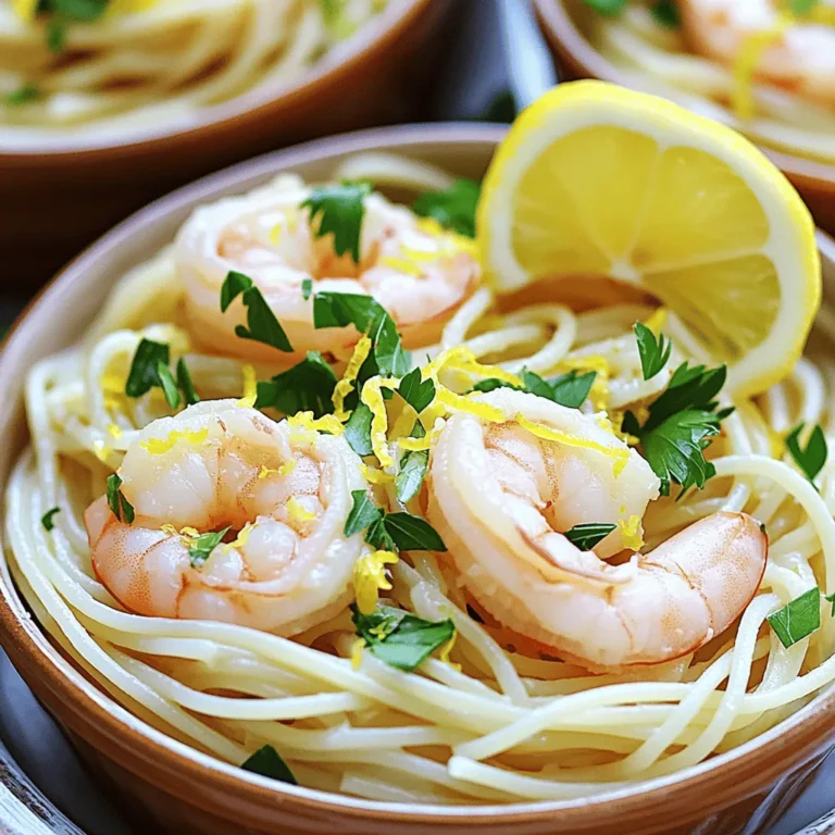 - 8 ounces spaghetti or linguine - 1 pound large shrimp, peeled and deveined - 4 cloves garlic, finely minced - 3 tablespoons extra virgin olive oil - 1 tablespoon unsalted butter - Zest and juice of 1 lemon - 1/4 teaspoon red pepper flakes (optional) - Sea salt and freshly cracked pepper to taste - 1/4 cup fresh parsley, chopped - Grated Parmesan cheese for serving Lemon Garlic Shrimp Pasta shines through its simple yet flavorful ingredients. The main star, shrimp, brings sweetness and a soft texture. When you cook shrimp, it should be pink and opaque, which tells you it’s done. Garlic and lemon zest add a bright kick to every bite. The red pepper flakes can spice things up if you like heat. Olive oil and butter give that rich, creamy feel without being heavy. For seasoning, always taste as you go. Sea salt and fresh cracked pepper can make a big difference. Fresh parsley adds color and a hint of earthiness to the dish. I love finishing with Parmesan cheese for that extra layer of flavor. You can find the full recipe for Lemon Garlic Shrimp Pasta in the earlier section. Enjoy the cooking journey! - Bring a pot of salted water to a boil. - Cook spaghetti or linguine until al dente. - Reserve pasta water before draining. Start by bringing a large pot of water to a rolling boil. The salt helps flavor the pasta as it cooks. Toss in your spaghetti or linguine and cook it until it's al dente, which means it should still have a slight bite. This usually takes about 8 to 10 minutes. Before you drain the pasta, make sure to save about half a cup of that starchy pasta water. This will help your sauce later. - Sauté minced garlic in olive oil and butter. - Add shrimp and season with salt, pepper, and red pepper flakes. - Cook until shrimp turns pink and opaque. In a large skillet, heat the olive oil and butter over medium heat. Once the butter melts, add the minced garlic. Sauté it for about a minute until it’s fragrant. Be careful not to burn the garlic, or it will taste bitter. Next, add the shrimp to the skillet. Make sure they’re not crowded so they cook evenly. Season them generously with salt, pepper, and red pepper flakes if you want some spice. Cook the shrimp for about 2 to 3 minutes on each side. You want them to turn pink and opaque, showing they are fully cooked. - Stir in lemon zest and juice. - Adjust sauce consistency with reserved pasta water. - Toss pasta in the skillet with shrimp and sauce. Once the shrimp are cooked, it’s time to add in that bright lemon flavor. Stir in the lemon zest and fresh lemon juice. This adds a fresh zing to your dish. If the sauce seems too thick, use that reserved pasta water to reach your desired consistency. Finally, add the drained pasta to the skillet. Toss it gently with the shrimp and sauce for about a minute. This helps all the flavors mix well together. You can find the full recipe [here](#). To get that perfect al dente texture, cook your pasta just right. Start by boiling a big pot of salted water. Add the spaghetti or linguine when it bubbles. Follow the instructions on the package but check it a minute or two early. You want the pasta to be firm when you bite it. Don't forget to reserve some pasta water! This water is starchy and can help your sauce stick to the pasta. Save about half a cup before draining the pasta. It’s a simple step that makes a big difference. When cooking shrimp, use medium-high heat. This keeps the shrimp juicy and tender. Too low, and they won't cook properly. Too high, and they can burn. Watch for color changes in the shrimp. They will turn pink and opaque when done. This usually takes about 2-3 minutes on each side. If they curl up tightly, they are overcooked. Adjusting seasoning is key to great flavor. Start with sea salt and freshly cracked pepper. Taste your dish as you go. If it needs more, add a bit at a time until it’s just right. For an extra zing, add more lemon. A splash of lemon juice brightens the dish. You can also try adding lemon zest for a stronger taste. It gives a fresh burst of flavor that makes this dish shine. For the full recipe, check out Lemon Garlic Shrimp Pasta Delight. Enjoy your cooking! {{image_4}} You can swap shrimp for other proteins. Chicken works great in this dish. Use boneless chicken breasts, cut into bite-sized pieces. Cook them until golden brown and fully cooked. Scallops are another tasty choice. They cook quickly and add a sweet flavor. For a vegetarian option, add seasonal vegetables. Bell peppers, zucchini, or asparagus shine in this dish. Just sauté them until tender for a colorful twist. Experiment with herbs and spices to change the taste. Fresh basil or thyme can give a new life to the dish. You might also try adding a pinch of paprika for a smoky note. Different types of pasta can change the dish too. Try penne or fettuccine if you want a different shape. Each pasta type brings its own fun texture to the plate. Need gluten-free options? Use gluten-free pasta made from rice or corn. It cooks just like regular pasta, so no worries there. If you want a low-carb meal, try zucchini noodles. Just spiralize fresh zucchini and sauté briefly. This will give you a fresh and healthy base for your dish. You can enjoy Lemon Garlic Shrimp Pasta in many ways, so feel free to get creative! To keep your Lemon Garlic Shrimp Pasta fresh, store it in an airtight container. Make sure it cools to room temperature before sealing. This helps prevent moisture build-up. It will last in the fridge for about three days. After that, the shrimp may lose its nice texture. When reheating, use a skillet over low heat. This method warms the pasta gently. Add a splash of water or olive oil to help it stay moist. Avoid the microwave; it can make the pasta mushy. Stir often to heat it evenly and keep it tasty. You can freeze Lemon Garlic Shrimp Pasta if you have extra. Place it in a freezer-safe container. It will stay good for up to two months. When ready to eat, thaw it in the fridge overnight. Reheat it on the stove, adding a little water or oil to keep it from drying out. Yes, you can prepare Lemon Garlic Shrimp Pasta ahead of time. Start by cooking the pasta and shrimp separately. - Store pasta: Keep it in an airtight container. Drizzle a little olive oil on top to prevent sticking. - Shrimp storage: Let the shrimp cool before placing it in a container. - Reheating tips: When ready to eat, reheat gently in a pan with a splash of water or broth. This keeps the shrimp tender. Lemon Garlic Shrimp Pasta pairs well with simple side dishes that enhance its flavors. - Garlic bread: A classic choice that soaks up the sauce. - Green salad: A light salad with lemon vinaigrette adds freshness. - Roasted vegetables: Seasonal veggies like asparagus or zucchini bring color and taste. To tone down the spice in Lemon Garlic Shrimp Pasta, simply adjust the red pepper flakes. - Skip the flakes: Omit them entirely for a milder dish. - Use less spice: If you want some heat, add just a pinch instead of the full amount. If you prefer not to use shrimp, there are great alternatives. - Chicken: Use diced chicken breast for a hearty swap. - Scallops: These cook quickly and offer a sweet flavor. - Vegetarian option: Try seasonal vegetables like bell peppers, mushrooms, or spinach for a fresh twist. For the full recipe and details, check the [Full Recipe]. Lemon Garlic Shrimp Pasta is a simple yet tasty dish. You need fresh shrimp, pasta, garlic, lemon, and a few key ingredients. Follow the steps to cook the best shrimp and pasta. Remember to reserve pasta water for a creamy sauce. You can switch shrimp for chicken or veggies. This dish is easy to store and reheat too. Try different flavors to make it your own. Enjoy your cooking! Simple meals like this bring happiness to the table.