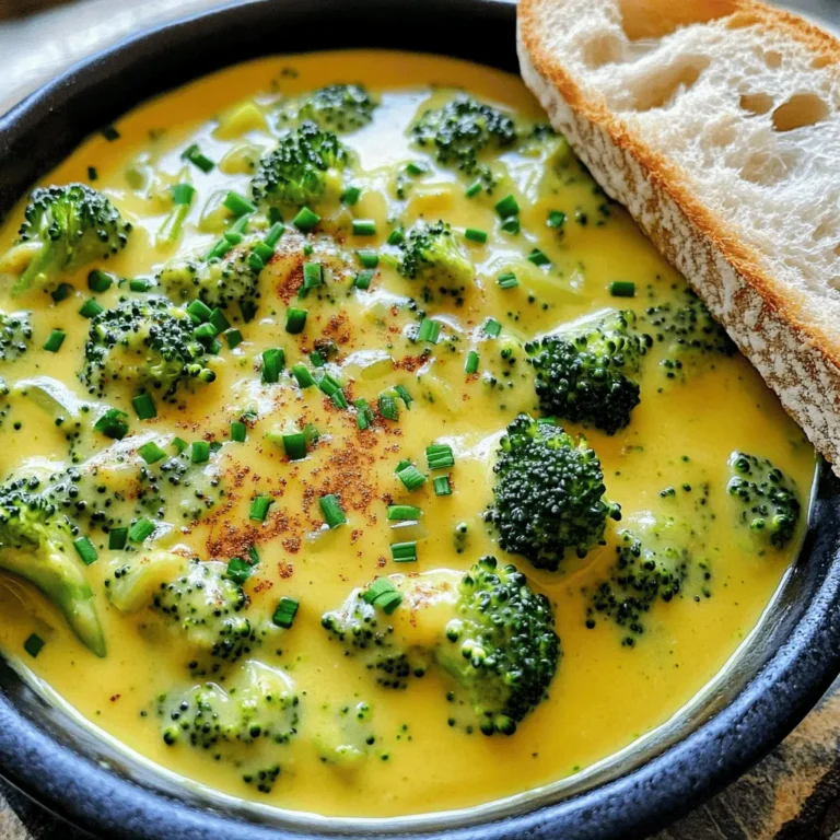 - 4 cups fresh broccoli florets - 1 medium onion, finely diced - 2 cloves garlic, minced - 1 medium potato, peeled and diced - 4 cups vegetable broth - 1 cup heavy cream - 2 cups sharp cheddar cheese, freshly grated - Salt and black pepper to taste - 1 teaspoon smoked paprika - Fresh chives, finely chopped (for garnish) - Additional grated cheddar cheese When making creamy broccoli cheddar soup, you need fresh, good-quality ingredients. I love using vibrant broccoli florets. They add color and nutrients. The onion and garlic create a solid base, giving the soup a great aroma. The potato helps thicken the soup and adds creaminess without too much heavy cream. For the broth, I prefer vegetable broth. It enhances the flavor without overpowering. Heavy cream is a must for richness. The sharp cheddar cheese brings a deep flavor that makes each bite special. Don't forget salt and pepper for taste. Smoked paprika adds a unique twist. For garnishes, fresh chives give a nice pop of color and flavor. You can also add more grated cheddar on top for an extra cheesy touch. If you want, check out the Full Recipe for all details. Enjoy this warm, comforting bowl of soup! - Sauté the onion and garlic in olive oil. - Add diced potato and broccoli florets. Start by heating the olive oil in a large pot over medium heat. When the oil is hot, toss in the diced onion. Sauté for about five minutes until the onion becomes soft. Then, add the minced garlic and stir for another minute. This step brings out the best flavors. Next, add the diced potato and fresh broccoli florets to the pot. Stir everything well. This mix creates a tasty base for your soup. - Pour in vegetable broth and bring to a boil. - Blend the soup for desired creaminess. Now it’s time to add the vegetable broth. Pour it in and bring the mixture to a rolling boil. Once it boils, lower the heat and let it simmer for 15 to 20 minutes. You want the broccoli and potato to be fork-tender. After the cooking time, carefully use an immersion blender to blend the soup. Blend until it reaches a smooth, creamy consistency. If you like some chunks, blend only half of the soup. This adds texture and fun to each bite. - Stir in heavy cream and cheddar cheese. - Season with salt, pepper, and smoked paprika. Raise the heat back to medium. Now, stir in the heavy cream and let the soup gently simmer again. This step makes the soup rich and velvety. Gradually sprinkle in the freshly grated cheddar cheese. Stir as you go until the cheese melts and blends smoothly. Finally, season your soup with salt, black pepper, and smoked paprika to taste. Adjust as needed for your perfect flavor. This Creamy Broccoli Cheddar Soup is ready to serve! For the full recipe, check the details above. To make your soup smooth and rich, you can use a blender. An immersion blender works great for this. Just blend until you reach your desired texture. If you want some chunks, blend only half the soup. When it comes to cream and cheese, feel free to adjust. For a richer taste, add more cheese or cream. Use sharp cheddar for a strong flavor. Fresh herbs add bright flavors to your soup. Try using fresh thyme or parsley. They work well with broccoli and cheese. If you don’t have fresh herbs, dried ones can work too. Just use less since dried herbs are stronger. You might also want to add spices. A pinch of nutmeg or a dash of cayenne can boost the taste. Serving your soup well makes it more appealing. Pour it into bowls and top with more cheese and chives. This adds color and freshness. You can also serve it with crusty bread. A slice of bread is perfect for dipping. It makes your meal feel complete and cozy. For the full recipe, check out the details above. {{image_4}} You can easily adapt this soup to meet different dietary needs. For gluten-free adjustments, use gluten-free vegetable broth and ensure any added ingredients are gluten-free. This keeps your soup safe for those with gluten sensitivities. If you're looking for vegan alternatives, swap the heavy cream for coconut milk or cashew cream. For cheese, use a vegan cheese that melts well. This way, you can enjoy a creamy texture without dairy. Want to add more flavor? Try adding proteins like cooked chicken or crispy bacon. Just chop them up and stir them in at the end. This adds a nice heartiness to the soup. You can also mix in other vegetables. Carrots, spinach, or even peas work great. Just chop them into small pieces and add them during the cooking process. This boosts nutrition and adds color. To change the taste, experiment with different cheeses. Gruyère adds a nutty flavor, while Monterey Jack gives a mild creaminess. You can mix these cheeses with cheddar for a richer taste. Don’t forget spices! Adding a pinch of nutmeg can warm up the soup, while cayenne gives it a nice kick. Start small and add more to suit your taste. You can really make this soup your own with these variations. For the full recipe, check out the details above. After making this creamy broccoli cheddar soup, store it in an airtight container. This keeps it fresh. The soup stays good in the fridge for about 3 to 4 days. Make sure to let it cool first before you seal it up. If you want to save some soup for later, freezing is a great option. Portion it into freezer-safe containers. Leave some space at the top, as soup expands when it freezes. You can keep it frozen for up to 3 months. To reheat, move it to the fridge overnight to thaw. When reheating, do it slowly on the stove. This helps keep the soup creamy. Stir it often to avoid sticking. If you find it too thick, add a splash of broth or cream. After reheating, consider adding extra toppings like more cheese or chives for a fresh touch. Enjoy your creamy, flavorful soup! Creamy Broccoli Cheddar Soup stays fresh for about 3 to 4 days in the fridge. Store it in an airtight container. Make sure it cools down before sealing it. If you want to keep it longer, consider freezing it. Yes, you can use frozen broccoli! Frozen broccoli is picked at its peak. This means it often has great flavor and nutrients. Just make sure to thaw it before adding it to the soup. This helps it cook evenly. If you want a lighter version, use half-and-half or whole milk. For a dairy-free option, try coconut milk or cashew cream. These keep the soup rich while reducing calories. To thicken your soup, you can add more potato. Just blend it until smooth. You can also mix in a cornstarch slurry. Mix equal parts cornstarch and water, then stir it in. This thickens without changing the taste. For a heartier texture, add some more cheese. For the full recipe, check out the [Full Recipe]. In this post, we covered how to make a creamy broccoli cheddar soup. We looked at key ingredients, step-by-step cooking methods, and helpful tips. You can enhance the flavor with spices and adjust for dietary needs. Don't forget to store your soup properly and try out the variations. Enjoy your kitchen fun, and remember, this soup is great for sharing. It's easy to make and packed with flavor. So give it a try, and you’ll see it become a favorite!
