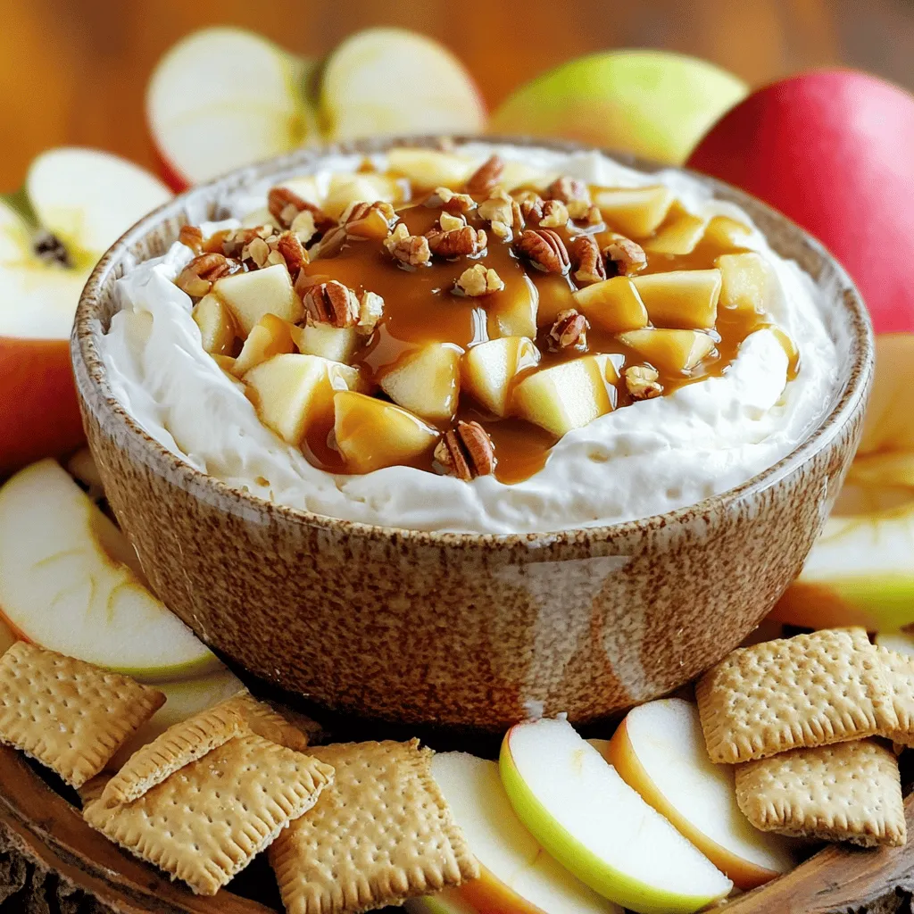 To make a delightful Caramel Apple Cheesecake Dip, you will need the following ingredients: - 8 oz cream cheese, at room temperature - 1/2 cup powdered sugar - 1/2 cup packed brown sugar - 1 teaspoon pure vanilla extract - 1 cup heavy whipping cream - 1/2 teaspoon ground cinnamon - 2 medium apples, diced (Honeycrisp or Granny Smith recommended) - 1/2 cup caramel sauce (plus more for drizzling on top) - 1/4 cup chopped pecans or walnuts (optional, for added texture) These ingredients come together to create a creamy and sweet dip. The apples add a crunch, while the caramel sauce gives it that perfect touch of sweetness. Using room temperature cream cheese makes mixing a breeze. You can pick your favorite apples to customize the flavor. For a fun twist, I love adding chopped nuts on top for extra texture. To see the full recipe, check out the recipe section. - Beat cream cheese until smooth. - Gradually add sugars and mix. - Incorporate vanilla extract. - Whip heavy cream until stiff peaks form. - Fold whipped cream into cream cheese mixture. - Add ground cinnamon and mix gently. - Stir in diced apples. In my kitchen, I start with the cream cheese. I beat it until it's nice and smooth. This makes it easy to mix in the sugars. I slowly add both powdered and brown sugar, mixing until it's all blended. Then, I pour in the vanilla extract. This adds a lovely flavor to the dip. Next, I whip the heavy cream. I whip it until I see stiff peaks form. This step is key for a fluffy texture. I carefully fold the whipped cream into the cream cheese mix. It’s important to be gentle here to keep that light texture. Now, I sprinkle in the ground cinnamon. I mix it gently to spread the spice evenly. Finally, I add the diced apples. I stir until the apple pieces are well mixed in. This adds great crunch and flavor. - Transfer to serving bowl. - Drizzle with caramel sauce. - Chill for 30 minutes before serving. - Suggestions for dippers. I love to transfer the dip to a serving bowl. I then drizzle caramel sauce on top. It looks beautiful and tastes even better. I let it chill in the fridge for 30 minutes. This helps all the flavors come together nicely. For serving, I suggest dippers like fresh apple slices. Graham crackers and pretzels work well too. You can even use chocolate-covered pretzels for a sweet twist. The options are endless! For the full experience, try the Full Recipe to impress your family and friends. - Use room temperature cream cheese for easier mixing. Cold cream cheese can be hard to blend. - Customize sweetness by adjusting the amount of powdered sugar. This way, you can make it just right for your taste. - Experiment with different types of apples for varied flavor. Honeycrisp offers sweetness while Granny Smith brings tartness. - Serve in a decorative bowl to make it more appealing. A pretty bowl can enhance the overall look. - Arrange apple slices artfully around the dip. It adds color and invites everyone to dig in! - Use mini jars for individual servings. This is fun and helps keep portions under control. Don’t forget to check out the Full Recipe for more details and tips! {{image_4}} You can change up the flavor of your dip with a few fun tweaks: - Add a dash of nutmeg for an extra spice that warms up the taste. - Incorporate other fruits like pears or berries for a fresh twist. Apples are great, but mixing in some berries can add a nice pop of color and flavor. - Use different flavored extracts, such as almond or maple. These extracts can bring unique tastes that make your dip stand out. If you have dietary needs, you can still enjoy this tasty dip: - Gluten-free options for dippers include fresh fruit slices or gluten-free cookies. These will keep the dip safe for those avoiding gluten. - Vegan-friendly substitutions for cream cheese and whipped cream can also work well. Try using a plant-based cream cheese and coconut cream for a delicious vegan version. These simple changes let you enjoy the Caramel Apple Cheesecake Dip in new ways. Whether you like classic flavors or want to try something bold, there's a version for everyone. Keep your Caramel Apple Cheesecake Dip in the fridge. Use an airtight container to avoid drying out. This dip tastes best when fresh. Aim to enjoy it within 3-5 days. This way, you can savor the smooth flavors and the crunchy apples. Can the dip be frozen? Yes, you can freeze it, but it may change in texture. To freeze, place the dip in a freezer-safe container. Leave some space at the top, as it may expand. When you want to serve it, take it out and place it in the fridge to thaw overnight. To serve after freezing, stir gently to help restore its creamy texture. You can drizzle extra caramel sauce on top to enhance the look and flavor. Enjoy the dip with your favorite dippers for a tasty treat! You can serve this dip with many tasty dippers. Here are some great options: - Fresh apple slices - Graham crackers - Pretzels - Vanilla wafers - Cinnamon sugar pita chips These dippers add fun and flavor to your dessert. You can mix and match to find your favorite! Yes, you can make this dip in advance. To prepare ahead, follow these steps: - Make the dip and store it in the fridge. - Cover it tightly with plastic wrap or a lid. - Chill for at least 30 minutes before serving. This way, the flavors blend well. Plus, it saves you time on the day of your event! After you make this dip, it stays fresh for about 3 to 5 days. To keep it tasty: - Store it in an airtight container. - Keep it in the fridge when not serving. If you see any signs of spoilage, like off smells or changes in texture, it’s best to toss it. Absolutely! Here are some simple swaps to make this dip a bit healthier: - Use low-fat cream cheese instead of regular. - Replace powdered sugar with a sugar substitute. - Add more diced apples for natural sweetness. These changes can help cut calories while keeping the dip delicious. You can enjoy your treat without all the guilt! This Caramel Apple Cheesecake Dip is easy to make and fun to share. We covered the key ingredients and steps to mix it all together. I shared tips to make it even better, like using different apples or adding spices. You can personalize it and find ways to serve it. Remember to store any leftovers properly or freeze them for later. This dip mixes sweetness with a creamy texture, making it a hit. Enjoy your feast with family and friends!