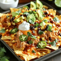 - 2 cups cooked shredded chicken - 1 cup BBQ sauce (store-bought or homemade) - 1 bag (12 oz) tortilla chips - 2 cups shredded cheddar cheese - 1 cup black beans, drained and rinsed - 1 cup corn kernels (fresh, frozen, or canned) - 1 jalapeño, sliced (optional for heat) - 1/2 red onion, finely chopped - 1 avocado, diced - Fresh cilantro, chopped (for garnish) - Sour cream (for serving) - Lime wedges (for serving) The heart of this dish lies in its ingredients. You want to start with cooked shredded chicken. This can be leftover rotisserie chicken or cooked chicken breast. Mix this with your favorite BBQ sauce. I often use a homemade sauce, but store-bought works great too. Next, grab a bag of tortilla chips. The chips should be sturdy enough to hold the toppings. You don’t want them to get soggy. For the cheese, I love using shredded cheddar cheese. It melts beautifully and adds that rich, creamy flavor. Black beans add protein and fiber, while corn kernels add sweetness and texture. Now, let’s talk about fresh additions. I like adding sliced jalapeños for some heat. If you prefer less spice, skip the jalapeños. Finely chopped red onion adds a nice crunch and flavor. To finish off, we need avocado, freshly chopped cilantro, sour cream, and lime wedges. These toppings bring freshness and brightness to the nachos. For the full recipe, refer to the instructions above. Enjoy making these delicious nachos! - Preheat the oven to 375°F (190°C). This step is key. A hot oven makes the nachos crispy and delicious. - In a medium bowl, mix 2 cups of cooked shredded chicken with 1 cup of BBQ sauce. Stir well until the chicken is fully coated. You can adjust the sauce to fit your taste. - Line a large baking sheet with parchment paper. This makes cleanup easier once the nachos are done. - Spread a bag of tortilla chips evenly across the sheet. Make sure they are not overlapping too much. You want every chip to get toppings and cheese! - Distribute the BBQ chicken mix over the chips. This adds great flavor to every bite. - Next, sprinkle black beans, corn, and finely chopped red onion on top. If you like heat, add sliced jalapeños. - Finish by generously sprinkling 2 cups of shredded cheddar cheese on top. Cheese is the star here! - Carefully place the prepared sheet pan in the preheated oven. - Bake for 15-20 minutes. Keep an eye on the cheese as it melts and turns golden. You want it bubbly and slightly browned but not burnt. This is how you create a tasty and easy dish that everyone will love. For the full recipe, check the section above. Enjoy your cooking! To make the best nachos, always use fresh ingredients. Fresh veggies and meats bring out great flavors. If you want more sweetness or tang, adjust the BBQ sauce to fit your taste. For a fun look, serve your nachos on a wooden platter or slate board. This adds a rustic touch and lets all the colors pop. Arrange lime wedges around the nachos for visual appeal. The bright green limes will make your dish look even better. Baking your nachos for 15 to 20 minutes is ideal. This time makes the cheese melt perfectly and gives a nice golden color. To avoid sogginess, watch the nachos closely. If you layer them too thick, they may get wet. Keep an eye on them and enjoy your crispy nachos! {{image_4}} You can switch up the protein in your nachos. Pulled pork or beef adds a rich flavor. These meats work great with BBQ sauce. If you prefer vegetarian options, try black beans or tofu. Both are tasty and satisfying. They soak up the BBQ sauce well. You can mix and match proteins to suit your taste. Want to spice things up? Add different peppers or hot sauce. Chipotle or poblano peppers can give a nice kick. You can also layer in toppings like jalapeños or olives. These add crunch and flavor. Each choice brings something new to the nachos. Don't be afraid to get creative with what you add. Cheese is key to great nachos. While I love cheddar, you can try other varieties. Monterey Jack or pepper jack cheese can add unique flavors. For a dairy-free option, use vegan cheese. It melts well and tastes great. Mixing different cheeses can create a rich, cheesy experience. Experiment to find your favorite combination. To keep your nachos fresh, let them cool down first. Warm nachos can create steam inside the container. This steam can make them soggy. Once cool, place them in airtight containers. This helps trap flavor and keep them from drying out. When it's time to enjoy your leftovers, use the oven or an air fryer. These methods help keep the chips crunchy. Preheat the oven to 350°F (175°C) and bake for about 10 minutes. If you use an air fryer, set it to 350°F and heat for 5 minutes. You can add fresh toppings like more cheese or diced avocado before reheating. These toppings can enhance flavor and freshness. Leftover nachos last about 3 days in the fridge. Make sure they stay sealed in an airtight container. If you want to store them longer, you can freeze them. However, freezing may change the texture. It’s best to eat nachos fresh for the best taste. Making BBQ sauce is easy. You need just a few simple ingredients. Here’s a quick recipe: - 1 cup ketchup - 1/4 cup apple cider vinegar - 1/4 cup brown sugar - 1 tablespoon Worcestershire sauce - 1 teaspoon garlic powder - 1 teaspoon onion powder - Salt and pepper to taste Mix all these ingredients in a bowl. Adjust the taste if needed. You can make it sweeter or tangier based on your preference. Yes, you can prep the nachos in advance. Here are some tips to save time: - Cook and shred the chicken earlier. Store it in the fridge. - Mix the chicken with BBQ sauce and keep it in an airtight container. - Chop the vegetables and store them separately. When you're ready to bake, just layer everything on the chips and pop them in the oven. This saves time and helps you enjoy the meal more. BBQ chicken nachos taste great with sides. Here are some ideas: - Coleslaw: The crunch adds freshness. - Guacamole: Creamy and rich, it complements the nachos well. - Salsa: A zesty kick brightens up the dish. These sides balance the flavors and make your meal even more enjoyable. You now have all the tools to make tasty BBQ chicken nachos. We covered the key ingredients like shredded chicken and cheese, plus tips on baking and storage. Remember, fresh toppings can enhance flavor and presentation. Experiment with different proteins and cheeses to suit your taste. Lastly, don’t forget to enjoy them with great sides. Make your next nacho night fun and delicious!