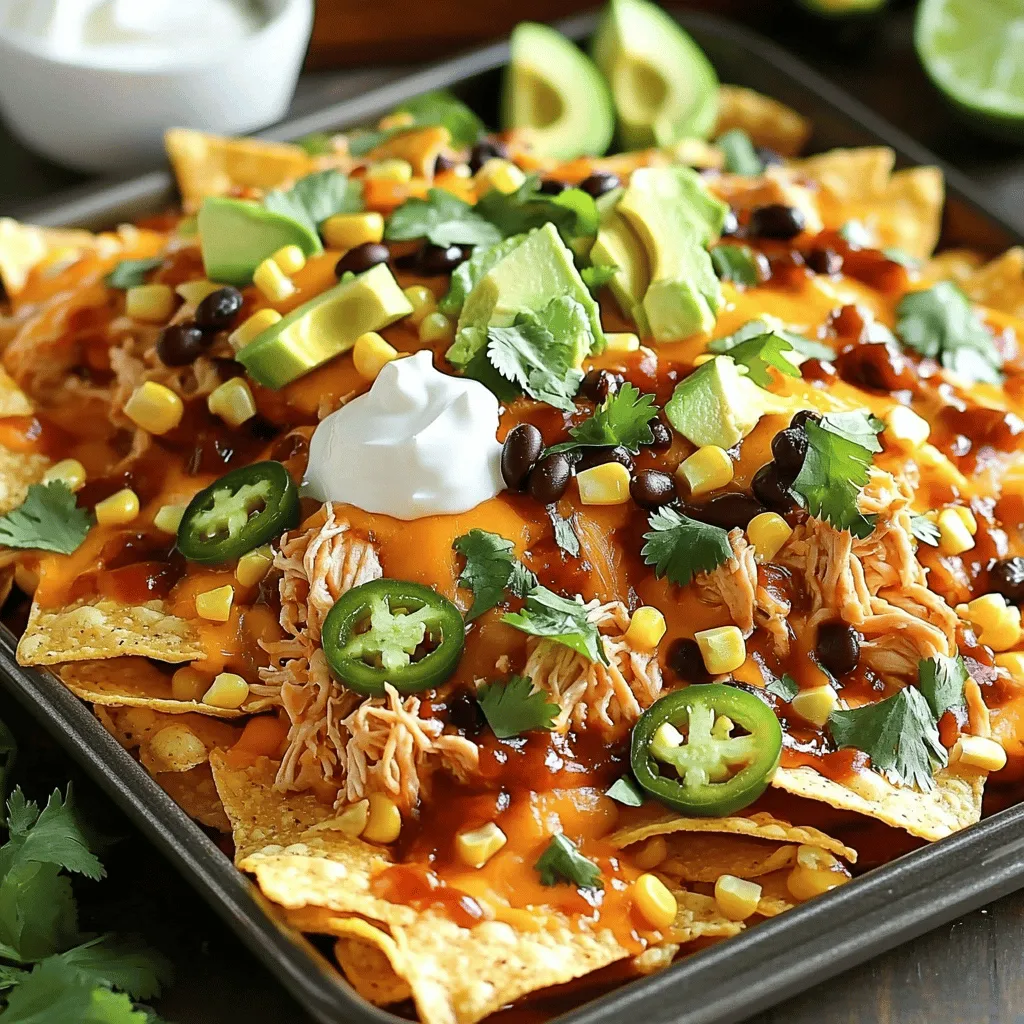 - 2 cups cooked shredded chicken - 1 cup BBQ sauce (store-bought or homemade) - 1 bag (12 oz) tortilla chips - 2 cups shredded cheddar cheese - 1 cup black beans, drained and rinsed - 1 cup corn kernels (fresh, frozen, or canned) - 1 jalapeño, sliced (optional for heat) - 1/2 red onion, finely chopped - 1 avocado, diced - Fresh cilantro, chopped (for garnish) - Sour cream (for serving) - Lime wedges (for serving) The heart of this dish lies in its ingredients. You want to start with cooked shredded chicken. This can be leftover rotisserie chicken or cooked chicken breast. Mix this with your favorite BBQ sauce. I often use a homemade sauce, but store-bought works great too. Next, grab a bag of tortilla chips. The chips should be sturdy enough to hold the toppings. You don’t want them to get soggy. For the cheese, I love using shredded cheddar cheese. It melts beautifully and adds that rich, creamy flavor. Black beans add protein and fiber, while corn kernels add sweetness and texture. Now, let’s talk about fresh additions. I like adding sliced jalapeños for some heat. If you prefer less spice, skip the jalapeños. Finely chopped red onion adds a nice crunch and flavor. To finish off, we need avocado, freshly chopped cilantro, sour cream, and lime wedges. These toppings bring freshness and brightness to the nachos. For the full recipe, refer to the instructions above. Enjoy making these delicious nachos! - Preheat the oven to 375°F (190°C). This step is key. A hot oven makes the nachos crispy and delicious. - In a medium bowl, mix 2 cups of cooked shredded chicken with 1 cup of BBQ sauce. Stir well until the chicken is fully coated. You can adjust the sauce to fit your taste. - Line a large baking sheet with parchment paper. This makes cleanup easier once the nachos are done. - Spread a bag of tortilla chips evenly across the sheet. Make sure they are not overlapping too much. You want every chip to get toppings and cheese! - Distribute the BBQ chicken mix over the chips. This adds great flavor to every bite. - Next, sprinkle black beans, corn, and finely chopped red onion on top. If you like heat, add sliced jalapeños. - Finish by generously sprinkling 2 cups of shredded cheddar cheese on top. Cheese is the star here! - Carefully place the prepared sheet pan in the preheated oven. - Bake for 15-20 minutes. Keep an eye on the cheese as it melts and turns golden. You want it bubbly and slightly browned but not burnt. This is how you create a tasty and easy dish that everyone will love. For the full recipe, check the section above. Enjoy your cooking! To make the best nachos, always use fresh ingredients. Fresh veggies and meats bring out great flavors. If you want more sweetness or tang, adjust the BBQ sauce to fit your taste. For a fun look, serve your nachos on a wooden platter or slate board. This adds a rustic touch and lets all the colors pop. Arrange lime wedges around the nachos for visual appeal. The bright green limes will make your dish look even better. Baking your nachos for 15 to 20 minutes is ideal. This time makes the cheese melt perfectly and gives a nice golden color. To avoid sogginess, watch the nachos closely. If you layer them too thick, they may get wet. Keep an eye on them and enjoy your crispy nachos! {{image_4}} You can switch up the protein in your nachos. Pulled pork or beef adds a rich flavor. These meats work great with BBQ sauce. If you prefer vegetarian options, try black beans or tofu. Both are tasty and satisfying. They soak up the BBQ sauce well. You can mix and match proteins to suit your taste. Want to spice things up? Add different peppers or hot sauce. Chipotle or poblano peppers can give a nice kick. You can also layer in toppings like jalapeños or olives. These add crunch and flavor. Each choice brings something new to the nachos. Don't be afraid to get creative with what you add. Cheese is key to great nachos. While I love cheddar, you can try other varieties. Monterey Jack or pepper jack cheese can add unique flavors. For a dairy-free option, use vegan cheese. It melts well and tastes great. Mixing different cheeses can create a rich, cheesy experience. Experiment to find your favorite combination. To keep your nachos fresh, let them cool down first. Warm nachos can create steam inside the container. This steam can make them soggy. Once cool, place them in airtight containers. This helps trap flavor and keep them from drying out. When it's time to enjoy your leftovers, use the oven or an air fryer. These methods help keep the chips crunchy. Preheat the oven to 350°F (175°C) and bake for about 10 minutes. If you use an air fryer, set it to 350°F and heat for 5 minutes. You can add fresh toppings like more cheese or diced avocado before reheating. These toppings can enhance flavor and freshness. Leftover nachos last about 3 days in the fridge. Make sure they stay sealed in an airtight container. If you want to store them longer, you can freeze them. However, freezing may change the texture. It’s best to eat nachos fresh for the best taste. Making BBQ sauce is easy. You need just a few simple ingredients. Here’s a quick recipe: - 1 cup ketchup - 1/4 cup apple cider vinegar - 1/4 cup brown sugar - 1 tablespoon Worcestershire sauce - 1 teaspoon garlic powder - 1 teaspoon onion powder - Salt and pepper to taste Mix all these ingredients in a bowl. Adjust the taste if needed. You can make it sweeter or tangier based on your preference. Yes, you can prep the nachos in advance. Here are some tips to save time: - Cook and shred the chicken earlier. Store it in the fridge. - Mix the chicken with BBQ sauce and keep it in an airtight container. - Chop the vegetables and store them separately. When you're ready to bake, just layer everything on the chips and pop them in the oven. This saves time and helps you enjoy the meal more. BBQ chicken nachos taste great with sides. Here are some ideas: - Coleslaw: The crunch adds freshness. - Guacamole: Creamy and rich, it complements the nachos well. - Salsa: A zesty kick brightens up the dish. These sides balance the flavors and make your meal even more enjoyable. You now have all the tools to make tasty BBQ chicken nachos. We covered the key ingredients like shredded chicken and cheese, plus tips on baking and storage. Remember, fresh toppings can enhance flavor and presentation. Experiment with different proteins and cheeses to suit your taste. Lastly, don’t forget to enjoy them with great sides. Make your next nacho night fun and delicious!