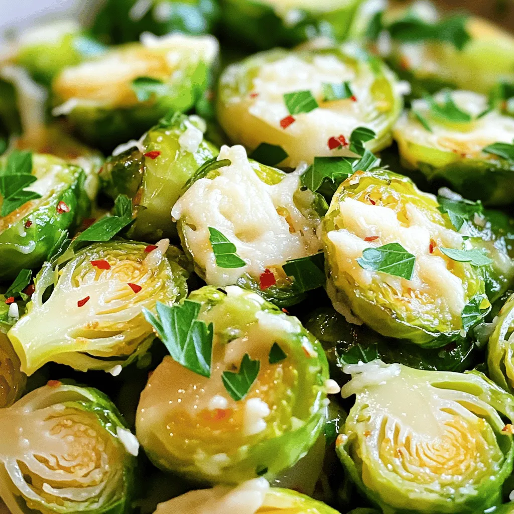 - 1 lb Brussels sprouts, trimmed and halved - 4 cloves of garlic, minced - 1/4 cup freshly grated Parmesan cheese - 3 tablespoons extra-virgin olive oil - 1 teaspoon sea salt - 1/2 teaspoon black pepper - 1/2 teaspoon red pepper flakes (optional) - Fresh parsley, chopped For this recipe, I love using fresh Brussels sprouts. They add a nice crunch and flavor. Make sure to trim them well and cut them in half. This helps them roast evenly. Minced garlic is a key player here. It brings out a rich taste. The olive oil helps everything roast nicely. It also adds a little heartiness to the dish. The seasonings are simple but effective. Sea salt and black pepper bring out the natural flavors. If you want a bit of heat, add red pepper flakes. They give a nice kick without overpowering the dish. Fresh parsley is a must for garnish. It adds a pop of color and freshness. Plus, it makes the dish look beautiful on the table. You can find the full recipe for Roasted Garlic Parmesan Brussels Sprouts to guide you through each step for an amazing dish. Preheating your oven is key to great roasted Brussels sprouts. Setting it to 400°F (200°C) helps cook them evenly. A hot oven makes sure they turn crispy and golden. If you skip this step, your sprouts might not roast well. First, take your trimmed and halved Brussels sprouts. Place them in a large bowl. Add the minced garlic. Then, pour in the olive oil. Next, sprinkle the sea salt, black pepper, and optional red pepper flakes. Mix everything well. Use your hands or a spatula. Make sure each sprout gets coated in oil and seasoning. This helps them taste amazing. Spread the Brussels sprouts on a baking sheet. Keep them in a single layer. This allows them to roast properly. Now, put them in the oven for 20-25 minutes. Halfway through, flip them with a spatula. This helps them brown evenly. They should look golden and feel tender. When they are done, take the baking sheet out. Sprinkle the grated Parmesan cheese over the hot sprouts. The heat will melt the cheese. Then, return the baking sheet to the oven for another 5 minutes. The cheese should be gooey and slightly bubbly. Finally, add some chopped fresh parsley for color. You can find the details in the Full Recipe. For great Brussels sprouts, space them well on the baking sheet. If they are too close, they will steam instead of roast. Aim for a single layer with room in between each sprout. This gives them a nice crisp. Cooking time matters too. If your Brussels sprouts are small, they will roast faster. Large sprouts might need a few extra minutes. Keep an eye on them, and adjust the time as needed. Want to spice things up? Try adding other seasonings. Smoked paprika or lemon zest can add a nice twist. You can also mix in some balsamic vinegar for a tangy flavor. If you want to switch up the cheese, try using Pecorino Romano or feta. These cheeses offer unique tastes that pair well with the sprouts. Serve your Brussels sprouts in a rustic bowl for charm. Top them with extra parsley for a color pop. You can also use a drizzle of balsamic glaze for a fancy touch. This will make your dish not just tasty but beautiful too. {{image_4}} You can boost the flavor of Roasted Garlic Parmesan Brussels Sprouts by adding proteins. Incorporating bacon or pancetta gives a salty, savory kick. Just cook the bacon until crispy, then crumble it over the sprouts before roasting. The fat from the bacon also adds richness to the dish. If you're looking for vegetarian or vegan options, try substituting the Parmesan cheese. Use a vegan cheese that melts well. Nutritional yeast is another great choice. It has a cheesy taste and adds a nice flavor. This way, everyone can enjoy this tasty dish! You can also change how you cook the Brussels sprouts. An air fryer offers a quick and crispy result. Set it to 375°F (190°C) and cook for about 15 minutes. Shake the basket halfway for even cooking. Or, you can cook them on the stovetop. Sautéing in a pan with olive oil and garlic gives a lovely flavor, too. Experiment to find your favorite way to enjoy these delightful sprouts! To store leftover Brussels sprouts, cool them first. Place them in an airtight container. This helps keep them fresh. You can store them in the fridge for up to four days. If they get soggy, toss them in the oven for a quick re-crisp. For freezing, let the cooked Brussels sprouts cool completely. Spread them on a baking sheet in a single layer. Freeze them for about an hour. Then, transfer them to a freezer-safe bag. Squeeze out the air, and seal tightly. They can last up to three months. To reheat, bake them straight from the freezer. This keeps them crunchy. Fresh Brussels sprouts last about a week in the fridge. If they start to turn yellow, they are losing their freshness. Cooked Brussels sprouts stay good for four days in the fridge. If frozen, use them within three months for best taste. Always check for signs of spoilage before cooking. Yes, you can use frozen Brussels sprouts. However, they may lose some flavor and texture. Frozen sprouts are often blanched before freezing, which means they won't roast as well. To cook them, thaw first and pat dry. This helps remove excess moisture. Then, follow the recipe as usual for roasting. Brussels sprouts are done when they are golden brown and tender. You can check by piercing them with a fork. If it goes in easily, they are ready. You want a nice, crispy outside and a soft inside for the best taste. These Brussels sprouts work great with many main courses. They pair well with roasted chicken or fish. They also complement a hearty steak or pork chops. For a vegetarian meal, serve them with quinoa or a grain salad. They add a tasty touch to any dinner plate. To make this recipe gluten-free, ensure all ingredients are gluten-free. The Brussels sprouts, garlic, olive oil, salt, and pepper are already gluten-free. Just check the Parmesan cheese label. Most are gluten-free, but it’s good to verify. Enjoy your meal without worry! In this blog post, we explored how to make delicious Roasted Garlic Parmesan Brussels sprouts. We covered key ingredients, step-by-step instructions, and tips for perfecting your dish. You can experiment with flavors by adding proteins or using alternative cooking methods. Remember to store leftovers properly for the best taste. Whether you’re a seasoned chef or a beginner, this recipe is easy and rewarding. Enjoy your Brussels sprouts as a tasty side or a main attraction!