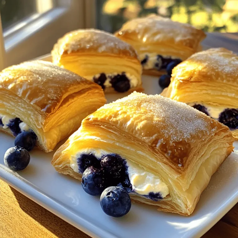 - Puff pastry details - 1 sheet of puff pastry, thawed - Cream cheese preparation - 4 oz cream cheese, softened to room temperature - 1/4 cup powdered sugar - 1/2 teaspoon pure vanilla extract - Optional garnish ingredients - 1 cup fresh blueberries, rinsed and dried - 1 tablespoon freshly squeezed lemon juice - 1 egg, beaten (for egg wash) - Raw sugar, for sprinkling These ingredients bring rich flavor and a lovely texture to your danish. The puff pastry makes it flaky, while the cream cheese adds creaminess. The fresh blueberries give a burst of sweetness. This combination makes each bite a delight. You can find the full recipe above to guide you through the process. 1. Prepping the oven and baking sheet Start by preheating your oven to 400°F (200°C). This step is key for a nice rise. While the oven heats, line a baking sheet with parchment paper. This helps keep the danishes from sticking. 2. Preparing the puff pastry Next, take the thawed puff pastry. Roll it out gently on a lightly floured surface. Aim for a smooth, even sheet. Use a sharp knife or pizza cutter to cut the pastry into a 12-inch square. Then cut that square into four equal 6-inch squares. 3. Making the cream cheese filling In a medium bowl, mix the softened cream cheese, powdered sugar, and vanilla extract. Beat the mix until smooth and creamy. This filling is both tangy and sweet, perfect for balancing the blueberries. 1. Step-by-step assembly instructions Take one of the pastry squares. Spoon about a tablespoon of the cream cheese mixture into the center. Top it with a few blueberries. Make sure the blueberries are centered for even baking. 2. Tips for sealing the corners To form a pocket, fold each corner of the pastry square to the center. Press down lightly on the edges to seal them well. This keeps the filling inside while baking. 1. Recommended baking temperature Place your assembled danishes on the prepared baking sheet. Bake them in the preheated oven at 400°F (200°C). 2. Ideal baking time and tips for checking doneness Bake for about 15-20 minutes. Watch them closely as they puff and turn golden brown. When they look perfect, they are ready to come out. Enjoy the delicious smell as they cool slightly! For the full recipe, refer to the Blueberry Bliss Cream Cheese Danish 🫐🥐 recipe above. To avoid soggy bottoms, make sure your baking sheet is lined with parchment paper. This will help the danishes crisp up nicely. Also, do not skip the egg wash. It creates a barrier that helps keep moisture in check. Achieving the right flaky pastry texture is key. Roll out your puff pastry gently; do not press too hard. Use cold ingredients for the cream cheese filling. This keeps the pastry from getting too warm. A warm pastry does not puff well, so keep it chilled until baking. When serving your danishes, pair them with a refreshing drink. A cup of coffee or tea complements the sweetness of blueberries well. You might also try a light lemonade for a bright flavor. The best serving temperature for these danishes is warm or at room temperature. They taste best shortly after baking. If serving later, gently reheat them to bring back their flaky texture. One common mistake is overfilling the danishes. A tablespoon of cream cheese filling and a few blueberries are enough. Too much filling can cause them to burst while baking. Another mistake is ignoring the chilling time for pastry. After rolling out the dough, chill it for at least 15 minutes. This helps maintain the pastry’s flakiness and makes it easier to shape. For the full recipe, check out [Full Recipe]. {{image_4}} You can boost the taste of your Blueberry Cream Cheese Danish in fun ways. Try adding different fruits, like raspberries or cherries. These fruits bring a new flavor and color to your danish. They pair nicely with the cream cheese and blueberries. You can even mix fruits for a unique twist. Spices can also add depth to your danish. A pinch of cinnamon or nutmeg can enhance the sweetness. Just sprinkle a little on the cream cheese mixture before you fill the pastries. This small change can make a big impact on taste. Switching up the cream cheese can change the game. Using flavored cream cheese, like strawberry or vanilla, can add a new layer of flavor. This simple swap can make your danish feel fresh and exciting. If you're looking for vegan options, try a plant-based cream cheese. Many brands offer tasty substitutes that work well. These options let you enjoy the danish without dairy. They still provide that creamy goodness you crave. Making mini danishes is easy and fun. To do this, start with smaller squares of puff pastry. Cut your sheet into smaller pieces, about 3 inches each. This way, you can create bite-sized treats perfect for sharing. Adjust your baking time if you go mini. Bake these smaller danishes for about 12 to 15 minutes. Keep an eye on them to make sure they turn golden brown. They’ll look adorable and be perfect for any gathering. For the full recipe, check out the detailed instructions above to enjoy these delightful variations! To keep your Blueberry Cream Cheese Danish fresh, store it in the fridge. Place them in an airtight container. This helps lock in moisture and flavor. It’s best to eat them within 1-2 days. If you want to save them longer, you can freeze the danishes. Wrap each one in plastic wrap, then place them in a freezer-safe bag. They can last up to 2 months in the freezer. To reheat the danishes, use an oven for the best texture. Preheat your oven to 350°F (175°C). Place the danishes on a baking sheet and heat for about 10 minutes. This keeps the pastry crisp. If you’re in a hurry, you can use a microwave. Heat them for 15-20 seconds. This method is quick but may make the pastry soft. Enjoy your warm, delicious danishes! For the full recipe, check out the Blueberry Bliss Cream Cheese Danish. Can I use canned blueberries? Yes, you can use canned blueberries. Just drain and rinse them well. Fresh blueberries taste best, but canned ones work in a pinch. They may be softer, so handle them gently to avoid mush. How can I make the danishes ahead of time? You can prepare the filling up to two days ahead. Store it in the fridge. For the pastry, you can cut and shape the danishes, then freeze them. Bake them straight from the freezer. Add a few extra minutes to the baking time. What can I substitute for puff pastry? If you need a substitute, you can use phyllo dough or crescent roll dough. Phyllo creates a lighter texture, while crescent roll dough gives a different flavor. Both options will still taste great. Caloric content per serving Each Blueberry Cream Cheese Danish has about 200 calories. This can vary based on how you fill and bake them. Common allergens included These danishes contain dairy (cream cheese) and gluten (puff pastry). Be mindful of these allergens when serving. Where to find pre-made options You can find pre-made danishes in most grocery stores. Look in the bakery section. Many bakeries also offer them fresh. What to look for in store-bought danishes When buying store-bought danishes, check for fresh ingredients. Look for a flaky crust and a good ratio of filling to pastry. Avoid those with long ingredient lists or preservatives. For the [Full Recipe], follow the steps to create your own delicious danishes at home! Making a Blueberry Cream Cheese Danish is simple and fun. You learned about the key ingredients, the step-by-step baking process, and useful tips to get it just right. Don't forget to explore variations to match your taste. As you bake, keep common mistakes in mind, like overfilling your danishes. By following proper storage and reheating tips, you can enjoy your treat longer. Now it’s time to bake and enjoy this delicious pastry!