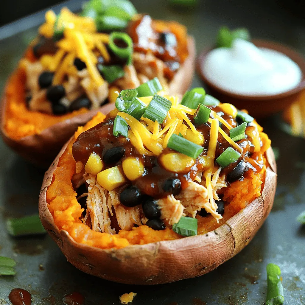 - Sweet potatoes - Cooked and shredded chicken - BBQ sauce Sweet potatoes are the star of this dish. Their natural sweetness pairs perfectly with the savory BBQ chicken. You will need four medium sweet potatoes for this recipe. The next key ingredient is cooked and shredded chicken. You can use leftover chicken or rotisserie chicken. Finally, choose a BBQ sauce you love. A good BBQ sauce adds flavor and moisture to the chicken. - Black beans - Corn kernels - Seasonings To boost nutrition and flavor, add black beans and corn kernels. You can use canned, frozen, or fresh corn. I often use one cup of each. For seasonings, smoked paprika, garlic powder, onion powder, salt, and pepper work great. These will enhance the taste of the filling. - Shredded cheddar cheese - Green onions - Optional: Sour cream or Greek yogurt For a cheesy finish, use shredded cheddar cheese. It melts beautifully over the stuffed potatoes. Sprinkle about one cup on top. Then, chop up some green onions for garnish to add a fresh crunch. If you want extra creaminess, serve with sour cream or Greek yogurt. This will elevate the dish, making it even more delightful. For the full recipe, check out the complete details. - First, preheat your oven to 400°F (200°C). This step warms the oven for baking. - Next, clean the sweet potatoes under cold water. Use a fork to poke holes in each potato. This lets steam escape while baking. Place them on a baking sheet lined with parchment paper for easy cleanup. - Bake the sweet potatoes for about 45 to 60 minutes. They should feel soft when done. - Check for doneness by piercing one with a knife. If it goes in easily, they are ready. - While the sweet potatoes bake, mix the filling. In a large bowl, combine the shredded chicken, BBQ sauce, black beans, corn, smoked paprika, garlic powder, onion powder, and a pinch of salt and pepper. Stir until blended. - This mix adds a lot of flavor. The black beans and corn give it a nice texture. - After baking, take out the sweet potatoes and let them cool for a few minutes. Slice each potato in half lengthwise. - Gently scoop out some flesh from the center. Be careful not to break the skin. - Mix the scooped sweet potato flesh into the BBQ chicken filling. This adds flavor and keeps it creamy. - Stuff each sweet potato half with the BBQ mixture. Press it down a bit. Then, sprinkle shredded cheddar cheese on top. - Place the stuffed sweet potatoes back in the oven. Bake them for another 10 to 15 minutes. You want the cheese to melt and bubble. - Once done, take them out and garnish with chopped green onions. Serve warm. You can add sour cream or Greek yogurt for extra creaminess. Enjoy this BBQ chicken stuffed sweet potatoes dish! For the full recipe, you can refer to the earlier section. Choosing the best sweet potatoes is key. Look for firm, smooth skin without blemishes or wrinkles. The size should be uniform for even cooking. You want sweet potatoes that feel heavy for their size. Baking techniques can make a big difference. Start by preheating your oven to 400°F (200°C). Wash the sweet potatoes well and poke holes in them with a fork. This lets steam escape and prevents them from bursting. Bake them for 45 to 60 minutes. They are done when a knife slides in easily. The right BBQ sauce can elevate your dish. I recommend using a sauce that balances sweetness and tang. Brands like Sweet Baby Ray’s or Stubbs are great choices. You can also try homemade sauces for a unique twist. Don't forget about additional seasonings. Smoked paprika and garlic powder add depth. A pinch of cayenne can bring some heat. Experimenting with spices will make your filling even more delicious. Serving styles can enhance your meal. You can serve the stuffed sweet potatoes on a wooden board for a rustic touch. Alternatively, arrange them on a colorful plate for a fun vibe. Plating tips matter too. Use a small spoon to add a dollop of sour cream or Greek yogurt. This not only adds creaminess but also brightens the dish. Top with finely chopped green onions for color and crunch. For the full recipe, check out the details above. {{image_4}} You can switch up the protein in your BBQ chicken stuffed sweet potatoes. If you want something different, try using shredded pork or beef. These meats pair well with BBQ sauce and add a rich flavor. For a lighter option, shredded turkey works great too. If you prefer a vegetarian meal, there are tasty options. Use black beans or lentils as a filling. Both pack protein and flavor. You could also try jackfruit. It mimics the texture of pulled meat and soaks up BBQ sauce nicely. Changing the BBQ sauce can transform your dish. Try a tangy mustard BBQ sauce for a zesty kick. If you like heat, use a spicy BBQ sauce or add some hot sauce to the mix. You can also experiment with homemade sauces. Mix ketchup, vinegar, and spices for a unique taste. Adding spices enhances the flavor too. Consider cayenne pepper for heat or smoked paprika for depth. You can toss in some chopped jalapeños for a fresh crunch. Don’t forget to add garlic or onion powder for a savory touch. Pair your stuffed sweet potatoes with side dishes for a full meal. A simple green salad with vinaigrette balances the sweetness of the potatoes. Roasted veggies like broccoli or Brussels sprouts add a healthy crunch. When it comes to drinks, iced tea or lemonade works well. Both are refreshing and complement the BBQ flavor. For something stronger, a light beer or a fruity wine can elevate your meal. For the complete recipe, check out the [Full Recipe]. To keep your BBQ chicken stuffed sweet potatoes fresh, place them in the fridge. Use airtight containers for the best results. This will stop moisture from getting in and ruining your meal. Make sure the sweet potatoes cool down before you store them. This helps keep them from getting soggy. If you want to save some for later, you can freeze them. Wrap each stuffed sweet potato in plastic wrap. Then, place them in a freezer bag or container. This helps keep them fresh for up to three months. When you’re ready to eat, take them out and let them thaw in the fridge overnight. To reheat, place them in the oven at 350°F (175°C) for about 20-30 minutes. Leftovers can last in the fridge for about 3-4 days. If you see any mold or if the sweet potatoes smell bad, it’s best to toss them. Always trust your senses to check for spoilage. If they look and smell fine, they should be good to eat. To check if sweet potatoes are cooked, try the fork test. Insert a fork into the sweet potato. If it goes in easily, the potato is done. You can also use a knife. If it slides in without resistance, your sweet potatoes are ready to use. Cooking time is about 45 to 60 minutes at 400°F (200°C). Yes, you can prepare this dish ahead. Bake the sweet potatoes and make the BBQ chicken filling in advance. Store them separately in the fridge for up to three days. Just reheat them before serving. This makes for quick and easy meals when you’re busy! If you want to swap out BBQ sauce, try using a few other options. You can use teriyaki sauce for a sweet twist. Try hot sauce if you prefer a kick of heat. A homemade sauce with ketchup, vinegar, and spices can also work well. To add heat, mix in some cayenne pepper or diced jalapeños into the filling. You can also use a spicy BBQ sauce. Another option is to sprinkle red pepper flakes on top before serving. These small changes can make a big difference! Yes, you can use other potatoes. Russet potatoes can replace sweet potatoes, but they will taste different. You might also try Yukon Gold potatoes for a creamy texture. Just keep in mind that cooking times may vary based on the type of potato you choose. Stuffed sweet potatoes offer endless flavor and nutrition. We covered the best ingredients and easy steps to make this dish shine. From prep to plating, each part enhances the meal. You can even customize it with different proteins and sauces. Keep leftovers fresh for later enjoyment. This recipe is perfect for busy days or fun gatherings. Dive in and enjoy this tasty, healthy treat.