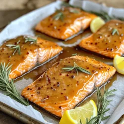 To make the best maple Dijon glazed salmon, you need these key ingredients: - 4 salmon fillets (about 6 ounces each) - 1/4 cup pure maple syrup - 2 tablespoons Dijon mustard - 1 tablespoon extra virgin olive oil - 2 cloves garlic, minced - 1 teaspoon fresh rosemary, finely chopped - Salt and freshly cracked black pepper, to taste - Lemon wedges, for serving Each ingredient plays a role. The salmon provides a rich, buttery flavor. Maple syrup adds sweetness, while Dijon mustard gives a tangy kick. Olive oil keeps it moist, and garlic adds depth. I recommend using skin-on salmon fillets for this recipe. They stay juicy and flavorful while cooking. Wild-caught salmon is ideal because it has a better taste and is more sustainable. Farmed salmon is also good but may be fattier. Fresh herbs elevate this dish. I use rosemary, but you can try thyme or dill. Fresh herbs add brightness and aroma. Seasoning with salt and pepper enhances the flavor of the salmon. Don't skip the lemon wedges for serving! They brighten the dish and balance the sweetness of the glaze. For the full recipe, check out the complete guide. First, preheat your oven to 400°F (200°C). This step is crucial for even cooking. Next, line a baking sheet with parchment paper. This makes cleanup much easier. In a small bowl, mix together the following: - 1/4 cup pure maple syrup - 2 tablespoons Dijon mustard - 1 tablespoon extra virgin olive oil - 2 cloves garlic, minced - 1 teaspoon fresh rosemary, finely chopped Whisk these ingredients until smooth. This glaze adds sweet and tangy flavors to the salmon. Take your salmon fillets and season them with salt and freshly cracked black pepper. Make sure to coat both sides evenly. This simple step enhances the taste of the fish. Arrange the seasoned salmon skin-side down on the prepared baking sheet. This position helps the fish cook evenly. Generously brush each fillet with the maple Dijon glaze. Save some glaze for basting later. Bake the salmon for about 12-15 minutes. It’s done when the fish flakes easily with a fork. For added moisture, baste the fillets with the reserved glaze halfway through baking. After baking, let the salmon rest for a couple of minutes. This allows the juices to settle. Serve hot with lemon wedges for a fresh burst of flavor. Enjoy your meal! For the full recipe, refer to the instructions above. To keep your salmon juicy, always use a timer. Bake it for 12-15 minutes. If it flakes easily with a fork, it’s done. If you bake it too long, it dries out. Basting helps too. Apply the reserved glaze halfway through cooking. This keeps moisture in and adds flavor. Flipping salmon can be tricky. If you want to flip, use a spatula. Gently slide it under the fish. If you cook it skin-side down, flipping is not needed. Basting is key. Use the glaze to baste the fish halfway through cooking. This adds a nice layer of flavor. Serve your salmon on a nice platter. Garnish with fresh rosemary and lemon slices. Drizzle any leftover glaze over the top. This adds shine and makes it look pretty. For a touch of color, you can add some green veggies on the side. A well-presented dish makes your meal feel special. For the full recipe, check out the detailed steps above! {{image_4}} You can switch things up with different glazes. Try honey instead of maple syrup for a sweet twist. Mix in soy sauce for a savory kick. A splash of orange juice adds a nice citrus flavor. Each change brings a new taste to your salmon. You can grill or bake your salmon. Grilling gives it a smoky flavor and beautiful grill marks. Just preheat your grill to medium heat. Place the salmon on foil to keep it from sticking. Baking is easier and keeps the fish moist. It’s perfect for busy nights. Both methods work well with the glaze. What should you serve with this dish? Here are some ideas: - Roasted vegetables like asparagus or Brussels sprouts - Quinoa or rice for a filling side - A fresh salad with mixed greens and lemon vinaigrette - Garlic mashed potatoes for a cozy meal These sides complement the sweet and tangy flavors of the salmon. You can mix and match based on what you like. Enjoy your meal! Store your leftover salmon in an airtight container. This keeps it fresh for up to three days. Make sure it cools to room temperature before sealing. Label the container with the date for easy tracking. To reheat salmon, use your oven or a skillet. Preheat the oven to 275°F (135°C). Place the salmon on a baking sheet and cover it with foil. Heat for about 15 minutes. This method keeps it moist. If using a skillet, add a bit of water or broth to keep it from drying out. Heat on low to medium, flipping gently. If you want to freeze the salmon, wrap each piece tightly in plastic wrap. Then, place them in a freezer bag. Remove as much air as possible to avoid freezer burn. Label the bag with the date. It can last up to three months in the freezer. To use, thaw in the fridge overnight before reheating. For a full recipe, check out the Maple Dijon Glazed Salmon recipe. The best type of salmon for this recipe is wild-caught salmon. It has a richer flavor and firmer texture than farmed salmon. Sockeye and king salmon are top choices. They cook evenly and absorb flavors well. If you cannot find wild-caught, farmed salmon is also a good option. Yes, you can use store-bought maple syrup. Just make sure it is pure maple syrup and not imitation syrup. Pure maple syrup has a richer taste that blends well with the Dijon mustard in this glaze. It adds sweetness and depth to the dish. You can tell salmon is done when it flakes easily with a fork. The fish should be opaque and slightly firm to the touch. A good internal temperature is about 145°F (63°C). Use a meat thermometer for accuracy. If you do not have one, check for a slight translucence in the center. Yes, you can prepare the glaze in advance. Just store it in an airtight container in the fridge. It will stay fresh for up to three days. When you are ready to cook, give it a quick stir before using. This will help mix the flavors again. Maple Dijon glazed salmon pairs well with many sides. Here are some options: - Steamed asparagus - Roasted sweet potatoes - Quinoa salad - Garlic mashed potatoes - Green beans with almonds These sides bring out the flavors of the glaze and make for a balanced meal. For the full recipe, check out the complete guide above. Maple Dijon glazed salmon is a delicious dish. We covered ingredients, steps, tips, and variations. You learned how to choose salmon cuts, mix glazes, and bake perfectly. Remember to store leftovers properly for future meals. Experiment with flavors and sides to make it your own. With this guide, tasty salmon is within reach. Enjoy the process and impress your friends and family with your skills!