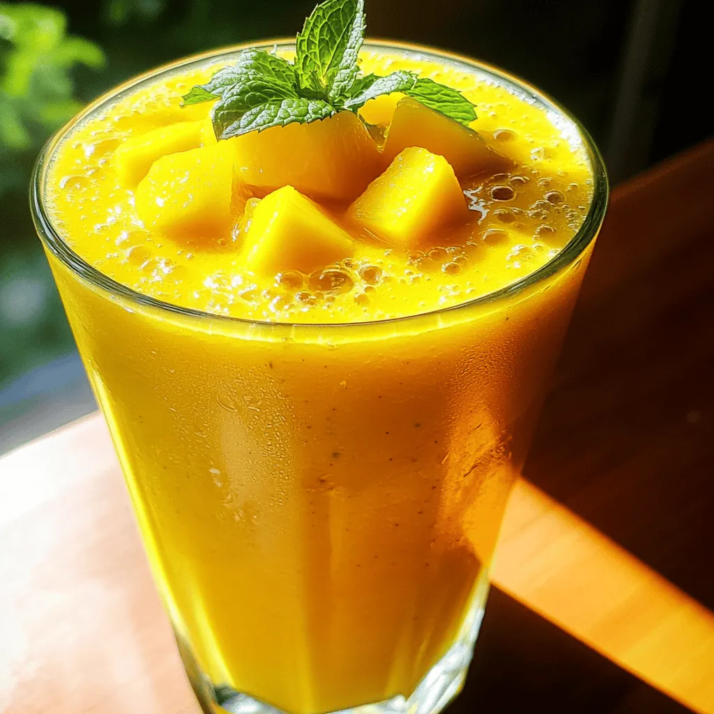 - 1 ripe mango, peeled and diced - 1 cup fresh pineapple chunks - 1 medium banana, sliced - 1 cup coconut milk (or almond milk) - 1 tablespoon honey or agave syrup (optional) - 1 tablespoon freshly squeezed lime juice - A handful of ice cubes - Fresh mint leaves for garnishing To make a great mango pineapple smoothie, you need fresh ingredients. The mango should be ripe. A ripe mango feels slightly soft when you press it. It should also smell sweet near the stem. When picking pineapple, look for a sweet smell. The leaves should be green and fresh. If the pineapple feels heavy for its size, it is likely juicy. Bananas should have a few brown spots. This means they are sweet and soft. Avoid bananas that are too green or too brown. Using fresh and ripe fruit makes your smoothie taste amazing. For a detailed guide, check the Full Recipe. First, gather all your ingredients. You will need: - 1 ripe mango, peeled and diced into bite-sized pieces - 1 cup fresh pineapple chunks, preferably chilled - 1 medium banana, sliced into rounds - 1 cup coconut milk (or substitute with almond milk for a nut-free version) - 1 tablespoon honey or agave syrup (optional) - 1 tablespoon freshly squeezed lime juice - A handful of ice cubes (about 1 cup) - Fresh mint leaves, for garnishing Next, prep your blender jar. Make sure it is clean and dry. This helps the smoothie blend smoothly and taste fresh. Now, it’s time to blend! Start by adding the diced mango, fresh pineapple chunks, and sliced banana into the blender. Pour in the coconut milk and lime juice next. If you prefer a sweeter smoothie, add the honey or agave syrup now. Finally, toss in the ice cubes. They help chill and thicken your smoothie. Blend on high speed. Watch for that smooth and creamy texture. If the mixture sticks to the sides, stop and scrape it down. Blend again until it’s perfectly mixed. Once blended, taste your smoothie. If you want it sweeter, add more honey. If you like it tangy, squeeze in some extra lime juice. Pour the smoothie into chilled glasses. This makes each sip extra refreshing. For a fun touch, garnish with fresh mint leaves. You can even add a slice of lime on the rim of each glass. Enjoy your Mango Pineapple Smoothie! To get the best texture, consider using frozen fruit instead of ice. Frozen fruit makes your smoothie creamier. Ice can water down the flavor. However, if you want a cold drink, feel free to add ice. Adjusting the liquid is key. If your smoothie is too thick, add more coconut milk. If it is too thin, add more fruit. Aim for a thick and creamy mix. If you find your smoothie is not sweet enough, try adding more honey or agave syrup. This adjustment helps balance the flavors. You can also add a bit more lime juice to enhance the zing. For a tropical twist, mix in other fruits like kiwi or passion fruit. These flavors pair well with mango and pineapple, making your smoothie even more exciting. Mango and pineapple offer many health benefits. Mango is rich in vitamins A and C. It supports your immune system and boosts skin health. Pineapple contains bromelain, which may aid digestion. In terms of calories, this smoothie is quite light. One serving has about 200 calories, depending on the added sweeteners. With all the nutrients, this drink is a delicious way to nourish your body. For the full recipe, check out the Tropical Bliss Mango Pineapple Smoothie. {{image_4}} For a creamy texture, try using plant-based options. Instead of regular yogurt or ice cream, you can use coconut yogurt. It adds a nice, tropical flavor. If you want ice cream, use dairy-free options like coconut or almond ice cream. You can also use different plant-based milks. Almond milk is a great choice if you want a nut-free version. Oat milk can add a rich creaminess, while soy milk gives a nice protein boost. Want to make your smoothie even healthier? Add some superfoods! Spinach is a great option. It blends well and adds vitamins without changing the taste much. Chia seeds are another option. They pack a punch of omega-3 fatty acids and fiber. You can also include protein powder. It will help keep you full longer. Look for a flavor that matches your smoothie. Vanilla or berry flavors pair well with mango and pineapple. Mixing in other fruits can elevate your smoothie. Try adding berries like strawberries or blueberries. They add a sweet and slightly tart flavor. If you want something more exotic, consider passion fruit or kiwi. Herbs and spices can make your drink special. Fresh mint adds coolness and brightness. A pinch of ginger brings a spicy kick. You can even sprinkle some cinnamon for warmth. These variations keep your mango pineapple smoothie fresh and exciting! For the complete recipe, check out the Full Recipe section. To keep your mango pineapple smoothie fresh, use an airtight container. Glass jars work great. Be sure to store it in the fridge. It stays good for about two days. If you see any change in color or smell, toss it out. If you want to save your smoothie for later, freezing is a smart choice. Pour the smoothie into ice cube trays or freezer-safe bags. It can last up to three months in the freezer. When you are ready to enjoy it, thaw the smoothie overnight in the fridge. For quick thawing, place the bag in warm water. Blend again for a smooth texture. Leftover smoothie can be fun! You can turn it into popsicles. Just pour the smoothie into popsicle molds and freeze. In a few hours, you’ll have a sweet treat. Another option is to use it in smoothie bowls. Pour the leftover smoothie into a bowl and add toppings like granola, nuts, or fresh fruit. This way, you create a delicious breakfast or snack! For the full recipe, check out Tropical Bliss Mango Pineapple Smoothie. You can use many options instead of coconut milk. Here are a few great choices: - Almond milk - Soy milk - Oat milk - Cashew milk These alternatives work well and keep the smoothie tasty. Almond milk is nut-free and light. Soy milk adds protein. Oat milk has a creamy texture. Cashew milk is rich and smooth. You can store the mango pineapple smoothie for up to two days in the fridge. Use an airtight container to keep it fresh. If you want to freeze it, pour it into ice cube trays. This method keeps flavor and quality. Just blend the cubes again when you’re ready to enjoy. Yes, this smoothie is healthy! It contains fresh fruits full of vitamins. Mangoes and pineapples are high in vitamin C. They also provide fiber for digestion. The coconut milk adds healthy fats. If you use honey, keep in mind it adds some sugar. Adjust based on your health needs. Yes, you can make this smoothie ahead of time. Just prepare it and store it in the fridge. If you want to keep it fresh, drink it within two days. You can also prep the fruits in advance. Keep them in the fridge for quick blending later. To make the smoothie thicker, try these tips: - Add more frozen fruit like bananas or mango. - Use less liquid. - Include yogurt for creaminess. These changes will help you achieve that perfect texture while keeping the flavor intact. Enjoy your thick and creamy smoothie! This mango pineapple smoothie is simple and tasty. You learned about key ingredients and how to blend them. I shared tips on picking fresh fruits and achieving the best texture. Plus, we explored fun variations and storage ideas. Enjoy making this smoothie! It’s healthy and a great treat. So grab your fruits and blend away!