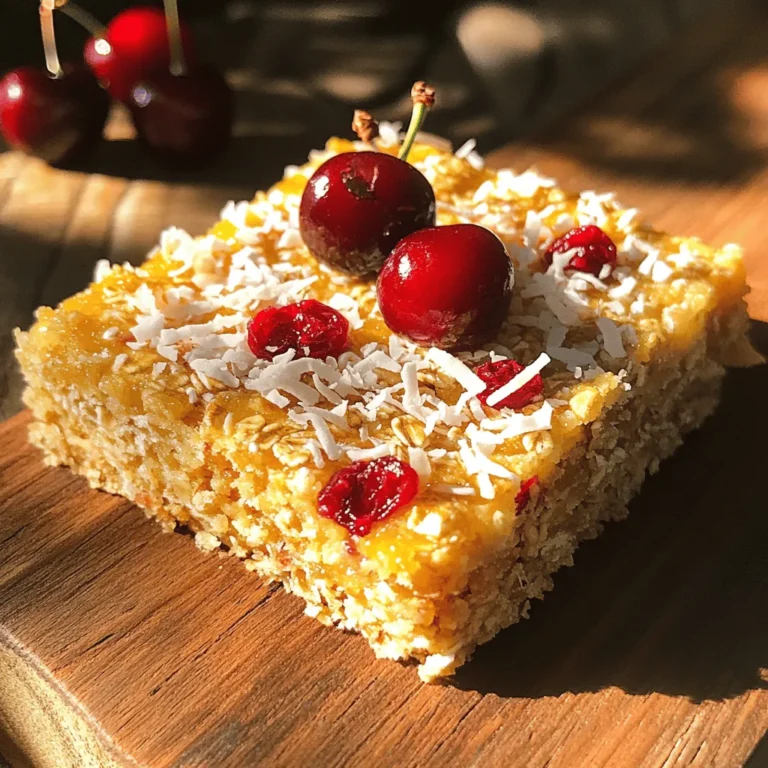 - 1 cup rolled oats - 1/2 cup shredded unsweetened coconut - 1/2 cup dried cherries, roughly chopped - 1/4 cup honey or maple syrup - 1/4 cup almond butter (or your favorite nut butter) - 1/2 teaspoon pure vanilla extract - 1/2 teaspoon ground cinnamon - 1/4 teaspoon fine sea salt - 1/4 cup chopped nuts (optional) To create these delicious Cherry Coconut Breakfast Bars, you need a few key ingredients. Rolled oats form the base. They provide fiber and keep you full. The shredded coconut adds a sweet, chewy texture. Dried cherries bring a burst of flavor and natural sweetness. Honey or maple syrup acts as a binding agent too. Almond butter gives the bars creaminess and healthy fats. If you want to switch things up, try these options: - Instead of honey or maple syrup, use agave nectar or brown rice syrup. - For nut allergies, sunflower seed butter or soy nut butter works well. - You can replace dried cherries with cranberries, apricots, or raisins. Each bar packs a nutritious punch: - About 150 calories per serving - Carbs: 20g, Fats: 7g, Proteins: 4g - Ingredients like oats and nuts provide energy and support heart health. Enjoy these bars as a tasty snack or a quick breakfast. They are filling and easy to make. You can find the full recipe earlier in this article if you want to make them today! Start by preheating your oven to 350°F (175°C). This step is key to getting the bars just right. Next, take an 8x8-inch baking dish and line it with parchment paper. Let the paper hang over the sides. This makes it easy to lift the bars out later. In a large mixing bowl, combine the following dry ingredients: - 1 cup rolled oats - 1/2 cup shredded unsweetened coconut - 1/2 cup dried cherries, roughly chopped - 1/4 cup chopped nuts (if using) - 1/2 teaspoon ground cinnamon - 1/4 teaspoon fine sea salt Mix these ingredients well to ensure they blend together evenly. This will give your bars a great taste and texture. In another bowl, whisk together: - 1/4 cup almond butter (or any nut butter you like) - 1/4 cup honey or maple syrup - 1/2 teaspoon pure vanilla extract Keep whisking until the mixture is smooth. This helps the flavors combine nicely. Now, pour the wet mixture over the dry ingredients. Stir it all together until everything is evenly coated. The mixture will be thick and sticky, so don’t worry if it feels tough to mix. Just use some elbow grease! Next, transfer the mixture to your prepared baking dish. Use a spatula or your hands to press it down firmly. This helps create a solid base. Bake in the oven for 18 to 20 minutes. Look for golden edges and a set center to know they’re done. Once you take them out of the oven, let the bars cool in the pan for about 10 minutes. After that, use the parchment paper to lift the bars out. Place them on a wire rack to cool completely before cutting them into squares or bars. For the complete Cherry Coconut Breakfast Bars recipe, check the [Full Recipe]. To get the best texture, press the mixture tightly into the baking dish. This helps the bars hold together well. The key is to pack it down firmly. When they bake, this tight packing creates a chewy, dense bar. You want the edges to be golden brown. The center should feel set but not dry. Keep an eye on them while baking to avoid burning. These bars go great with yogurt or fresh fruit. Try serving them with a dollop of Greek yogurt on the side. You can also add some sliced bananas or berries for extra flavor. For gatherings, present the bars on a rustic wooden board. A sprinkle of shredded coconut or fresh cherries on top adds a nice touch. Wrap each bar in parchment paper for a neat and portable snack. You can prepare these bars in advance for busy mornings. Make a batch and store them in the fridge. They stay fresh for about a week. For longer storage, freeze the bars. Wrap each one individually in plastic wrap and place them in a freezer bag. When you need a quick snack, just thaw them for a few minutes. Enjoy the convenience of having tasty bars ready to go! {{image_4}} You can mix up the flavor of your Cherry Coconut Breakfast Bars easily. Try adding different dried fruits like cranberries or apricots. These fruits add a nice twist and extra sweetness. You can also include chocolate chips for a rich treat. A hint of citrus zest, like lemon or orange, brightens the taste. These small changes can make your bars exciting and fun. If you want gluten-free bars, use certified gluten-free oats. They work just as well and keep the bars tasty. For a vegan option, swap honey with a plant-based sweetener like agave syrup. You can also use almond butter or peanut butter made from nuts. This way, you can enjoy the bars while sticking to your diet. Want an energy boost? You can add superfoods like chia seeds or flaxseeds. These tiny seeds pack a punch of nutrition. They help keep you full and give you lasting energy. If you need more protein, try adding protein powder to the mix. This addition makes the bars even more filling and satisfying. To keep your Cherry Coconut Breakfast Bars fresh, store them in an airtight container. This helps prevent moisture loss. I recommend using glass or plastic containers with a tight seal. Keep the bars in a cool, dry place or in the fridge. If you store them in the fridge, they stay fresh longer and taste great. You can freeze these bars for later use. Wrap each bar in plastic wrap, then place them in a freezer bag. Make sure to remove as much air as possible from the bag. This helps prevent freezer burn. When you’re ready to enjoy, take a bar out and let it thaw in the fridge overnight. For best texture, avoid microwaving them. Let them sit at room temperature for a few minutes before eating. In the fridge, these bars stay fresh for about one week. Look for signs of spoilage like mold or an off smell. If they become hard or lose flavor, it’s best to toss them. When stored correctly, they remain tasty and nutritious for many days. You can use fresh cherries, but they change the texture. Fresh cherries add moisture, making the bars softer. You may need to bake them longer to set. I recommend chopping them small and removing the pits. Absolutely! These bars are great for kids. They are tasty and healthy. The mix of oats, cherries, and coconut provides energy. Plus, kids love the sweet flavor. Yes, you can make these bars nut-free. Use sunflower seed butter instead of almond butter. This keeps the bars creamy and tasty. You can also skip the nuts entirely if needed. To make these bars gluten-free, use certified gluten-free oats. Regular oats may contain gluten. Check the package to be sure. This way, everyone can enjoy them safely. For even cutting, let the bars cool completely. Use a sharp knife for clean edges. Lift the bars out using the parchment paper. Cut them into squares or rectangles, as you like. Cherry Coconut Breakfast Bars are a tasty and healthy option. We explored key ingredients, substitutions, and nutritional info. You learned how to mix, bake, and store these bars. Remember, you can adjust flavors and cater to diets. Whether for a busy morning or a snack, these bars are simple to make. Enjoy experimenting with different options and share them with friends. Get ready to savor every bite!
