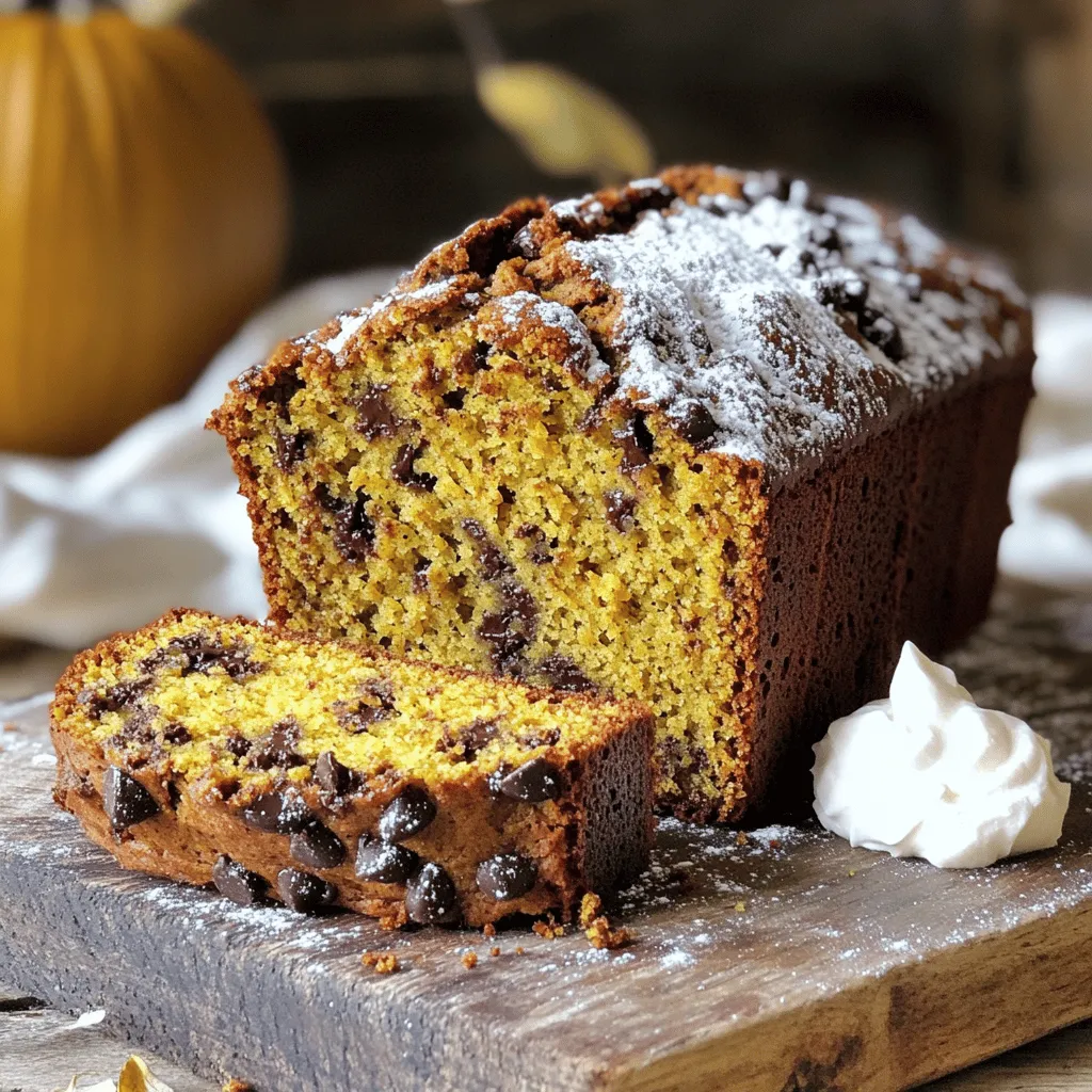 - 1 cup mashed ripe bananas (about 2 large bananas) - 1 cup canned pumpkin puree - 1/2 cup unsalted butter, melted and slightly cooled - 1 cup packed brown sugar - 1/2 cup granulated sugar - 2 large eggs, at room temperature - 1 teaspoon pure vanilla extract - 2 cups all-purpose flour, sifted - 1 teaspoon baking soda - 1/2 teaspoon baking powder - 1 teaspoon ground cinnamon - 1/2 teaspoon ground nutmeg - 1/2 teaspoon salt - 1 cup semi-sweet chocolate chips - 1/2 cup chopped walnuts (optional) When picking bananas, choose ones that are very ripe. They should have brown spots. Ripe bananas give the bread great flavor and sweetness. Use canned pumpkin puree, not pumpkin pie filling. This makes sure your bread is not too sweet. For butter, always go for unsalted. This helps control the salt level in your bread. If you like nuts, pick fresh walnuts for the best crunch. You can swap out the mashed bananas for applesauce. This makes the bread moist and adds a different flavor. If you want a dairy-free option, use coconut oil in place of butter. For a gluten-free version, use almond flour or a gluten-free blend. You can also replace eggs with flaxseed meal mixed with water for a vegan option. Just mix 1 tablespoon of flaxseed with 2.5 tablespoons of water and let it sit for five minutes. For the full recipe, check out the complete list and instructions on making this delicious treat. First, I preheat the oven to 350°F (175°C). I grease a 9x5-inch loaf pan with butter or non-stick spray. In a large bowl, I mash two ripe bananas until smooth. Then, I add one cup of canned pumpkin puree and half a cup of melted butter. I let the butter cool a bit first to avoid cooking the eggs. Next, I mix in one cup of brown sugar, half a cup of granulated sugar, two large eggs, and one teaspoon of vanilla extract. I use a whisk or spatula to blend everything until it's smooth. In a separate bowl, I whisk two cups of sifted all-purpose flour, one teaspoon of baking soda, half a teaspoon of baking powder, one teaspoon of ground cinnamon, half a teaspoon of ground nutmeg, and half a teaspoon of salt. I make sure the mixture is uniform. Then, I slowly add the dry mix to the wet banana-pumpkin mix. I stir gently with a spatula until combined, being careful not to overmix. A few lumps are okay! Now, I fold in one cup of semi-sweet chocolate chips and half a cup of chopped walnuts if I want extra crunch. Then, I pour the batter into the greased loaf pan. Using a spatula, I smooth the top for an even rise. I place the pan in the oven and bake for 55-65 minutes. I check if it’s done by inserting a toothpick in the center. If it comes out clean with a few moist crumbs, it’s ready! After baking, I let the bread cool in the pan for about 10 minutes. Finally, I transfer it to a wire rack to cool completely before slicing. For the full recipe, check out the detailed instructions above. To create the best pumpkin chocolate chip banana bread, start with ripe bananas. Ripe bananas have spots and are soft. They add sweetness and moisture. Use canned pumpkin puree for a rich flavor. It's easy and saves time. When mixing your batter, use a gentle hand. Overmixing can make the bread dense. Aim for a few lumps in the batter; it helps keep the bread light. Watch out for these common mistakes. First, don’t skip the sifting step for flour. Sifting helps your bread rise well and keeps it fluffy. Second, use room-temperature eggs. Cold eggs can make your batter uneven. Lastly, check the baking time. Every oven is different. Start checking for doneness at 55 minutes. A toothpick should come out clean, with a few moist crumbs. To boost flavor, add spices like ground ginger or cloves. They work well with pumpkin and banana. You can also try adding a splash of maple syrup. It adds a nice depth to the sweetness. For texture, consider folding in nuts or seeds. Walnuts add crunch, while sunflower seeds bring a unique touch. Finally, let the bread cool completely before slicing. This step helps the flavors settle and improves the texture. For the full recipe, refer to the original instructions. {{image_4}} You can add nuts or seeds to your bread for extra crunch. Walnuts are a classic choice, adding a rich flavor. You can use 1/2 cup of chopped walnuts in the batter. Pecans also work well, giving a sweet taste. For a nut-free option, consider sunflower seeds or pumpkin seeds. Both seeds will add a nice texture without being overpowering. Just make sure to fold them in gently to avoid breaking the batter. To make your bread stand out, try adding spices or extracts. A teaspoon of ground ginger adds a warm kick. You can also use a pinch of cloves for a deeper flavor. If you want a subtle citrus note, add a tablespoon of orange zest. It brightens the taste and pairs well with pumpkin. For chocolate lovers, try adding a tablespoon of espresso powder. It enhances the chocolate flavor without being too strong. If you need a gluten-free option, you can use almond flour or a gluten-free blend. Almond flour gives a nutty flavor and moist texture. If using a gluten-free mix, ensure it has a binding agent like xanthan gum. Substitute the 2 cups of all-purpose flour with the same amount of your chosen flour. Adjust the baking time as needed, since gluten-free bread can bake differently. Enjoy your delicious pumpkin chocolate chip banana bread without worry! For the complete recipe, check out the Full Recipe. To store your leftover pumpkin chocolate chip banana bread, wrap it tightly in plastic wrap. You can also place it in an airtight container. This keeps the bread fresh and moist. Store it at room temperature for up to three days. If you want it to last longer, consider freezing it. Freezing is a great way to save your pumpkin chocolate chip banana bread. First, let the bread cool completely. Then, slice it into pieces for easy access later. Wrap each slice in plastic wrap and place them in a freezer bag. Remove as much air as possible before sealing. This method keeps the bread good for up to three months. When you're ready to enjoy, just take out a slice! Reheating is simple. If you want a warm slice, preheat your oven to 350°F (175°C). Place the slice on a baking sheet and heat for about 10 minutes. You can also microwave a slice for 15-20 seconds, but it may not stay as moist as when baked. For added flavor, spread a little butter or cream cheese on top before warming! Yes, you can use frozen bananas. Just thaw them first. Frozen bananas become soft and mushy. This makes them easy to mash. They also add great flavor to your bread. You can make this recipe healthier in a few ways. Here are some ideas: - Use whole wheat flour instead of all-purpose flour. - Replace half the sugar with applesauce or honey. - Add nuts or seeds for extra protein and fiber. - Use less butter or substitute with Greek yogurt. These swaps can give you a tasty treat with a bit less guilt. If you need an egg substitute, you have options. Here are some good choices: - Use 1/4 cup unsweetened applesauce for each egg. - Try 1/4 cup yogurt or silken tofu. - You can also use a flax egg, made by mixing 1 tablespoon of ground flaxseed with 3 tablespoons of water. These substitutes work well and keep your bread moist and delicious. For the Full Recipe, check out the complete details. We covered how to make delicious pumpkin chocolate chip banana bread step by step. We looked at key ingredients and tips for choosing them, plus how to swap them out. I shared baking tips, common mistakes, and ways to boost flavor. Variations allow you to customize the recipe further. Finally, storing and reheating tips keep your bread fresh and tasty. Enjoy baking and sharing this treat with friends!