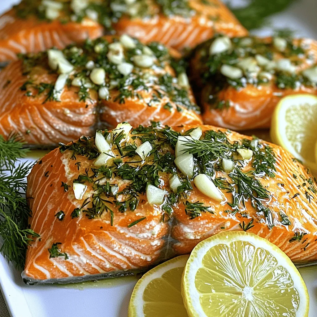 - 4 salmon fillets (approximately 6 oz each) - 4 tablespoons extra virgin olive oil - 4 garlic cloves, finely minced - 2 tablespoons fresh parsley, roughly chopped - 1 tablespoon fresh dill, finely chopped - 1 tablespoon fresh thyme leaves - Juice of 1 large lemon (about 2 tablespoons) - Salt and freshly ground black pepper, to taste - Lemon slices, for garnish - Extra fresh herbs, for garnish (optional) Gather these ingredients to make a tasty Garlic Herb Roasted Salmon. The salmon is the star here, so choose fresh fillets for the best flavor. You will need garlic to add that punch and herbs for freshness. Olive oil not only helps the salmon cook but also gives it a rich taste. The lemon juice brightens the dish and balances the flavors. Salt and pepper are must-haves for seasoning. You can add lemon slices on top when serving to make it look pretty. Fresh herbs make for a nice garnish and add extra flavor. Want the full recipe? You can find it in the detailed instructions. With these ingredients, you’ll create a dish that brings joy to your table. - Preheat your oven to 400°F (200°C). - Line a baking sheet with parchment paper. Start by getting your oven nice and hot. Preheating helps the salmon cook evenly. The parchment paper makes cleanup easy. You won't have to scrub the pan later! - Combine olive oil, minced garlic, chopped herbs, and lemon juice. - Whisk until well blended. Now, let’s make the herb marinade. In a bowl, mix olive oil, minced garlic, chopped parsley, dill, thyme, and lemon juice. Whisk it all together. You want it to be smooth and mixed well. This mixture gives the salmon its delicious flavor. - Arrange salmon fillets skin-side down on the baking sheet. - Apply the herb marinade generously on each fillet. - Let marinate at room temperature for 15-20 minutes. Place salmon fillets on the baking sheet. Make sure the skin side is down. This helps it cook better. Take the herb marinade and pour it over the salmon. Use a spoon or brush to cover each fillet. Let the salmon sit for 15-20 minutes. This step lets the flavors soak in. - Place in preheated oven. - Roast for 12-15 minutes or until flakiness is achieved. Now, it’s time to roast! Put the baking sheet in the hot oven. Roast the salmon for 12-15 minutes. You want to see it flake easily with a fork when it’s done. Keep an eye on it, so it doesn't overcook. - Remove from oven and allow salmon to rest for a few minutes. - Garnish with lemon slices and extra herbs (optional). Once it’s done, take it out of the oven. Let the salmon rest for a few minutes. This helps keep it juicy. Serve the salmon with lemon slices on top. You can add extra herbs for a pop of color. Enjoy your Garlic Herb Roasted Salmon! For the full recipe, check out the complete details above. To check for doneness, use a fork. Gently flake the salmon at the thickest part. If it flakes easily, it’s done. Salmon cooks differently based on thickness. Thinner fillets need less time, while thicker ones take longer. Keep an eye on your fillets to avoid overcooking. Marinating adds rich flavor to your salmon. I recommend marinating for at least 15-20 minutes. For deeper flavor, marinate overnight in the fridge. This lets the garlic and herbs infuse the salmon. You’ll taste the difference! Oven roasting is great, but grilling offers a smoky flavor. You can also broil the salmon for a quicker cook. Broiling cooks the top fast while keeping the inside juicy. Choose the method that fits your time and taste! {{image_4}} You can switch up the herbs in your marinade. Try using basil or cilantro for a fresh twist. Both herbs add a unique and vibrant taste to the salmon. For those who like a kick, add a pinch of red pepper flakes. This small change can bring a delightful heat to the dish. Pair your garlic herb roasted salmon with tasty sides. Quinoa or rice pilaf works great as a base. Both options soak up flavors well and add texture. Consider adding a complementary sauce, like a lemon dill sauce, for extra flavor. A simple yogurt sauce can also enhance the meal. To create a complete meal, think about your sides and starters. A fresh salad with mixed greens can brighten the plate. Roasted asparagus or broccoli makes a great veggie side. For dessert, consider something light like sorbet or fruit salad. This way, you balance the meal with a sweet note at the end. For the full recipe, check out the detailed steps above. After you cook your garlic herb roasted salmon, let it cool down. Place any leftovers in a container. Use a tight-sealing container to keep it fresh. You can also wrap the salmon tightly in plastic wrap. Store it in the fridge for up to three days. If you want to enjoy it later, freezing is a great option. To freeze salmon fillets, first cool them completely. Place the fillets in a freezer-safe bag. Remove as much air as you can before sealing. Label the bag with the date. This helps you track how long it has been frozen. You can store salmon in the freezer for up to three months. When you’re ready to cook, take it out and thaw it. Always thaw salmon in the fridge overnight for the best texture. When you reheat salmon, you want to keep it moist. The best way is to use the oven. Preheat your oven to 275°F (135°C). Place the salmon on a baking sheet. Cover it loosely with foil. Heat for about 15 to 20 minutes, or until warm. You can also reheat it in a pan on low heat. This keeps it from drying out. Aim to reach an internal temperature of 125°F (52°C) for warm salmon without losing flavor. Yes, you can use frozen salmon. Just make sure to thaw it first. Place the salmon in the fridge overnight or submerge it in cold water for faster thawing. Adjust the cooking time slightly. Frozen salmon may need an extra 2 to 4 minutes in the oven. Check for doneness to ensure it is fully cooked. Look for the salmon to be opaque and flaky. You can use a fork to test it. When the fish flakes easily, it’s ready. The internal temperature should reach 145°F (63°C). If you want a more tender texture, you can take it out a minute or two earlier. If you don't have fresh herbs, use dried ones. Use one-third of the amount of dried herbs as you would fresh. For example, if the recipe calls for 1 tablespoon of fresh parsley, use 1 teaspoon of dried parsley. This keeps the flavor strong without overpowering the dish. Absolutely! Roasting vegetables adds color and taste. Try adding asparagus, bell peppers, or cherry tomatoes. Cut them to similar sizes for even cooking. Toss them in olive oil and season with salt and pepper. Place them on the baking sheet with the salmon for a complete meal. This blog post covered a simple and tasty salmon recipe. You learned about the key ingredients, the easy steps to prepare the dish, and helpful tips for cooking perfect salmon. Consider trying different herbs or side dishes to make it your own. Remember, marinating the salmon enhances its flavor. Proper storage keeps your leftovers fresh for later. With these insights, you can create a delicious meal that impresses. Enjoy your cooking journey and make this roasted salmon recipe a new favorite!