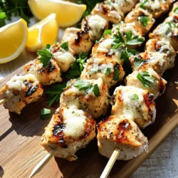 - 1 pound boneless chicken breasts - 3 tablespoons extra-virgin olive oil - 4 cloves garlic, finely minced - 1 teaspoon dried oregano - 1 teaspoon dried thyme - Salt and freshly ground black pepper, to taste - ½ cup freshly grated Parmesan cheese - 2 tablespoons fresh parsley, finely chopped (for garnish) - Wooden skewers (if using, soak in water) - Metal skewers - Grill or grill pan When making Garlic Parmesan Chicken Skewers, you need simple yet fresh ingredients. Start with 1 pound of boneless chicken breasts. Cut these into 1-inch cubes for even cooking. The chicken is the star of the dish, so quality matters. Use fresh chicken for the best taste. Next, grab 3 tablespoons of extra-virgin olive oil. This oil adds flavor and helps the spices stick to the chicken. Then, use 4 cloves of garlic, finely minced. Garlic is key. It gives the skewers a strong, tasty punch. Seasonings also play a big role. You will need 1 teaspoon of dried oregano and 1 teaspoon of dried thyme. These herbs boost the flavor profile. Don’t forget salt and freshly ground black pepper to taste. A little salt enhances all the flavors! Now for the finishing touch: ½ cup of freshly grated Parmesan cheese. This cheese melts beautifully and adds a rich, creamy flavor. Finally, for garnish, use 2 tablespoons of fresh parsley, finely chopped. It adds color and freshness to the dish. Don’t forget the equipment! Wooden skewers require soaking in water for about 30 minutes. This helps them cook without burning. Metal skewers also work well. You will also need a grill or grill pan to cook the skewers perfectly. For the full recipe, be sure to check the detailed instructions! - Preheat the grill or grill pan: Start by heating the grill or grill pan over medium-high heat. If you use wooden skewers, soak them in water for about 30 minutes. This step helps prevent burning while cooking. - Marinate the chicken: In a mixing bowl, whisk together olive oil, minced garlic, dried oregano, dried thyme, salt, and pepper. Add the chicken cubes to the bowl. Make sure every piece is coated well. Let the chicken sit for at least 15 minutes. This time allows the flavors to soak in. - Threading the chicken onto the skewers: After marinating, take the skewers and thread the chicken cubes onto them. Leave small gaps between the pieces. This space helps the chicken cook evenly and get those nice grill marks. - Ensuring even spacing for cooking: Be mindful of how you place the chicken. Proper spacing promotes even heat and cooking. It ensures each piece gets that perfect char. - Grilling the skewers: Place the skewers on your preheated grill. Cook the chicken for about 10-12 minutes. Turn the skewers occasionally to cook all sides evenly. The chicken is ready when juices run clear and it reaches an internal temperature of 165°F (74°C). - Adding Parmesan cheese at the end: In the last 2 minutes of grilling, sprinkle the grated Parmesan cheese over the skewers. Close the grill lid to let the cheese melt. This creates a tasty golden crust. For the full recipe, check out the details provided above. Enjoy this flavorful and simple meal! Marinating chicken is key for adding flavor. It helps the chicken absorb all the tasty spices and oils. I recommend marinating for at least 15 minutes. This time allows the flavors to blend well without making the chicken mushy. If you have a bit more time, letting it sit for a few hours is even better. You’ll taste the difference! Getting the grill hot enough is important. Aim for medium-high heat, around 375°F to 400°F. Grill the skewers for about 10-12 minutes. Turn them every few minutes for even cooking. To check if the chicken is done, look for clear juices and an internal temperature of 165°F. A meat thermometer works best for this. For a stunning plate, serve the skewers on a colorful platter. Add some lemon wedges for a fresh touch. You can also sprinkle extra parsley for color. Pair these skewers with a crisp salad or your favorite dipping sauce. This makes the meal not only tasty but also beautiful. For more ideas, check the Full Recipe for serving suggestions. {{image_4}} You can boost the flavor of your Garlic Parmesan Chicken Skewers easily. Here are some ideas: - Different herbs or spices: Try adding fresh basil, rosemary, or paprika. Each herb brings its own taste. - Incorporate vegetables: Bell peppers, onions, or cherry tomatoes work well on skewers. They add color and extra nutrients. Pairing your skewers with the right sides makes a great meal. Here are some tasty options: - Salads or dips: A fresh garden salad or a creamy ranch dip complements the skewers well. You could also serve them with hummus for a fun twist. - Rice or quinoa: Both make great side dishes. They soak up any extra juices and add a nice texture. You don't have to grill your skewers if you prefer other methods. Here are two easy options: - Oven-baking: Preheat your oven to 400°F. Spread the skewers on a baking sheet and bake for 15-20 minutes. This method keeps the chicken moist. - Stovetop pan-searing: Heat some oil in a skillet over medium heat. Cook the skewers for about 10-12 minutes, turning to brown all sides. This method gives a nice crust. For the full details on making these delicious skewers, check out the Full Recipe. To store leftover skewers, let them cool down first. Then, place them in an airtight container. You can also wrap them tightly in plastic wrap. This method keeps them fresh. Leftover skewers will stay good in the fridge for up to three days. Make sure to eat them within that time for the best taste. For freezing chicken skewers, wrap them in plastic wrap and then in foil. This double layer helps prevent freezer burn. You can freeze them for up to three months. When you want to eat them, take them out and thaw them in the fridge overnight. For quick thawing, you can also use the microwave, but be careful not to cook them. To reheat your skewers without drying them out, use the oven. Preheat it to 350°F (175°C). Place the skewers on a baking sheet and cover them with foil. Heat for about 10-15 minutes. You can also use a skillet over medium heat. Just add a splash of water and cover it. This method keeps them juicy. Enjoy your leftovers with a fresh side salad or your favorite dip! To make Garlic Parmesan Chicken Skewers, follow these key steps: 1. Preheat the grill to medium-high heat. 2. Marinate the chicken with olive oil, garlic, oregano, thyme, salt, and pepper. 3. Thread the chicken onto skewers, leaving space for even cooking. 4. Grill the skewers for 10-12 minutes, turning them often. 5. Add Parmesan cheese during the last 2 minutes of cooking. 6. Serve with parsley for a fresh touch. You can find the full recipe at the beginning of this article. If you want to swap chicken, try these options: - Turkey breast works well and has a mild flavor. - Tofu is great for a vegetarian choice; use firm tofu for best results. - Shrimp can also be used; they grill quickly and absorb flavors well. Yes, you can prep the skewers ahead of time. Here are some tips: - Marinate the chicken up to 24 hours in advance. - Assemble the skewers and store them in the fridge, covered. - Grill them when you're ready to eat. This saves time and makes dinner easy. These sides pair well with Garlic Parmesan Chicken Skewers: - Crisp salad with mixed greens and a light vinaigrette. - Roasted vegetables like zucchini or bell peppers add color and flavor. - Garlic bread brings a nice touch and complements the dish well. You can make these skewers in advance and store them safely. Here’s how: - Cook the skewers fully, then cool them down. - Store in an airtight container in the fridge for up to 3 days. - Reheat gently in the oven or grill to avoid drying them out. These steps help keep your meal ready for busy days. Making Garlic Parmesan Chicken Skewers is simple and rewarding. You need just chicken, herbs, garlic, and cheese. Marinating brings great flavor, while grilling gives a nice char. You can switch things up with herbs and veggies. Remember to store leftovers wisely, so they stay tasty. These skewers are perfect for any meal. Try different sides to make it your own. Enjoy your cooking and creativity!