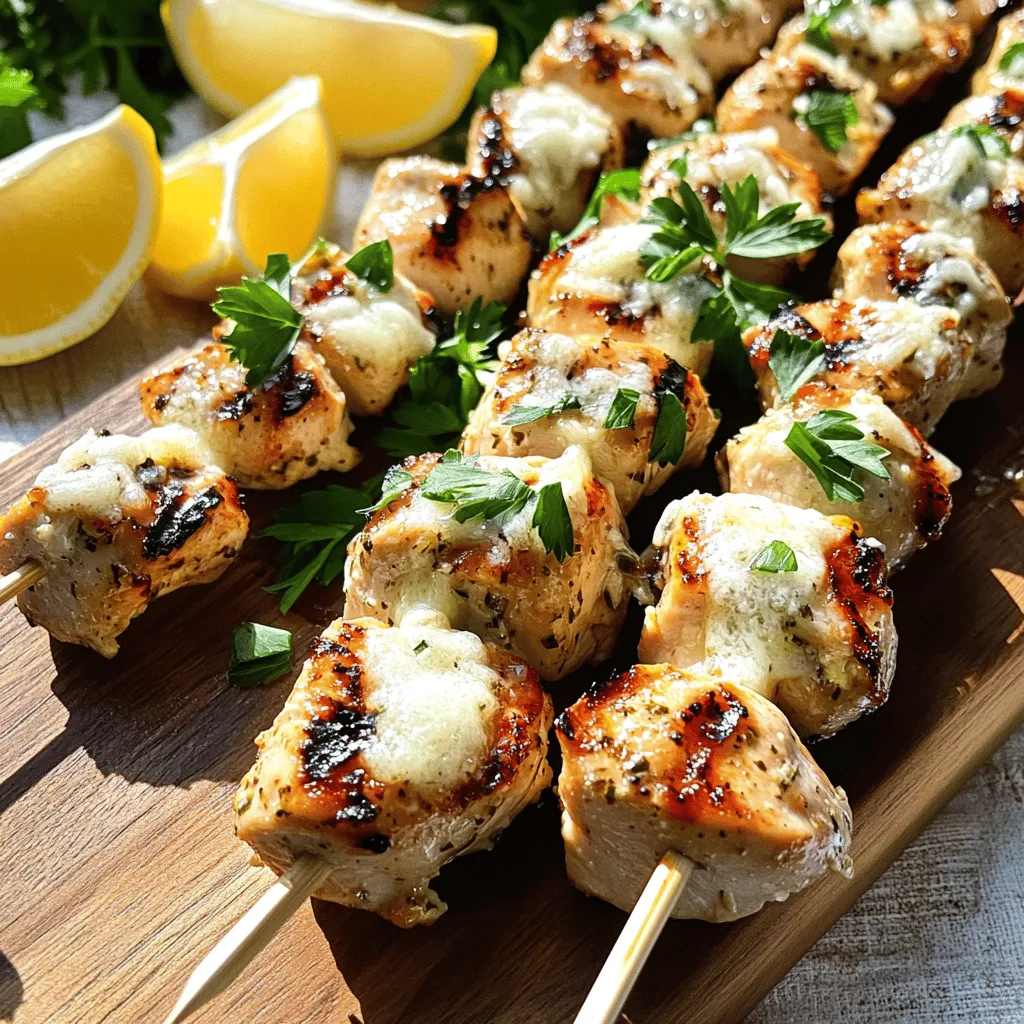 - 1 pound boneless chicken breasts - 3 tablespoons extra-virgin olive oil - 4 cloves garlic, finely minced - 1 teaspoon dried oregano - 1 teaspoon dried thyme - Salt and freshly ground black pepper, to taste - ½ cup freshly grated Parmesan cheese - 2 tablespoons fresh parsley, finely chopped (for garnish) - Wooden skewers (if using, soak in water) - Metal skewers - Grill or grill pan When making Garlic Parmesan Chicken Skewers, you need simple yet fresh ingredients. Start with 1 pound of boneless chicken breasts. Cut these into 1-inch cubes for even cooking. The chicken is the star of the dish, so quality matters. Use fresh chicken for the best taste. Next, grab 3 tablespoons of extra-virgin olive oil. This oil adds flavor and helps the spices stick to the chicken. Then, use 4 cloves of garlic, finely minced. Garlic is key. It gives the skewers a strong, tasty punch. Seasonings also play a big role. You will need 1 teaspoon of dried oregano and 1 teaspoon of dried thyme. These herbs boost the flavor profile. Don’t forget salt and freshly ground black pepper to taste. A little salt enhances all the flavors! Now for the finishing touch: ½ cup of freshly grated Parmesan cheese. This cheese melts beautifully and adds a rich, creamy flavor. Finally, for garnish, use 2 tablespoons of fresh parsley, finely chopped. It adds color and freshness to the dish. Don’t forget the equipment! Wooden skewers require soaking in water for about 30 minutes. This helps them cook without burning. Metal skewers also work well. You will also need a grill or grill pan to cook the skewers perfectly. For the full recipe, be sure to check the detailed instructions! - Preheat the grill or grill pan: Start by heating the grill or grill pan over medium-high heat. If you use wooden skewers, soak them in water for about 30 minutes. This step helps prevent burning while cooking. - Marinate the chicken: In a mixing bowl, whisk together olive oil, minced garlic, dried oregano, dried thyme, salt, and pepper. Add the chicken cubes to the bowl. Make sure every piece is coated well. Let the chicken sit for at least 15 minutes. This time allows the flavors to soak in. - Threading the chicken onto the skewers: After marinating, take the skewers and thread the chicken cubes onto them. Leave small gaps between the pieces. This space helps the chicken cook evenly and get those nice grill marks. - Ensuring even spacing for cooking: Be mindful of how you place the chicken. Proper spacing promotes even heat and cooking. It ensures each piece gets that perfect char. - Grilling the skewers: Place the skewers on your preheated grill. Cook the chicken for about 10-12 minutes. Turn the skewers occasionally to cook all sides evenly. The chicken is ready when juices run clear and it reaches an internal temperature of 165°F (74°C). - Adding Parmesan cheese at the end: In the last 2 minutes of grilling, sprinkle the grated Parmesan cheese over the skewers. Close the grill lid to let the cheese melt. This creates a tasty golden crust. For the full recipe, check out the details provided above. Enjoy this flavorful and simple meal! Marinating chicken is key for adding flavor. It helps the chicken absorb all the tasty spices and oils. I recommend marinating for at least 15 minutes. This time allows the flavors to blend well without making the chicken mushy. If you have a bit more time, letting it sit for a few hours is even better. You’ll taste the difference! Getting the grill hot enough is important. Aim for medium-high heat, around 375°F to 400°F. Grill the skewers for about 10-12 minutes. Turn them every few minutes for even cooking. To check if the chicken is done, look for clear juices and an internal temperature of 165°F. A meat thermometer works best for this. For a stunning plate, serve the skewers on a colorful platter. Add some lemon wedges for a fresh touch. You can also sprinkle extra parsley for color. Pair these skewers with a crisp salad or your favorite dipping sauce. This makes the meal not only tasty but also beautiful. For more ideas, check the Full Recipe for serving suggestions. {{image_4}} You can boost the flavor of your Garlic Parmesan Chicken Skewers easily. Here are some ideas: - Different herbs or spices: Try adding fresh basil, rosemary, or paprika. Each herb brings its own taste. - Incorporate vegetables: Bell peppers, onions, or cherry tomatoes work well on skewers. They add color and extra nutrients. Pairing your skewers with the right sides makes a great meal. Here are some tasty options: - Salads or dips: A fresh garden salad or a creamy ranch dip complements the skewers well. You could also serve them with hummus for a fun twist. - Rice or quinoa: Both make great side dishes. They soak up any extra juices and add a nice texture. You don't have to grill your skewers if you prefer other methods. Here are two easy options: - Oven-baking: Preheat your oven to 400°F. Spread the skewers on a baking sheet and bake for 15-20 minutes. This method keeps the chicken moist. - Stovetop pan-searing: Heat some oil in a skillet over medium heat. Cook the skewers for about 10-12 minutes, turning to brown all sides. This method gives a nice crust. For the full details on making these delicious skewers, check out the Full Recipe. To store leftover skewers, let them cool down first. Then, place them in an airtight container. You can also wrap them tightly in plastic wrap. This method keeps them fresh. Leftover skewers will stay good in the fridge for up to three days. Make sure to eat them within that time for the best taste. For freezing chicken skewers, wrap them in plastic wrap and then in foil. This double layer helps prevent freezer burn. You can freeze them for up to three months. When you want to eat them, take them out and thaw them in the fridge overnight. For quick thawing, you can also use the microwave, but be careful not to cook them. To reheat your skewers without drying them out, use the oven. Preheat it to 350°F (175°C). Place the skewers on a baking sheet and cover them with foil. Heat for about 10-15 minutes. You can also use a skillet over medium heat. Just add a splash of water and cover it. This method keeps them juicy. Enjoy your leftovers with a fresh side salad or your favorite dip! To make Garlic Parmesan Chicken Skewers, follow these key steps: 1. Preheat the grill to medium-high heat. 2. Marinate the chicken with olive oil, garlic, oregano, thyme, salt, and pepper. 3. Thread the chicken onto skewers, leaving space for even cooking. 4. Grill the skewers for 10-12 minutes, turning them often. 5. Add Parmesan cheese during the last 2 minutes of cooking. 6. Serve with parsley for a fresh touch. You can find the full recipe at the beginning of this article. If you want to swap chicken, try these options: - Turkey breast works well and has a mild flavor. - Tofu is great for a vegetarian choice; use firm tofu for best results. - Shrimp can also be used; they grill quickly and absorb flavors well. Yes, you can prep the skewers ahead of time. Here are some tips: - Marinate the chicken up to 24 hours in advance. - Assemble the skewers and store them in the fridge, covered. - Grill them when you're ready to eat. This saves time and makes dinner easy. These sides pair well with Garlic Parmesan Chicken Skewers: - Crisp salad with mixed greens and a light vinaigrette. - Roasted vegetables like zucchini or bell peppers add color and flavor. - Garlic bread brings a nice touch and complements the dish well. You can make these skewers in advance and store them safely. Here’s how: - Cook the skewers fully, then cool them down. - Store in an airtight container in the fridge for up to 3 days. - Reheat gently in the oven or grill to avoid drying them out. These steps help keep your meal ready for busy days. Making Garlic Parmesan Chicken Skewers is simple and rewarding. You need just chicken, herbs, garlic, and cheese. Marinating brings great flavor, while grilling gives a nice char. You can switch things up with herbs and veggies. Remember to store leftovers wisely, so they stay tasty. These skewers are perfect for any meal. Try different sides to make it your own. Enjoy your cooking and creativity!