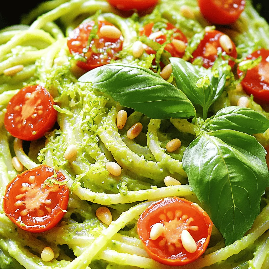 - 12 oz pasta (choose spaghetti or fettuccine) - 2 ripe avocados - 1 lime (juice and zest) - 2 cloves garlic The main ingredients for creamy avocado lime pasta are simple. I like to use spaghetti or fettuccine because they hold the sauce well. The ripe avocados bring a rich creaminess to the dish. You’ll get a fresh zing from the lime juice and zest. Garlic adds a bold flavor that makes every bite delicious. - Handful of cherry tomatoes (halved) - Toasted pine nuts - Fresh basil leaves I often add cherry tomatoes for a pop of color and sweetness. Toasted pine nuts give the dish a nice crunch. Fresh basil leaves on top add a lovely aroma and freshness. These garnishes make the pasta not just tasty, but also pretty. - Grated Parmesan cheese or nutritional yeast - Olive oil variations If you want a cheesy taste without dairy, use nutritional yeast. Grated Parmesan cheese works well too. You can change the olive oil for another oil if you prefer. This flexibility makes the recipe easy to adapt to your taste. For the full recipe, check out the detailed steps and instructions. - Bring salted water to a boil. - Cook the pasta according to package instructions. This usually takes about 8-10 minutes. - Once done, reserve 1 cup of the pasta water. Drain the pasta in a colander. Set it aside. - In a food processor, add the ripe avocados. - Squeeze in the lime juice and add the lime zest. - Add minced garlic and fresh basil leaves. - Blend until smooth and creamy. - If the sauce is thick, add a splash of reserved pasta water. Blend again for the perfect consistency. - In a large bowl, mix the cooked pasta with the avocado sauce. - Toss gently until every strand of pasta is fully coated. - If the pasta seems dry, add reserved pasta water a bit at a time. This helps the sauce cling beautifully to the noodles. For a complete guide, check the Full Recipe. To make your creamy avocado lime pasta even tastier, adjust the seasoning with salt and pepper. This simple step brings out the best in your dish. You can also add fresh lemon zest for an extra zing. The zest will brighten up the flavors and give your pasta a refreshing twist. If your sauce is too thick, use reserved pasta water to reach your desired creaminess. This step helps the sauce cling to the pasta, making every bite delightful. If you need a bit more smoothness, add a splash of high-quality olive oil. This not only enhances texture but also adds richness to the dish. For a stunning presentation, drizzle a little olive oil over the top before serving. Place a sprig of fresh basil at the center of each bowl for a pop of color. Pair your pasta with a simple salad or crusty bread. These sides complement the creamy pasta and round out the meal. For the full recipe, check out the provided link. {{image_4}} You can easily make this dish vegan. Simply replace the Parmesan cheese with nutritional yeast. This swap gives a cheesy flavor without dairy. You can also use a nut-free pesto sauce instead of the creamy avocado sauce. This will give you a fresh twist. Both options keep the dish light and tasty. Want to add more protein? Grilled chicken or shrimp are great choices. They pair well with the creamy avocado sauce. If you prefer a vegetarian option, add beans. Black beans or chickpeas work well for a protein boost. They also add a nice texture and flavor to the meal. Looking to spice things up? Try adding chili flakes or smoked paprika. These spices add warmth and depth to the dish. You can also incorporate seasonal vegetables, like spinach or zucchini. They not only enhance the flavor but also add nutrients and color. Enjoy experimenting with flavors and textures! Store any leftover creamy avocado lime pasta in an airtight container. This keeps it fresh and tasty. I recommend using it within 2-3 days for the best flavor. The avocado can brown over time, so eat it soon! You can freeze the pasta or the sauce separately. If you freeze the pasta, it might get mushy. For the sauce, freeze it in small portions. To thaw, move it to the fridge overnight. Reheat gently in a pan or microwave until warm. Add a splash of water if it seems too thick. Prevent the avocado from turning brown by adding a bit of lime juice. This helps keep its bright green color. When storing pasta, avoid letting it sit too long in the sauce. This keeps the pasta firm and not mushy. Enjoy your creamy avocado lime pasta at its best! To make creamy avocado lime pasta, first, cook your pasta. Use 12 oz of spaghetti or fettuccine. While the pasta cooks, blend two ripe avocados, lime juice, garlic, and fresh basil in a food processor. Once smooth, mix the avocado sauce with your drained pasta. Adjust the texture with reserved pasta water if needed. Season with salt and pepper. Serve with cherry tomatoes and toasted pine nuts on top. For the [Full Recipe], follow the detailed steps outlined. Yes, you can use different pasta types. Whole wheat or gluten-free pasta works well too. You might like penne or farfalle for a fun shape. Just cook them according to the package instructions. The creamy avocado sauce pairs well with any pasta. Leftover avocado pasta can be enjoyed cold as a salad. Add a splash of lime juice to brighten the flavor. You can also mix in cooked chicken or shrimp for a hearty meal. If you want, heat it gently in a pan, adding a bit of olive oil to keep it creamy. In this blog post, we explored making creamy avocado lime pasta. We covered the main ingredients and optional garnishes. I shared step-by-step instructions for cooking and combining. You learned tips for enhancing flavor and adjusting texture. We also discussed variations, storage tips, and answered common questions. This dish is simple, tasty, and fun to make. Enjoy experimenting with flavors and ingredients. I hope you feel inspired to create your own version of this meal. Happy cooking!